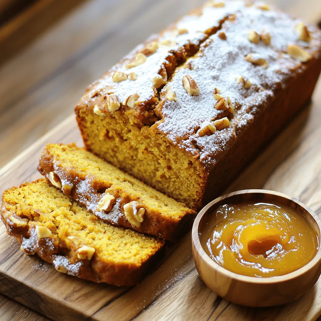 To make this loaf, you need simple yet tasty ingredients. Here’s what you will need: - 1 cup pumpkin puree (canned or homemade) - 1/2 cup apple cider - 1/2 cup vegetable oil - 3/4 cup brown sugar - 1/4 cup granulated sugar - 2 large eggs - 2 cups all-purpose flour - 1 teaspoon baking soda - 1/2 teaspoon baking powder - 1/2 teaspoon salt - 1 teaspoon ground cinnamon - 1/2 teaspoon ground nutmeg - 1/4 teaspoon ground ginger - 1/4 cup chopped walnuts or pecans (optional) Each ingredient brings its own flavor. The pumpkin puree adds moisture, while the apple cider offers a sweet tang. The sugars help create that nice, golden crust. You can make this loaf even better with some optional add-ins. Here are some great ideas: - 1/4 cup chopped walnuts or pecans for crunch - 1/2 cup chocolate chips for a sweet twist - 1/2 cup dried cranberries for a fruity touch These add-ins can enhance the flavor and add different textures to your loaf. If you need to swap out some ingredients, here are some easy replacements: - Use coconut oil instead of vegetable oil for a tropical flavor. - Replace brown sugar with coconut sugar for a healthier option. - For a gluten-free version, use a gluten-free flour blend. These substitutions can help you adapt the recipe to your needs while keeping the taste delicious. First, preheat the oven to 350°F (175°C). This step is key. Grease a 9x5-inch loaf pan. You can also line it with parchment paper for easy removal. In a large bowl, whisk together the pumpkin puree, apple cider, vegetable oil, brown sugar, granulated sugar, and eggs. Mix these well until they blend smoothly. In another bowl, sift the all-purpose flour, baking soda, baking powder, salt, cinnamon, nutmeg, and ginger. This helps to get rid of lumps. Now, slowly add the dry mix to the wet mix. Stir gently until just combined. Avoid overmixing, as it may change the texture of the loaf. If you like nuts, fold in the chopped walnuts or pecans now. Pour the batter into the prepared loaf pan. Smooth the top with a spatula for even baking. Place the pan in the preheated oven. Bake for 55 to 65 minutes. Use a toothpick to check if it's done. Insert it into the center of the loaf. If it comes out clean, your loaf is ready! Once baked, let the loaf cool in the pan for 10 minutes. After that, transfer it to a wire rack. Let it cool completely before slicing. For a lovely presentation, serve the slices on a wooden cutting board. You can dust the top with powdered sugar for a festive look. Pair it with apple butter or cream cheese spread for a tasty treat! To get the best texture for your loaf, use room-temperature ingredients. Cold items can make the batter dense. Pumpkin puree should be smooth and not watery. If it's too watery, your loaf may turn out soggy. Mix the wet and dry ingredients gently. Overmixing can make the loaf tough. You want a soft, moist crumb that melts in your mouth. Always preheat your oven to 350°F (175°C). This step ensures even baking. Use a 9x5-inch loaf pan. Greasing it or lining it with parchment paper helps with easy removal. Place the loaf in the center of the oven for even heat. Avoid opening the oven door too early. This can cause your loaf to sink. Check for doneness with a toothpick. It should come out clean when your loaf is ready. If your loaf sinks in the middle, it may be underbaked. Always check the baking time. If it’s too dry, you may have overbaked it. Keep an eye on the time and do the toothpick test. If you see cracks on top, it might be due to high oven heat. Lower the temperature if this happens. Lastly, if your loaf sticks to the pan, make sure you greased it well or used parchment paper. {{image_2}} You can make Apple Cider Pumpkin Loaf healthier. Try using whole wheat flour instead of all-purpose flour. This adds fiber, which is good for digestion. You can also replace some oil with applesauce. This keeps the loaf moist while cutting calories. For sugar, use coconut sugar or honey. These options are less processed and have a lower glycemic index. To boost flavor, add spices like clove or allspice. They give the loaf a warm, cozy taste. You can also mix in dried fruits like cranberries or raisins. They add sweetness and a chewy texture. For a nutty flavor, try toasting the walnuts or pecans before adding them. Toasting brings out their natural oils and deepens the taste. If you need a gluten-free loaf, swap all-purpose flour for a gluten-free blend. Look for blends that contain xanthan gum for better texture. You can also use almond flour or oat flour. Keep in mind that these may change the loaf's texture. If you use almond flour, reduce the amount slightly. Always check labels for gluten-free certification to avoid cross-contamination. To keep your Apple Cider Pumpkin Loaf fresh, wrap it in plastic wrap. Place it in an airtight container. This method helps retain moisture and flavor. Store it at room temperature for up to three days. If you want to keep it longer, consider freezing it. To freeze the loaf, first, let it cool completely. Wrap it tightly in plastic wrap. Then, place it in a freezer-safe bag or container. This way, you can store it for up to three months. When you are ready to enjoy it, just thaw it overnight in the fridge. To reheat the loaf, preheat your oven to 350°F (175°C). Remove any plastic wrap before placing it in the oven. Heat for about 10 to 15 minutes. Check if it is warm enough before serving. You can also microwave individual slices for about 20 seconds. Enjoy your warm loaf with a spread or topping! Yes, you can use homemade pumpkin puree. It adds a fresh taste to your loaf. To make it, cook pumpkin chunks until soft. Then, blend or mash them until smooth. Make sure to drain any extra water. This helps keep your loaf from getting too wet. You can tell your loaf is done by using a toothpick. Insert it into the center of the loaf. If it comes out clean, your loaf is ready. If it has batter on it, bake for a few more minutes. The top should be golden brown and firm to the touch. There are many great options to pair with your loaf. You can serve it with apple butter or cream cheese spread. These add a nice touch and enhance the flavor. You can also enjoy it with a warm cup of cider or tea. These drinks complement the spices in the loaf perfectly. In this blog post, we explored how to make a delicious Apple Cider Pumpkin Loaf. We covered key ingredients, steps for preparation, and baking techniques. I shared tips for achieving the perfect texture and helpful storage information. Remember, using substitutions and variations can make this loaf your own. Enjoy this treat fresh or reheated. You can create a loaf that fits your taste perfectly. Happy baking!