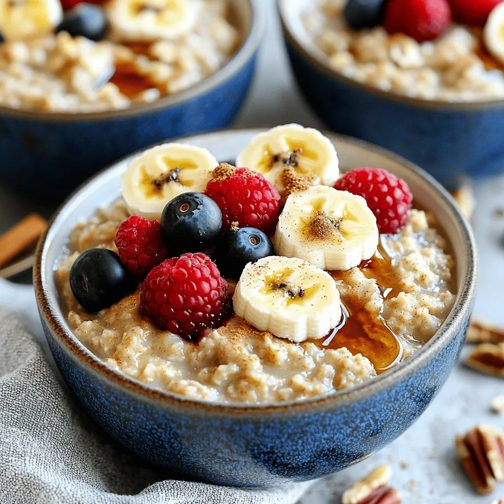 - 2 cups steel-cut oats - 6 cups water - 1/2 cup maple syrup - 1/2 cup brown sugar, packed - 1 teaspoon vanilla extract - 1 teaspoon cinnamon - Pinch of salt - 1/4 cup chopped pecans or walnuts - Fresh berries - Sliced bananas The main ingredients for this oatmeal are simple yet rich. Steel-cut oats give it a hearty texture. You will need six cups of water to cook them. Maple syrup adds sweetness, while brown sugar boosts the flavor. The additional flavors really make this dish shine. Vanilla extract adds warmth and depth. A teaspoon of cinnamon gives a lovely spice. Don’t forget a pinch of salt to bring all the flavors together. For toppings, you can get creative! Chopped pecans or walnuts add crunch. Fresh berries or sliced bananas make it fresh and colorful. You can mix and match these options to make your bowl unique. Enjoy experimenting with these ingredients. Start by lightly greasing the inside of your slow cooker. You can use cooking spray or butter. This step helps prevent the oatmeal from sticking. Next, set the slow cooker to low heat. This ensures a gentle cook for the oats, making them creamy and tender. In the slow cooker, mix together the steel-cut oats and water. Then, add the maple syrup and brown sugar. The syrup and sugar give the oats a sweet taste. Next, stir in the vanilla extract, cinnamon, and a pinch of salt. Make sure everything is well mixed. This helps the flavors blend evenly throughout the oatmeal. Cover the slow cooker and let it cook on low heat for 6 to 8 hours. This long cook time is key for soft oats. Stir the mixture every so often, if you can. This helps to break up clumps and evenly distribute the flavors. About 30 minutes before serving, you can add the chopped nuts, if you want. They add a nice crunch to your bowl of oatmeal. Once cooked, give the oatmeal a final stir before serving. Cooking time is key to great oatmeal. If you cook it long enough, the oats will be soft and creamy. I recommend cooking for 6 to 8 hours on low heat. This allows the flavors to blend well. Stir occasionally to keep everything from clumping together. A good stir helps mix the ingredients and keeps the oats from sticking to the bottom. To boost the flavor, I suggest adding spices like nutmeg or ginger. These spices add warmth and depth. You can also try almond extract for a unique twist. If you want to change the sweetness, consider using honey or agave syrup. Both will bring a different taste while still being sweet. Presentation matters! Serve your oatmeal in cozy, rustic bowls. Drizzle a little maple syrup on top to make it look even better. A sprinkle of cinnamon adds warmth and color. Fresh berries or banana slices not only taste great but also make the dish pop with color. For drinks, a warm cup of tea or coffee pairs perfectly with this sweet bowl of goodness. {{image_2}} You can change the fruit in your oatmeal for fun flavors. Dried fruits like raisins, cranberries, or apricots add sweetness and texture. When using dried fruit, add them in during cooking. This lets them soak up the flavors. You can also swap in fresh fruits. Berries, bananas, or peaches work well. Add them right before serving. This keeps them fresh and bright. Nuts add great crunch to oatmeal. Try different nuts like almonds, walnuts, or pecans. Each nut brings a unique flavor. Add them about 30 minutes before serving. This way, they stay crunchy. If you want a different texture, seeds are great too. Chia seeds or pumpkin seeds can replace nuts. They are healthy options packed with nutrients. For a fun twist, add cocoa powder to make chocolate oatmeal. Just mix in a few tablespoons when you add the oats. You can also try peanut butter. It gives a creamy texture and rich taste. Using flavored syrups is another option. Vanilla or hazelnut syrup can enhance the dish. Just stir in a bit to add a new layer of flavor. Store leftover oatmeal in airtight containers. Glass or plastic containers work well. Make sure you let the oatmeal cool first. Properly stored, your oatmeal lasts for up to five days in the fridge. Always check for any signs of spoilage before eating. To reheat oatmeal, use the microwave or a stovetop. If using the microwave, place the oatmeal in a bowl and add a splash of water or milk. Heat in short intervals, stirring in between. On the stovetop, warm it in a small pot over low heat, stirring frequently. Add a bit of water or milk to restore creaminess. You can freeze leftover oatmeal for later use. Scoop portions into freezer-safe bags or containers. Press out any extra air before sealing. This keeps it fresh. To thaw, place it in the fridge overnight. Reheat in the microwave or stovetop, adding a splash of water or milk to make it creamy again. Yes, you can use rolled oats. However, the cooking time will change. Rolled oats cook faster, usually in about 4 to 5 hours on low. Steel-cut oats take longer, about 6 to 8 hours, to become soft. This difference affects the texture too. Steel-cut oats stay chewy, while rolled oats become creamier. If you don’t have maple syrup, you can use honey or agave nectar. These sweeteners work well but may change the flavor a bit. If you choose honey, use a little less than the recipe calls for. Honey is sweeter than maple syrup, so adjust the amount accordingly. You can keep leftovers in the fridge for about 5 days. Store them in airtight containers. Look for any signs of spoilage, like an off smell or mold. If it smells bad or looks strange, it’s best to throw it away. Always trust your senses when it comes to food safety. In this post, we explored the ingredients and steps to make perfect slow-cooked oatmeal. We covered main ingredients like steel-cut oats and flavorful add-ins such as vanilla and cinnamon. You learned useful tips for consistency and flavor enhancement, plus creative variations and serving ideas. To wrap up, making oatmeal in a slow cooker is simple and rewarding. With a few tweaks, you can make it your own. Enjoy experimenting and find your favorite combo!
