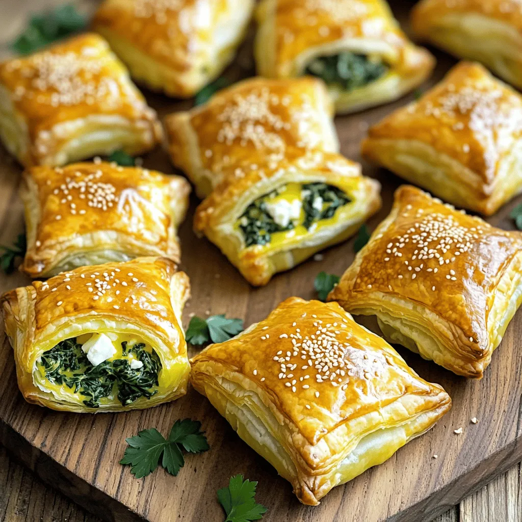 - Puff pastry details and preparation You need one package of frozen puff pastry, about 1 pound. Make sure it is thawed before use. This pastry gives a light and flaky texture. Roll it out to about 1/8 inch thick on a floured surface. - Fresh spinach and recommendations Use 2 cups of fresh spinach, chopped finely. Fresh spinach offers a bright flavor and vibrant color. If you can’t find fresh, you can use frozen spinach. Just thaw and drain it well. - Feta cheese and alternatives You will need 1 cup of crumbled feta cheese. Feta adds a salty and creamy taste. If you want a milder flavor, try goat cheese or ricotta. These can work well in this recipe. - Cream cheese and adjustments Add 1/2 cup of softened cream cheese to the mixture. Cream cheese helps bind the filling and adds richness. For a lighter option, use Greek yogurt or cottage cheese instead. 1. Start by preheating your oven to 400°F (200°C). This ensures even baking and a golden crust. 2. Line a baking sheet with parchment paper. This helps the bites not stick and makes cleanup easy. 1. In a skillet, heat 1 tablespoon of olive oil over medium heat. 2. Add 1/4 cup of diced onion. Sauté until it turns translucent, about 3-4 minutes. 3. Next, add 1 clove of minced garlic. Stir it for about 30 seconds until fragrant. 4. Toss in 2 cups of chopped fresh spinach. Cook until it wilts, around 2-3 minutes. 5. Remove the skillet from heat and let it cool slightly. 1. On a lightly floured surface, roll out the thawed puff pastry sheets. Aim for 1/8 inch thickness. 2. Cut the pastry into 3-inch squares. You should get about 12 squares. 3. Place a teaspoon of the spinach mixture in the center of each square. 4. Fold the corners of each square toward the center. Pinch them to seal tightly, forming little pockets. 5. Arrange the bites on the prepared baking sheet. 6. Brush the tops with 1 beaten egg for a golden finish. Optional: sprinkle sesame seeds on top for extra crunch. 7. Bake in the preheated oven for 15-20 minutes. They should be puffed and golden brown. To get that golden finish, start with a hot oven. Preheat your oven to 400°F (200°C) before baking. The heat helps the pastry puff up and brown nicely. Brush the tops with beaten egg for a shiny, golden look. Keep an eye on them; bake for about 15 to 20 minutes. You want them puffed and golden brown, not burnt! Spices can take your filling to the next level. Try adding a pinch of nutmeg or some red pepper flakes for warmth. Fresh herbs like dill or parsley can also brighten the flavor. For a creamier filling, mix in a bit more cream cheese. This makes each bite smooth and rich. Presentation is key! Serve these bites warm on a nice platter. Garnish with fresh parsley for color. You can also add a small bowl of tzatziki or a yogurt dip on the side. This adds a cool contrast to the warm bites. Your guests will love it and be impressed! {{image_2}} If you want to try different flavors, you can swap out the cheese. Instead of feta, use goat cheese or ricotta for a creamier bite. Both options add a nice twist. You can also mix in some shredded mozzarella for a milder taste. For vegetables, you can change things up too. Add in cooked mushrooms or artichokes for extra depth. You can also mix in roasted red peppers for a sweet touch. Just make sure to chop them small so they fit well in the pastry. If you need to make these bites gluten-free, use gluten-free puff pastry. Many brands offer good options that taste great. Just check the package for cooking instructions, as they may vary. For a vegetarian option, you are already set since the recipe is meat-free. If you want it dairy-free, use plant-based cream cheese and dairy-free feta. These swaps keep the flavor while meeting your needs. To store your Spinach Feta Puff Pastry Bites, let them cool first. Cooling helps keep them fresh. Once cooled, place them in an airtight container. This prevents moisture from getting in. You can keep them in the fridge for up to three days. If you want to store them longer, consider freezing. Just make sure they are well wrapped to avoid freezer burn. When you're ready to enjoy your bites again, you have two good options: the oven or the microwave. For the best taste, I recommend using the oven. Preheat it to 350°F (175°C). Place the bites on a baking sheet and heat for about 10-15 minutes. This keeps the puff pastry nice and crispy. If you choose the microwave, place a damp paper towel over the bites. This helps keep them from drying out. Heat them for about 30 seconds to 1 minute. Remember, they won’t be as crispy, but still tasty! Yes, you can use fresh spinach. Just wash it well and chop it. You will need about 2 cups of fresh spinach. Sauté it until wilted. This will give a brighter taste. You can prepare these bites a day in advance. Just follow the steps up to sealing the bites. Store them in the fridge. Bake them right before serving for best results. Yes, you can freeze the assembled bites. Place them on a baking sheet in a single layer. Once frozen, transfer them to a freezer bag. Bake from frozen, adding a few extra minutes to the cooking time. These bites pair well with a nice dip. Try tzatziki, hummus, or even marinara sauce. You can also serve them with a fresh salad for a light meal. In this post, we explored how to make delicious Spinach Feta Puff Pastry Bites. We covered ingredient details, from puff pastry to flavor ideas. The step-by-step guide ensures you get the cooking right. We also shared helpful tips for perfecting your pastry and storing leftovers. Remember, cooking is about creativity and joy. Use this recipe as a base and make it your own. Enjoy every bite!
