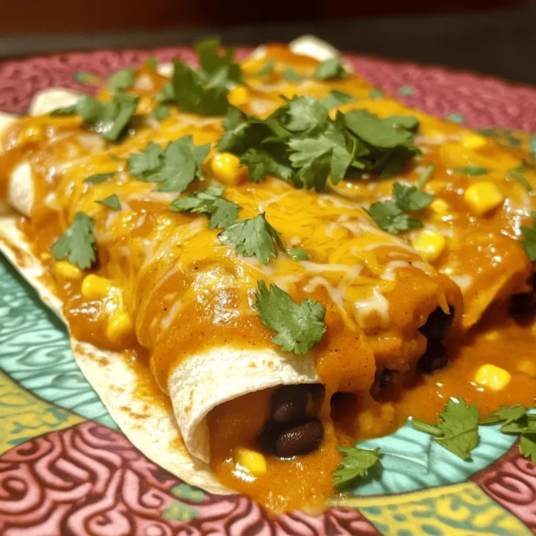 The main ingredients create a hearty dish packed with flavor. Here’s what you need: - 2 cups canned pumpkin puree - 1 can (15 oz) black beans, drained and rinsed - 1 cup corn kernels (fresh, frozen, or canned) - 2 cups enchilada sauce (store-bought or homemade) - 8 corn tortillas - 1 cup shredded cheese (cheddar or Mexican blend) You can add fun twists with these optional ingredients: - Additional vegetables like bell peppers or spinach - Avocado slices for serving - Sour cream for a creamy topping Seasonings bring out the best in your enchiladas. Use these: - 1 tsp cumin - 1 tsp chili powder - 1/2 tsp garlic powder - Salt and pepper to taste - 1/4 cup fresh cilantro, chopped (for garnish) These ingredients and seasonings blend together to make a delightful meal. Enjoy the mix of pumpkin and black beans, plus the delicious sauce! Start by grabbing a large bowl. Add 2 cups of pumpkin puree. Next, open your can of black beans. Drain and rinse them well, then toss them in the bowl. Now, add 1 cup of corn kernels. You can use fresh, frozen, or canned corn. Sprinkle in 1 teaspoon of cumin, 1 teaspoon of chili powder, and 1/2 teaspoon of garlic powder. Season it all with salt and pepper to taste. Mix everything until it’s well combined. This mixture gives the enchiladas a rich and creamy flavor. Before you start assembling, lightly grease the bottom of your slow cooker. You can use cooking spray or a little oil. Next, spread about 1/4 cup of enchilada sauce evenly on the bottom. Take a corn tortilla and spoon a generous amount of the pumpkin mixture into the center. Roll the tortilla tightly, making sure the filling stays inside. Place it seam-side down in the slow cooker. Repeat this for all 8 tortillas. Once all the enchiladas are in, pour the rest of the enchilada sauce over the top. Make sure they are well covered. Now, sprinkle 1 cup of shredded cheese on top. Cover your slow cooker with the lid. Set it to cook on low for 4-6 hours or on high for 2-3 hours. The enchiladas are ready when they are heated through and the cheese is bubbly. After cooking, let them sit for about 10 minutes. This resting time helps the flavors meld together. Before serving, sprinkle fresh chopped cilantro on top for a bright touch. Enjoy your delicious slow cooker pumpkin black bean enchiladas! To make these enchiladas truly shine, focus on the spices. Cumin and chili powder add warmth. I often taste the mixture before rolling it. Adjust salt and pepper as needed. For more depth, add a dash of smoked paprika. It brings a nice touch. You can also mix in some lime juice for brightness. This adds a fresh flavor that pairs well with pumpkin. Slow cooking times can vary by device. Always check your enchiladas after the minimum time. If they need more time, keep cooking. On low, aim for 4-6 hours. On high, 2-3 hours works well. The cheese should melt and bubble. The enchiladas should feel warm throughout. If you have a timer, use it to remind you to check. Good presentation makes a meal more fun. Serve the enchiladas on a colorful plate. Drizzle extra enchilada sauce over the top. This adds a pop of color. Top with avocado slices for creaminess. Fresh cilantro also adds a nice touch. A squeeze of lime right before serving can elevate the dish. It looks good and tastes even better! {{image_2}} For a more colorful dish, add veggies like bell peppers or zucchini. You can also toss in spinach or kale for a healthy twist. These greens add flavor and nutrients to the enchiladas. If you want to change the protein, you can use lentils or chickpeas. Both will give a hearty texture. For a twist, try adding shredded jackfruit for a unique flavor and a fun texture. While corn tortillas are classic, you can use flour tortillas for a softer bite. Gluten-free tortillas are also a great option for those with dietary needs. Choose what fits your taste best! After you enjoy your enchiladas, let them cool. Place leftovers in an airtight container. They last up to three days in the fridge. This way, you can savor them later! To freeze enchiladas, wrap them well. Use plastic wrap or foil. Place them in a freezer-safe bag. They stay good for up to three months. When ready to eat, thaw them in the fridge overnight. Reheat enchiladas in the oven for the best texture. Preheat to 350°F (175°C). Cover them with foil to keep moisture in. Heat for about 20 minutes. You can also use the microwave. Heat in 1-minute intervals until hot. Enjoy your tasty meal again! To add heat, use diced jalapeños in the pumpkin mixture. You can also mix in hot sauce or cayenne pepper. For a simple touch, sprinkle red pepper flakes on top before serving. Adjust the spice level based on your taste. Yes, you can use pinto beans or kidney beans instead of black beans. Each type will give a slightly different flavor and texture. Just remember to drain and rinse them well. Feel free to explore different beans to find your favorite. Great side dishes include Spanish rice or a fresh salad. You can also serve them with guacamole and tortilla chips. For a refreshing touch, try a corn and avocado salad. These options balance the flavors and make your meal complete. In this blog post, we explored making pumpkin enchiladas from start to finish. We covered key ingredients, step-by-step cooking instructions, and helpful tips. We also looked at tasty variations and storage info to keep your meal fresh. Remember, you can adjust flavors and ingredients to fit your taste. Whether you keep it classic or try something new, homemade enchiladas are fun to make and enjoy. Get creative, and happy cooking!