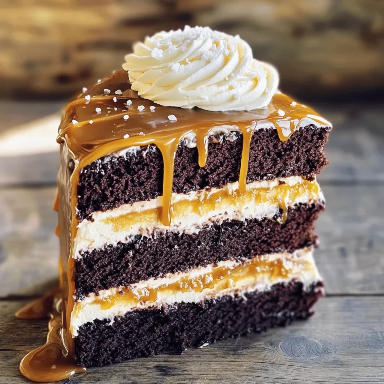 - 2 cups all-purpose flour - 2 cups granulated sugar - ¾ cup unsweetened cocoa powder - 1 ½ teaspoons baking powder - 1 ½ teaspoons baking soda - 1 teaspoon salt - 2 large eggs - 1 cup whole milk - ½ cup vegetable oil - 2 teaspoons vanilla extract - 1 cup boiling water - 1 cup caramel sauce (store-bought or homemade) - 1 cup heavy whipping cream - 2 tablespoons powdered sugar - Flaky sea salt for garnish The ingredients for this cake create a perfect balance of rich chocolate and sweet caramel. The all-purpose flour gives the cake structure. The granulated sugar adds sweetness, while cocoa powder brings that deep chocolate flavor. Baking powder and baking soda help the cake rise, making it fluffy and light. The eggs provide moisture and richness. Whole milk adds creaminess, and vegetable oil keeps the cake moist. Vanilla extract enhances the flavor, while boiling water helps to dissolve the cocoa, making the batter smooth. The caramel sauce brings that irresistible sweetness, and heavy whipping cream makes the frosting light and airy. Lastly, flaky sea salt adds a nice touch of contrast. - Suggestions for gluten-free flour: Use a gluten-free all-purpose flour blend. - Alternatives for eggs: You can use unsweetened applesauce or mashed banana as egg replacements. - Dairy-free options for milk and cream: Swap whole milk with almond or oat milk. Use coconut cream instead of heavy cream. These substitutions allow more people to enjoy this cake. You can still have a moist and tasty dessert, no matter your dietary needs. 1. Preheat your oven to 350°F (175°C). Grease and flour three 9-inch round cake pans. This step helps the cakes come out easily. 2. Mix dry ingredients. In a large bowl, combine: - 2 cups all-purpose flour - 2 cups granulated sugar - ¾ cup unsweetened cocoa powder - 1 ½ teaspoons baking powder - 1 ½ teaspoons baking soda - 1 teaspoon salt Whisk them together until they are well blended. 3. Combine wet ingredients. Add to your dry mix: - 2 large eggs - 1 cup whole milk - ½ cup vegetable oil - 2 teaspoons vanilla extract Beat on medium speed for 2 minutes. 4. Add boiling water. Stir in 1 cup of boiling water. The batter will be thin, which is okay. Pour it evenly into the prepared pans. 5. Bake the cakes. Place in the oven for 30-35 minutes. Check doneness with a toothpick. If it comes out clean, your cakes are ready. 6. Cool the cakes. Once baked, let the cakes cool in the pans for 10 minutes. Then, transfer them to wire racks to cool completely. 1. Layer the cakes. Start by placing one layer of cake on a serving plate. Drizzle half of the caramel sauce over this layer. 2. Add whipped cream. Spread a portion of whipped cream on top of the caramel. 3. Repeat for the second layer. Place the second layer on top. Add the remaining caramel sauce, followed by another layer of whipped cream. 4. Finish with the final layer. Place the last cake layer on top. Use the remaining whipped cream to frost the top and sides. 5. Add final touches. Drizzle more caramel over the top. Sprinkle flaky sea salt for a beautiful finish. To make your cake layers moist, use the right amount of oil and milk. These ingredients keep the cake soft. Also, do not open the oven door too early. This can let heat escape and mess with your bake. Preventing overmixing is key. Once you add the wet ingredients to the dry ones, mix gently. Too much stirring can make the cake dense. Stop mixing when you see no dry flour left. Checking for doneness is simple. Use a toothpick and insert it into the center of the cake. If it comes out clean, the cake is ready. If you see batter on the toothpick, bake for a few more minutes. Get creative when you garnish your cake! You can drizzle extra caramel on top. This adds flavor and makes it look fancy. Using chocolate shavings or nuts can also add a nice touch. Sprinkle these on top for a crunchy bite. You can even mix in some sea salt to enhance the flavors. Customizing with different flavors makes your cake special. Try adding a hint of coffee for a mocha taste. You can also switch the caramel sauce for chocolate or fruit sauces. Each choice gives you a whole new dessert experience. {{image_2}} You can make your Chocolate Salted Caramel Layer Cake even more special. Here are some fun ways to switch up the flavor: - Adding espresso for a mocha flavor: Just add 1 tablespoon of espresso powder to the dry mix. This gives your cake a rich, coffee taste that pairs well with chocolate. - Incorporating chocolate chips or chunks: Mix in 1 cup of chocolate chips to the batter. This adds little bursts of chocolate in every bite. You can use dark, milk, or even white chocolate chips. - Swapping caramel for other sauces: Try using chocolate sauce or fruit sauce instead of caramel. A raspberry or strawberry sauce can add a nice fruity twist. Get creative and see what you like best! You can also make this cake fit different diets. Here are some ideas: - Options for vegan Chocolate Salted Caramel Layer Cake: Use flax eggs instead of regular eggs. Combine 1 tablespoon of ground flaxseed with 2.5 tablespoons of water for each egg. Swap the milk for almond or oat milk. Use coconut cream instead of heavy cream for the frosting. - Low-sugar alternatives and adjustments: You can use a sugar substitute like erythritol or stevia. Adjust the amount based on the sweetness you prefer. You can also cut the sugar in the cake mix by half for a less sweet flavor. To keep your Chocolate Salted Caramel Layer Cake fresh, store it properly. After cutting, place leftover cake in an airtight container. This helps keep the cake moist and tasty. If you don’t have a container, cover the cake loosely with plastic wrap. Try to eat the cake within three days for the best flavor. If you want to save it longer, freezing is a great option. You can freeze individual slices of your cake for easy treats later. Wrap each slice tightly in plastic wrap. Then, place the wrapped slices in a freezer bag or a safe container. This prevents freezer burn. When you’re ready to enjoy a slice, take it out of the freezer. Let it thaw in the fridge for a few hours. You can also leave it at room temperature for about 30 minutes. Once thawed, you can drizzle more caramel on top if you like. Enjoy your treat! How long does the cake last at room temperature? The cake lasts about three days at room temperature. Keep it covered to stay fresh. If you have leftover cake, store it in a cool, dry place. Can I make this cake ahead of time? Yes, you can make this cake one or two days in advance. Just store the layers separately. Wrap them in plastic wrap to keep them fresh. Assemble the cake on the day you plan to serve it. What is the best way to serve Chocolate Salted Caramel Layer Cake? Serve the cake chilled or at room temperature. Cut it into slices. Drizzle with extra caramel and sprinkle flaky salt on top for a nice touch. Why is my cake dry? Your cake may be dry if you overbake it. Check for doneness with a toothpick. Insert it into the center. If it comes out clean, remove the cake from the oven. Also, measuring your ingredients correctly helps keep it moist. How do I fix a cake that has sunk in the middle? A sunken cake often means it has too much liquid or not enough leavening. To fix it, ensure you measure your ingredients right. If your cake sinks, you can use whipped cream to fill the center. This makes it look great and adds flavor. Now you know how to make a delicious Chocolate Salted Caramel Layer Cake. We covered all the key ingredients, easy steps, and helpful tips to ensure your cake turns out great. Remember, you can customize the flavors and make it suit your needs. Baking can be fun and simple! Enjoy your delicious creation and share it with loved ones for smiles all around. Happy baking!