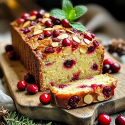 - 1 ½ cups all-purpose flour - 1 teaspoon baking powder - ½ teaspoon baking soda - ½ teaspoon salt - ½ cup unsalted butter, softened - ¾ cup brown sugar, packed - 2 large eggs - 1 teaspoon vanilla extract - ½ cup buttermilk (or milk mixed with lemon juice) - ¼ teaspoon almond extract - 1 cup dried cranberries - ½ cup sliced almonds I love using simple ingredients to create a tasty treat. The dry ingredients give the loaf its body. The flour, baking powder, baking soda, and salt work together to provide the perfect rise and flavor. Next, the wet ingredients add moisture and sweetness. The unsalted butter makes for a rich texture. The brown sugar adds a deep sweetness that pairs well with the tart cranberries. I always use fresh eggs for the best rise. The vanilla and almond extracts fill the loaf with delightful flavor. Buttermilk keeps the loaf soft and tender. Finally, we have our mix-ins. The dried cranberries bring a tangy burst, while sliced almonds add a nice crunch. Together, these ingredients create a perfect balance of flavors and textures that make this loaf truly irresistible. - Preheat your oven to 350°F (175°C). - Grease and flour a 9x5-inch loaf pan. This helps the loaf come out easily. - In a medium bowl, whisk together: - 1 ½ cups all-purpose flour - 1 teaspoon baking powder - ½ teaspoon baking soda - ½ teaspoon salt - Mix until everything is well combined. Set this bowl aside. - In a large bowl, cream together: - ½ cup unsalted butter, softened - ¾ cup brown sugar, packed - Use an electric mixer. Mix for about 2-3 minutes until light and fluffy. - Add 2 large eggs one at a time. Mix well after each egg. - Now, mix in: - 1 teaspoon vanilla extract - ¼ teaspoon almond extract - Gradually add the flour mixture to the butter mix. - Alternate with: - ½ cup buttermilk (or milk mixed with lemon juice) - Start and end with the flour mixture. Mix until just combined. - Gently fold in: - 1 cup dried cranberries - ½ cup sliced almonds - Use a spatula to ensure even distribution. - Pour the batter into the prepared loaf pan. - Smooth the top with a spatula. - Bake for 55-65 minutes. - A toothpick should come out clean when inserted into the center. - Let the loaf cool in the pan for 10 minutes. - After that, transfer it to a wire rack to cool completely. - This step helps keep the loaf light and fluffy. To make your loaf soft, avoid over-mixing the batter. When you mix too much, the loaf can become dense and tough. Mix just until you see no dry flour. This keeps the texture light. Fluffiness is key in a great loaf. Cream the butter and brown sugar well. This step adds air into the mix. The more air, the fluffier your loaf will be. Use an electric mixer for best results. Use quality extracts for the best taste. Vanilla and almond extracts add a rich flavor. Look for pure extracts, not imitation ones. They make a big difference in the end result. Fresh ingredients are vital. Use fresh cranberries when in season. If dried cranberries are your choice, pick ones without added sugar. This keeps the flavor balanced. Serving your loaf well makes it more inviting. Slice it neatly and place it on a wooden board. This gives it a rustic feel. For garnishing, use fresh cranberries and a sprig of mint. This adds color and freshness. You can also serve it with cream cheese or a drizzle of honey for extra flavor. {{image_2}} You can switch up the dried cranberries in this loaf. Try using dried cherries or apricots for a new flavor. You can even mix different fruits together. For a seasonal twist, use dried figs in fall or dried mango in summer. Each fruit adds its unique taste. If you want a different crunch, use walnuts or pecans instead of almonds. These nuts bring a rich, buttery flavor. For those with nut allergies, try sunflower seeds or pumpkin seeds. They give a nice texture without nuts. For gluten-free options, use a gluten-free flour blend. This will work well in the recipe. If you want a vegan version, replace the eggs with flax eggs and use a plant-based butter. These swaps keep the loaf tasty while meeting your dietary needs. For short-term storage, keep your cranberry almond loaf at room temperature. Wrap it tightly in plastic wrap or place it in an airtight container. This keeps it fresh for up to three days. Avoid putting it in the fridge, as this can dry it out. If you want to store the loaf for a longer time, freezing is the best option. Slice the loaf first to make serving easier later. Wrap each slice in plastic wrap and then in aluminum foil. This prevents freezer burn. You can freeze it for up to three months. When you're ready to enjoy, simply thaw it overnight in the fridge. Reheat slices in the oven at 350°F for about 10 minutes. To keep your cranberry almond loaf fresh, follow these best practices. Store it in a cool, dry place. Check for signs of spoilage, like mold or an off smell. If it feels dry or hard, it's time to toss it. A fresh loaf should be soft and moist. To keep your loaf moist, follow these tips: - Use softened butter and mix well with sugar. - Don’t overbake the loaf; check for doneness early. - Add buttermilk, as it adds moisture. A little yogurt also works. - Wrap the cooled loaf in plastic wrap to keep moisture in. - Store it in an airtight container. This keeps it fresh longer. Yes, you can substitute buttermilk easily. Here are a few options: - Mix ½ cup of milk with 1 teaspoon of lemon juice. Let it sit for 5 minutes. - Use plain yogurt thinned with a bit of water. - Sour cream can also stand in for buttermilk. Just use it in the same amount. These options will give you a similar tangy flavor. The loaf lasts about 3 to 5 days when stored properly. Here’s how to store it: - Keep it at room temperature in an airtight container. - You can also refrigerate it for a longer shelf life. - If you freeze it, wrap it well to avoid freezer burn. It can last up to 3 months in the freezer. Yes, you can make a gluten-free cranberry almond loaf. Here’s how: - Use a gluten-free flour blend instead of all-purpose flour. - Make sure the baking powder is gluten-free. - Check that your other ingredients, like baking soda and extracts, are gluten-free. These changes will help you enjoy a delicious gluten-free version! You now have a clear guide for making a delicious loaf. We covered key ingredients, step-by-step instructions, and tips for perfecting your bake. Don’t forget about variations and storage to keep it fresh. Experiment with flavors and textures to make your loaf unique. With practice, you’ll create a treat that impresses everyone. Enjoy sharing your homemade loaf with friends and family. Happy baking!