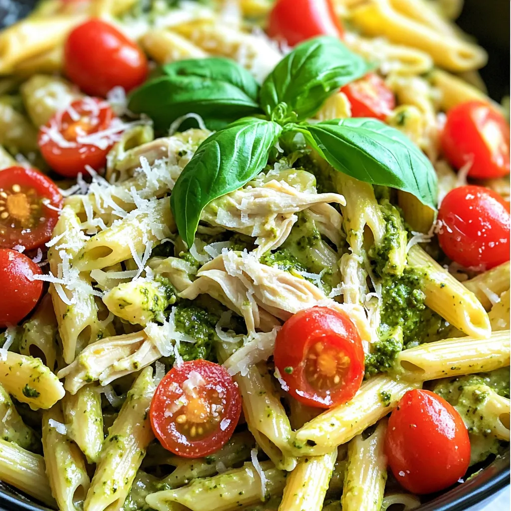 - 1 lb boneless, skinless chicken breasts - 1 cup pesto sauce - 1 cup heavy cream - 3 cups chicken broth - 12 oz pasta (penne or rotini) - 1 cup cherry tomatoes, halved - 1/2 cup grated Parmesan cheese - Salt and pepper to taste - Fresh basil leaves for garnish For this creamy pesto chicken pasta, I keep it simple. The main items are chicken, pesto, and cream. These three make a rich base for the dish. You can use store-bought pesto or make your own. I love homemade pesto for its fresh flavor. The chicken adds protein and keeps the meal filling. Next, I add chicken broth for moisture. It helps cook the chicken and adds depth to the sauce. The pasta is the heart of this dish. I prefer penne or rotini because they hold the sauce well. Don’t forget the cherry tomatoes! They add a sweet burst of flavor. Lastly, I sprinkle grated Parmesan cheese on top. It melts beautifully and enhances the creaminess. Season with salt and pepper to taste. Fresh basil leaves make a lovely garnish. They add color and aroma, making the dish visually appealing. With these ingredients, you create a delicious and satisfying meal. - Place 1 lb of boneless, skinless chicken breasts at the bottom of your slow cooker. - Season the chicken with salt and pepper. - Pour 1 cup of pesto sauce over the chicken. - Add 3 cups of chicken broth to the slow cooker. Stir gently to mix. - Cover the slow cooker with its lid. - Cook on low for 4-5 hours or on high for 2-3 hours. - Check if the chicken is fully cooked and tender. - Remove the chicken and shred it using two forks. - Pour in 1 cup of heavy cream and stir it well. - Cook 12 oz of pasta according to the package until al dente. - Drain the pasta and add it to the slow cooker. - Add the shredded chicken and 1 cup of halved cherry tomatoes. - Stir all ingredients together until well combined. - Let it warm for 10 minutes on low. - Just before serving, sprinkle in 1/2 cup of grated Parmesan cheese. Stir until it melts and becomes creamy. This dish is simple and full of flavor. Enjoy your creamy pesto chicken pasta! How to choose the best pesto sauce When picking pesto, look for fresh flavor. You can use store-bought or homemade. If you choose store-bought, check for real basil and no added sugars. A bright green color shows freshness. If you make your own, blend basil, garlic, nuts, cheese, and olive oil. This will give you control over taste and texture. Tips for shredding chicken easily To shred chicken, first let it cool for a few minutes. This helps you handle it better. Use two forks to pull apart the meat. Start at the thicker part and work your way down. If you have a stand mixer, you can use it too. Just place the chicken in the bowl and mix on low speed for a few seconds. This technique saves time and gives you perfect shreds. Presentation tips for an appealing dish Serve the creamy pesto pasta in wide bowls. This allows the dish to shine. Top with fresh basil leaves for color. A sprinkle of grated Parmesan adds a nice touch. You can also add a dash of extra pesto on top for style. Make sure the dish looks vibrant and inviting. Best side dishes to pair with creamy pesto pasta Pair this dish with a light salad. A mix of greens, cherry tomatoes, and a simple vinaigrette works well. Garlic bread is another great choice. Its crunch complements the soft pasta. Roasted vegetables can also add flavor and color to your meal. These sides balance the creamy pasta nicely. {{image_2}} You can switch out the chicken for other proteins. Turkey works well in this dish. You can also use shrimp for a seafood twist. Both options give a new taste while keeping the dish fun. If you prefer a vegetarian meal, use tofu instead of chicken. Tofu soaks up the pesto flavor nicely. It also adds a nice texture. Want to boost the taste? Add extra herbs like thyme or oregano. They bring fresh flavors to the dish. You can also try a pinch of red pepper flakes for heat. Incorporating vegetables is another great way to enhance the meal. Spinach adds color and nutrients. Bell peppers give a sweet crunch. Toss them in before serving for a vibrant touch. To store leftovers, let the pasta cool down. Place it in an airtight container. Make sure to seal it tightly. Use glass or plastic containers for best results. This helps keep the flavors fresh. Refrigerate the pasta for up to three days. Always label your containers with the date. This way, you remember when you made it. To freeze the dish, cool it completely first. Spoon it into freezer-safe bags or containers. Remove as much air as you can before sealing. This prevents freezer burn. You can freeze it for up to three months. When you are ready to eat, thaw it overnight in the fridge. To reheat, you can use the microwave or stovetop. Add a splash of chicken broth for moisture while reheating. Stir well and heat until hot throughout. Enjoy this creamy delight anytime! Can I make this recipe ahead of time? Yes, you can make this recipe ahead. Cook the chicken and sauce in the slow cooker. Let it cool, and store in the fridge. You can cook the pasta later and mix it in when ready to serve. What type of pasta works best? I recommend using penne or rotini pasta. These shapes hold the sauce well. They also add a nice texture to the dish. Is this recipe gluten-free? No, this recipe is not gluten-free. The pasta contains gluten. To make it gluten-free, use gluten-free pasta. Many brands offer good options that taste great. How can I make it dairy-free? To make this dish dairy-free, swap heavy cream for a non-dairy milk. You can use almond milk or coconut cream. For cheese, try a dairy-free alternative or skip it. Can I make this on the stovetop instead? Yes, you can make this on the stovetop. Cook the chicken in a large pot with the pesto and broth. Simmer until the chicken is tender. Then, stir in the cream and cooked pasta. How to adjust cooking times for different slow cookers? Each slow cooker heats differently. If your slow cooker runs hot, check the chicken after 3 hours on low. If it runs cool, you might need to add time. Always make sure the chicken is fully cooked before serving. This creamy pesto chicken pasta combines simple ingredients and easy steps for a tasty meal. Start with seasoned chicken and pesto, then let it cook to perfection. Add cream, pasta, and veggies for a complete dish. Remember, you can swap ingredients to fit your taste. Store leftovers for quick meals later. With these tips, you’ll make a dish your family will love. Enjoy experimenting with flavors and serving suggestions!