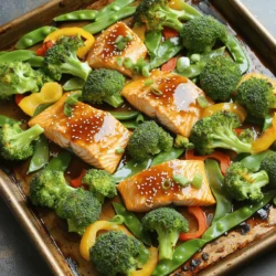 - 4 salmon fillets - 2 cups broccoli florets - 1 bell pepper, sliced - 1 cup snap peas The main ingredients are simple yet flavorful. Salmon fillets shine as the star, rich in omega-3s. Broccoli florets add crunch and color. Bell pepper offers sweetness, while snap peas bring a fresh snap to every bite. - 1/4 cup soy sauce (or tamari for gluten-free) - 2 tablespoons honey (or maple syrup) - 1 tablespoon sesame oil - 2 cloves garlic, minced - 1 teaspoon ginger, grated The sauce is what makes this dish pop. Soy sauce gives a savory base. Honey or maple syrup adds sweetness. Sesame oil brings a nutty flavor, while garlic and ginger add depth. Together, they create a perfect teriyaki glaze. - 1 tablespoon sesame seeds - Salt and pepper to taste - Optional: green onions, chopped, for garnish Garnishes elevate the dish. Sesame seeds add a nice crunch. A sprinkle of salt and pepper enhances flavor. Chopped green onions are optional but add freshness. They make your dinner not just tasty but also pretty. - Preheat your oven to 400°F (200°C). This step is key. A hot oven cooks the salmon well. - In a small bowl, mix the soy sauce, honey, sesame oil, garlic, and ginger. Whisk until smooth. This teriyaki sauce is what makes the dish shine. - Grab a large sheet pan. Arrange the broccoli, bell pepper, and snap peas on it. This mix adds color and crunch. - Drizzle half of the teriyaki sauce over the veggies. Add salt and pepper to taste. Toss the vegetables to coat them well. You want every bite to burst with flavor. - Push the veggies to the edges of the pan. This makes space for the salmon. Place the salmon fillets in the center, skin-side down. - Brush the remaining teriyaki sauce over the salmon. This helps keep the fish moist while baking. - Bake everything for 15-20 minutes. Check for doneness by using a fork. The salmon should flake easily and look opaque. The veggies should stay bright and tender. - Once done, take the pan out of the oven. Sprinkle sesame seeds on top for a nice finish. If you like, add chopped green onions for extra flavor. Serve hot, and enjoy your meal! To ensure your salmon is cooked perfectly, follow these simple steps: - Use a thermometer: Check the internal temperature. It should be 145°F (63°C). - Avoid overcooking: Salmon cooks fast. Keep an eye on it after 15 minutes. - Flake with a fork: When done, it should flake easily. This means it's ready. To keep your vegetables crisp, try these tips: - Don’t overcrowd the pan: Leave space between the veggies. This helps them roast evenly. - Use fresh produce: Fresh broccoli, snap peas, and bell peppers taste better and stay crunchy. - Toss lightly: Coat the veggies gently with sauce. Too much sauce can make them soggy. To add more flavors to the teriyaki sauce, consider these ideas: - Add sesame seeds: Toasted sesame seeds can give a nice crunch. - Include chili flakes: If you like spice, a pinch of chili flakes adds heat. - Try citrus zest: Grate some lime or orange zest for a fresh twist. Adjusting sweetness and spice levels can make the dish perfect for you: - Sweetness: Add more honey or maple syrup if you prefer a sweeter taste. - Spice: For a kick, mix in some sriracha or hot sauce. Start small, then taste. Pair your teriyaki salmon with these options: - Rice: Serve over white or brown rice. It absorbs the sauce well. - Noodles: Lo mein or soba noodles are also great choices. They add texture. For side dish suggestions, try these: - Cucumber salad: It’s refreshing and light next to the rich salmon. - Miso soup: A warm bowl of miso soup can round out your meal nicely. - Edamame: Steamed edamame adds protein and is fun to eat. {{image_2}} You can change up the veggies in this dish. Try carrots, green beans, or zucchini. Each offers a unique taste and texture. If you want to swap the salmon, chicken or tofu work well too. Chicken has a mild flavor that absorbs the sauce well. Tofu is a great plant-based option that soaks up the teriyaki sauce nicely. Want to spice things up? Add some red pepper flakes or sriracha to the teriyaki sauce for a spicy kick. You can also mix in citrus flavors. A squeeze of fresh orange or lime juice adds a bright twist. This gives the dish a sweet and tangy taste that pairs perfectly with the salmon. If you need gluten-free options, use tamari instead of soy sauce. This keeps all the flavor without gluten. For a vegan twist, replace the salmon with tofu and swap honey for maple syrup. These changes keep the dish tasty while meeting dietary needs. Enjoy your meal without worries! To store leftovers, let your teriyaki salmon and broccoli cool first. Place the food in an airtight container. This keeps it fresh longer. You can refrigerate it for up to three days. If you want to store it longer, freeze it. Divide the meal into portions before freezing. This way, you can take out only what you need later. When it's time to enjoy your leftovers, there are a few ways to reheat them. The best method is using the oven. Preheat it to 350°F (175°C). Place the salmon and veggies in a baking dish. Cover it with foil to keep it moist. Heat for about 15 minutes. You can also use the microwave. If you do, use a microwave-safe dish and cover it. Heat in short bursts and check often. This helps keep the flavors intact. In the fridge, this dish lasts around three days. If you freeze it, aim to eat it within three months for the best taste. Signs of spoilage include a sour smell or a slimy texture. If you notice either, it's best to toss the dish. Keeping an eye on your leftovers ensures you enjoy them safely. It takes about 15 to 20 minutes to cook salmon on a sheet pan. The salmon is done when it flakes easily with a fork. For best results, check it at the 15-minute mark. This way, you can stop cooking right when it’s perfect. Yes, you can use frozen salmon for this recipe. Just make sure to thaw it first. Thawing helps the salmon cook evenly. I recommend placing it in the fridge overnight or using cold water for a quicker thaw. To keep salmon moist, don’t overcook it. Use a timer and check for doneness. Also, brush the salmon with teriyaki sauce before cooking. This adds flavor and moisture. If you want, cover the salmon with foil in the first half of cooking. Yes, you can make teriyaki sauce in advance. Store it in a sealed container in the fridge. It stays fresh for about a week. This saves time when you are ready to cook. Just give it a good stir before using it again. This article covered how to make a tasty salmon dish with fresh veggies. We explored key ingredients like salmon, broccoli, and bell peppers, plus a flavorful teriyaki sauce. I shared tips for cooking the salmon just right and keeping veggies crisp. You can easily mix and match ingredients for different tastes or diets. In closing, this recipe not only makes dinner fun but is also healthy and simple. Enjoy your meal prep and the delicious results!