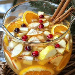 - 4 cups apple cider - 1 cup sparkling water - 1 orange, sliced - 1 lemon, sliced - 1 pear, diced - 1 teaspoon ground cinnamon - 2 cinnamon sticks - 1 tablespoon honey (optional) - Fresh cranberries for garnish (optional) For this Apple Cider Sangria, we start with fresh apple cider. It gives a sweet and tart base. You can find it at most grocery stores, especially in fall. Next, add sparkling water. It adds a nice fizz and balance to the drink. The fruits are essential. Sliced orange and lemon bring brightness. Diced pear adds a soft texture. These fruits mix well with the spices. Speaking of spices, ground cinnamon adds warmth and depth. The two cinnamon sticks give even more flavor as they soak. Honey is optional. If you like your drink sweeter, add it in. Lastly, fresh cranberries make a lovely garnish. They look pretty and add a hint of tartness. This combination of ingredients makes a refreshing drink perfect for any gathering. - Combine apple cider and sparkling water: Start by pouring 4 cups of apple cider into a large pitcher. Then, add 1 cup of sparkling water. If you want it a bit sweeter, mix in 1 tablespoon of honey. Stir gently to blend the flavors. - Add fruits and spices: Next, slice 1 orange and 1 lemon. Dice 1 pear. Toss all the fruit into the pitcher. Then, sprinkle in 1 teaspoon of ground cinnamon. Finally, add 2 cinnamon sticks for that warm spice taste. - Chill the sangria: Cover the pitcher and place it in the fridge. Let it chill for at least 1 hour. Chilling helps the flavors mix and taste better. - Pour over ice: When you're ready, fill glasses with ice. Pour the chilled sangria over the ice until each glass is full. - Garnish options: For a pretty touch, you can add a few fresh cranberries to each glass. You can also add a cinnamon stick as a fun garnish. Enjoy your refreshing drink! To make your Apple Cider Sangria really pop, use fresh ingredients. Fresh fruits add bright flavors that dried ones just can't match. For the best taste, let the sangria chill for at least one hour. This time allows the flavors to mix well. If you can, chill it for a few hours. The longer it sits, the better the taste gets! When serving your sangria, choose tall glasses. These glasses help show off the colorful fruits and spices. You can also use clear pitchers to make a lovely display. Pair this sangria with light snacks. Cheese platters and fruit salads work great! A light salad or roasted chicken also complements this drink well. Enjoy the mix of flavors in every sip! {{image_2}} You can change up the fruits in your apple cider sangria. Try adding fresh berries like strawberries or blueberries. These fruits add a burst of color and flavor. You can also use peaches or plums for a juicy twist. Seasonal variations bring fun too! In the fall, add sliced apples or figs. In winter, pomegranate seeds add a pop of flavor. For spring, think about fresh cherries or apricots. Each fruit adds its own taste, making the drink unique. When choosing wine for your sangria, a dry white wine works best. Look for a Sauvignon Blanc or Pinot Grigio. These wines mix well with apple cider and fruits. If you prefer red, try a light Merlot or Pinot Noir. For a non-alcoholic version, use grape juice or more apple cider. Sparkling grape juice adds fizz without the alcohol. This way, everyone can enjoy the drink, no matter their age. To store leftovers, place the sangria in a pitcher with a tight lid. This keeps it fresh. If you have a glass jar, that works great too. You want to avoid air getting in. Always put it in the fridge. For best taste, drink it within two days. To reuse the sangria, try adding more fresh fruit. Fresh orange slices or extra cranberries can refresh the drink. You can also mix in more sparkling water. This adds fizz and brightens the flavor. In the fridge, your apple cider sangria lasts about two days. After that, the taste fades. If you see fruit that looks mushy, it's time to toss it. Also, if the sangria smells off, do not drink it. Trust your senses! Enjoy it while it's fresh for the best taste. Can I make this sangria in advance? Yes, you can make apple cider sangria in advance. I recommend making it at least one hour before you serve it. This time allows the flavors to blend well. You can even chill it overnight. Just remember to add the sparkling water right before serving. This keeps the drink bubbly and fresh. What types of wine work best? For this sangria, you should use a light or fruity wine. A dry white wine, like Sauvignon Blanc, works great. You can also try a sweet white wine, like Moscato, if you prefer a sweeter drink. The goal is to find a wine that complements the apple cider without overpowering it. How to adjust sweetness? To adjust the sweetness, you can add honey. Start with one tablespoon. Mix it in with the apple cider and sparkling water. If you want it sweeter, add a bit more honey. You can also use fresh fruit to add natural sweetness. Apples or peaches can enhance the flavor. Just slice them and toss them in! This blog post shared a fun and easy sangria recipe with apple cider. You learned about ingredients, step-by-step prep, and serving tips. We explored flavor tricks and fruity variations. Lastly, I covered storage info and common FAQs. Enjoy mixing your sangria, and don't hesitate to get creative. Experiment with new fruits and drinks. With the right ingredients and care, your next gathering will shine!