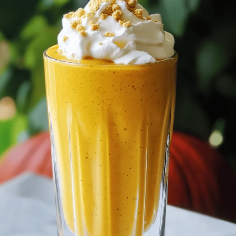 - 1 cup unsweetened almond milk - 1/2 cup canned pumpkin puree - 1/4 cup Greek yogurt - 1 scoop vanilla protein powder - 1 teaspoon pumpkin spice - 1 tablespoon honey or maple syrup (to taste) - 1/2 teaspoon vanilla extract - Ice cubes (optional, for desired thickness) - Whipped cream (for topping, optional) - Crushed graham crackers (for garnish, optional) This smoothie is not just tasty; it's also healthy. Here’s a quick breakdown of what you get: - Almond Milk: Low in calories, rich in vitamin E. - Pumpkin Puree: Packed with fiber, vitamin A, and antioxidants. - Greek Yogurt: High in protein and probiotics for gut health. - Vanilla Protein Powder: Boosts protein intake, aids muscle recovery. - Pumpkin Spice: Adds flavor and has anti-inflammatory properties. - Honey or Maple Syrup: Natural sweeteners with antioxidants. - Vanilla Extract: Enhances flavor, may have minor health benefits. You can easily swap ingredients based on what you have: - Almond Milk: Use oat milk or regular milk if needed. - Canned Pumpkin Puree: Fresh pumpkin or sweet potato works well. - Greek Yogurt: Substitute with regular yogurt or dairy-free yogurt. - Vanilla Protein Powder: Any protein powder can be used. - Pumpkin Spice: Make your own blend with cinnamon, nutmeg, and ginger. - Honey or Maple Syrup: Agave syrup or stevia can replace these. - Vanilla Extract: Leave it out or use almond extract for a twist. - Whipped Cream: Use coconut cream for a dairy-free option. - Crushed Graham Crackers: Try crushed nuts or granola for a different texture. These swaps keep the smoothie delicious while fitting your taste or diet! Making a pumpkin cheesecake protein smoothie is quick and easy. You can whip it up in just five minutes. Gather your ingredients first. This helps keep the process smooth. 1. Add Ingredients: In a blender, pour in 1 cup of unsweetened almond milk. Next, add 1/2 cup of canned pumpkin puree. Follow with 1/4 cup of Greek yogurt. Then, scoop in 1 scoop of vanilla protein powder. 2. Add Flavor: Sprinkle in 1 teaspoon of pumpkin spice. For sweetness, add 1 tablespoon of honey or maple syrup. Lastly, add 1/2 teaspoon of vanilla extract. 3. Blend: Blend all the ingredients until the mix is smooth and creamy. Make sure everything blends well. 4. Adjust Texture: If you want a thicker smoothie, toss in a handful of ice cubes. Blend again until you reach the thickness you like. 5. Taste: After blending, taste your smoothie. If you want it sweeter, add more honey or maple syrup. 6. Serve: Pour the smoothie into tall glasses. If you like, top it with whipped cream and sprinkle crushed graham crackers on top. - Ice for Thickness: Always add ice if you prefer a thick smoothie. Blend well to mix it in. - Adjust Liquid: If it’s too thick, add a splash more almond milk. Blend again until it’s just right. - Quality of Ingredients: Use fresh, high-quality ingredients. This impacts the flavor and texture. To boost the taste of your smoothie, use fresh spices. Freshly grated nutmeg adds warmth. You can also try a pinch of cinnamon for extra depth. Tasting as you blend is key. Adjust the sweetness with more honey or maple syrup if needed. If you want a richer taste, substitute regular yogurt for Greek yogurt. If you have leftover smoothie, store it in an airtight container. Keep it in the fridge for up to a day. Give it a good shake or stir before drinking. If your smoothie thickens, add a splash of almond milk to adjust the texture. You can also freeze leftovers in ice cube trays for later use in other smoothies. Start by adding liquids first in your blender. This helps blend all ingredients smoothly. Next, add softer items like yogurt and pumpkin puree. Finally, add protein powder and ice cubes. Blend until smooth, stopping to scrape down the sides if needed. Always taste before serving to ensure the right balance of flavors. {{image_2}} You can mix up your pumpkin cheesecake protein smoothie with fun flavors. Try adding a banana for creaminess. It makes the smoothie sweeter and adds more nutrients. You can also use chocolate protein powder. This will give your smoothie a delicious twist. If you want a spicier kick, add a pinch of ginger or nutmeg. For a vegan and dairy-free version, swap Greek yogurt for coconut yogurt. It gives a creamy texture. Use a plant-based protein powder too. Almond milk is a great choice, but you can use oat or soy milk. These options keep your smoothie tasty and plant-based. Boost the nutrition of your smoothie with superfoods. Add a tablespoon of chia seeds for fiber and omega-3s. You can also mix in a handful of spinach. It adds nutrients without changing the taste much. If you want more protein, try adding a tablespoon of nut butter. Each of these options makes your smoothie even better for you. This smoothie is rich and creamy. It goes well with many snacks. Try it with whole-grain toast or oatmeal. You can also pair it with a handful of nuts or a piece of fruit. These pairings add more fiber and protein. They also make a great breakfast or snack. Serve this smoothie in tall glasses for a fun look. You can also use mason jars for a rustic touch. For a party, make mini versions in shot glasses. This makes them easy to share and fun to drink. If you want a special treat, blend in a few chocolate chips for a twist. Garnishing makes your smoothie look appealing. Top it with whipped cream for a creamy touch. Sprinkle crushed graham crackers on top for a cheesecake vibe. Add a dash of pumpkin spice for extra flavor. You can also place a cinnamon stick in the glass for a cute touch. These simple additions boost the look and taste of your smoothie. A Pumpkin Cheesecake Protein Smoothie packs many health benefits. - High in Protein: The Greek yogurt and protein powder boost your protein intake. - Rich in Fiber: Canned pumpkin provides fiber, aiding digestion and keeping you full. - Low in Calories: Using almond milk keeps the calorie count low, making it a smart choice. - Packed with Vitamins: Pumpkin is full of vitamins A and C, which support your immune system. - Antioxidants: Pumpkin spice contains cinnamon and nutmeg, which have antioxidant properties. These benefits make this smoothie a tasty and healthy choice for any time of day. Yes, you can make this smoothie in advance. 1. Blend: Follow the recipe and blend all ingredients. 2. Store: Pour the smoothie into an airtight container. 3. Refrigerate: Keep it in the fridge for up to 24 hours. When you're ready to drink it, shake or stir well. If it’s too thick, add a splash of almond milk. To boost the protein in your smoothie, try these tips: - Add More Greek Yogurt: Increase the amount of Greek yogurt for extra protein. - Use Protein-Rich Milk: Swap almond milk for soy or protein-enriched milk. - Include Nut Butters: Add a tablespoon of almond or peanut butter for creaminess and protein. - Choose a Higher Protein Powder: Use a protein powder with more protein per scoop. These changes can help you meet your protein goals while enjoying this delicious treat. You’ve learned how to make a delicious Pumpkin Cheesecake Protein Smoothie. We covered key ingredients, their nutrition, and great substitutes. I walked you through each step to ensure you get the perfect texture. Don’t forget the tips on enhancing flavor and storing leftovers. You can try various flavor combinations and vegan options to switch things up. This smoothie pairs well with a light breakfast or snack. Enjoy experimenting with garnishes! Keep these tips handy for a tasty smoothie any time.