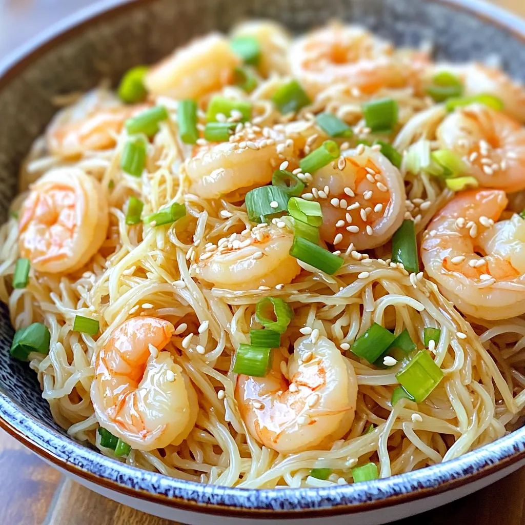 - 8 oz rice noodles - 1 lb shrimp, peeled and deveined - 3 tablespoons sesame oil - 3 cloves garlic, minced - 2 tablespoons soy sauce - 1 tablespoon honey or maple syrup - 1 tablespoon rice vinegar - 1 teaspoon red pepper flakes (optional) - 2 green onions, sliced - 1 tablespoon sesame seeds - Salt - Pepper In this recipe, I focus on simplicity and flavor. The rice noodles form the base, offering a chewy texture. Fresh shrimp adds protein and a sweet taste. Sesame oil gives the dish a rich, nutty flavor. Garlic provides a wonderful aroma that makes your kitchen smell amazing. The soy sauce adds saltiness and depth. For additional flavor, I use honey or maple syrup. This adds a hint of sweetness. Rice vinegar brightens the dish with a tangy note. Optional red pepper flakes can give you a little heat. Green onions add freshness and color, while sesame seeds provide a nice crunch. Don’t forget the salt and pepper. These basic seasonings make your dish pop. Each ingredient works together to create a quick and easy meal that feels special. You can mix and match ingredients as you like. The key is to keep it simple while enjoying great flavors. Boil a pot of water. Add 8 oz of rice noodles to the boiling water. Cook them for about 4-5 minutes, following the package instructions. Once cooked, drain the noodles and set them aside. In a small bowl, whisk together 2 tablespoons of soy sauce, 1 tablespoon of honey or maple syrup, 1 tablespoon of rice vinegar, and 1 teaspoon of red pepper flakes if you like it spicy. Set this sauce aside for later. Heat 3 tablespoons of sesame oil in a large skillet over medium heat. Add 3 cloves of minced garlic to the skillet. Cook the garlic for about 30 seconds, until it smells great. Be careful not to burn the garlic. Now, add 1 pound of peeled and deveined shrimp to the skillet. Season the shrimp with salt and pepper. Cook the shrimp for 2-3 minutes. They should turn pink and opaque. Flip them halfway through to cook evenly. Next, add the cooked rice noodles to the skillet with the shrimp. Pour the sauce you prepared over the noodles and shrimp. Toss everything together until the noodles are well coated and heated through, about 2 minutes. Remove the skillet from heat. Stir in 2 sliced green onions and 1 tablespoon of sesame seeds. Portion the noodles and shrimp into bowls. You can add extra green onions and sesame seeds on top for a nice touch if you’d like. To cook shrimp just right, avoid overcooking them. Overcooked shrimp turn tough and chewy. Cook them until they turn pink and opaque. This usually takes 2-3 minutes. Look for a bright color change; that’s your cue! If you see them start curling up tightly, they are done. To boost flavor, think about adding spices. You can try ginger, lime zest, or even a dash of chili powder. Balancing sweetness and saltiness is key. The honey or maple syrup adds sweetness, while soy sauce brings salt. Adjust to your taste. If you want it sweeter, add more honey. If it needs more salt, add a splash of soy sauce. For rice noodles, soak them in hot water for about 4-5 minutes. This helps them cook evenly. After soaking, drain them well to prevent clumping. Rinse with cool water if needed. This helps keep them separate and prevents sticking. Toss them lightly with a bit of sesame oil to keep them from clumping together in the skillet. {{image_2}} You can swap shrimp for chicken or tofu. Chicken thighs work well for a juicy bite. Just cut it into small pieces, season, and cook in the same way as the shrimp. For a plant-based option, tofu is great. Press it to remove water, then cut it into cubes. Cook it until golden and crispy for added texture. You can also add vegetables like mushrooms or zucchini to keep it fresh and vibrant. If you need a gluten-free meal, use gluten-free rice noodles. These noodles are easy to find and cook just like regular noodles. You can also replace soy sauce with tamari. Tamari has a rich flavor and is perfect for gluten-free cooking. This way, you can enjoy your meal without worry. Feel free to get creative with vegetables. Bell peppers add sweetness, while broccoli gives a nice crunch. You can also try snap peas or carrots for color and taste. Consider adding sauces like sriracha for heat or hoisin for sweetness. Garnish with fresh cilantro or crushed nuts for extra flavor and crunch. The options are endless, so have fun experimenting! To store leftovers, let the shrimp noodles cool down first. Place them in an airtight container. Make sure to cover the container well. They will stay fresh in the fridge for up to three days. If you notice any strong odors, it's best to toss them out. When you're ready to eat, you can reheat your shrimp noodles easily. The best way is to use a skillet. Heat a bit of sesame oil over medium heat. Add the leftovers and stir gently. This helps keep the shrimp tender and the noodles warm. You can also microwave them. Just cover the bowl with a damp paper towel. Heat in short bursts, stirring in between, until warmed through. Yes, you can freeze this dish! To freeze, let the noodles cool completely. Then, portion them into freezer-safe bags or containers. Squeeze out as much air as possible to prevent freezer burn. You can store them for up to two months. When you’re ready to eat, thaw them in the fridge overnight. Reheat as mentioned above for the best taste. This dish takes about 20 minutes to make. You need 10 minutes for prep and 10 minutes for cooking. It’s quick and perfect for busy days. Yes, you can use frozen shrimp. Just thaw them first. Place them in cold water for 15-20 minutes. Fresh shrimp taste great, but frozen works well too. You can use olive oil or avocado oil instead of sesame oil. Olive oil has a light flavor, while avocado oil is mild and buttery. Both can work in this dish. The recipe is not spicy by default. If you like heat, add red pepper flakes. Start with a small amount and adjust to your taste. It’s easy to make it spicier! Yes! To make it vegetarian, replace shrimp with tofu or mushrooms. For vegan, use maple syrup instead of honey. These swaps keep the flavor while making it plant-based. This blog post shared a tasty recipe for Minute Garlic Sesame Shrimp Noodles. You learned about key ingredients like shrimp and rice noodles. I guided you through easy cooking steps. Plus, I gave tips for perfect shrimp and noodle texture. Remember, you can customize this dish with different proteins and vegetables. You can adjust flavors to suit your taste. Cooking can be fun and rewarding. Enjoy your shrimp noodles!