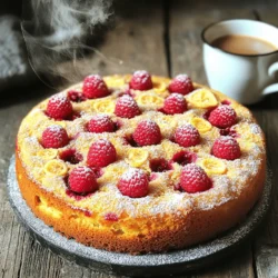 - 1 cup all-purpose flour - 1/2 cup granulated sugar - 1/2 teaspoon baking powder - 1/2 teaspoon baking soda - 1/4 teaspoon salt - 1/4 cup unsalted butter, softened - 1 large egg - 1/4 cup buttermilk - Zest of 1 lemon - 2 tablespoons fresh lemon juice - 1 cup fresh raspberries - 1/4 cup powdered sugar (for topping) For those using metric measurements, here are some quick conversions: - 1 cup all-purpose flour = 125 grams - 1/2 cup granulated sugar = 100 grams - 1/4 cup unsalted butter = 57 grams - 1/4 cup buttermilk = 60 milliliters - 1 large egg = about 50 grams To measure accurately, always level off dry ingredients with a straight edge. Use a liquid measuring cup for wet ingredients. This way, you ensure your cake will rise just right. These ingredients combine to create a moist and flavorful coffee cake. The tart raspberries and bright lemon zest make it a delightful treat. Enjoy the process of gathering your ingredients. It sets the stage for a wonderful baking experience! Start by preheating your oven to 350°F (175°C). This is key for even baking. Next, take an 8-inch square baking pan. You can grease it or line it with parchment paper to prevent sticking. For ingredient prep, measure your items carefully. Use the right cups for dry and wet ingredients. This helps your cake rise well. Always fluff the flour with a spoon before measuring. This ensures you don’t pack it down. In a mixing bowl, whisk together the flour, baking powder, baking soda, and salt. This helps the dry ingredients mix well. In another bowl, cream the softened butter and granulated sugar until light and fluffy. You can use a hand mixer or a stand mixer for this part. Next, add the egg, buttermilk, lemon juice, and lemon zest to the butter-sugar mix. Stir until combined. Gradually add the dry mix to the wet mix. Be sure to mix gently. Overmixing can make your cake tough. Once combined, gently fold in the fresh raspberries. This keeps them whole and juicy in the batter. Pour the batter into the prepared pan. Spread it evenly for uniform baking. Bake your coffee cake for 25 to 30 minutes. A toothpick test is a great way to check if it’s done. Insert it into the center; it should come out clean. When baked, take the cake out of the oven. Let it cool in the pan for about 10 minutes. Then, transfer it to a wire rack to cool completely. After it cools, dust the top with powdered sugar for that sweet touch. To make a light and fluffy cake, use softened butter. Cream it well with sugar. This adds air, which helps the cake rise. Make sure your egg and buttermilk are at room temperature. Cold ingredients can make your cake dense. This coffee cake goes great with coffee or tea. The tartness of the raspberries pairs well with these drinks. For a pretty presentation, serve warm with a dusting of powdered sugar. Add some fresh raspberries on the side for color and charm. After baking, wash your mixing bowls and spatulas right away. This makes cleanup easy. For your baking pans, soak them in warm soapy water. Scrub gently if needed, but avoid harsh tools. Keeping your gear clean helps them last longer. {{image_2}} You can switch up the fruit in this cake. Try blueberries, blackberries, or diced peaches. Each fruit brings its unique taste. Mixing flavors can add a fun twist to your coffee cake. Adding spices can also enhance flavor. Consider cinnamon or nutmeg for warmth. A dash of ginger gives a nice zing. You can even add a bit of vanilla for extra depth. If you need a gluten-free option, use gluten-free flour. Almond flour or coconut flour works well too. Just remember to adjust the liquid in the recipe. For a vegan version, replace the egg with a flaxseed egg. Mix one tablespoon of flaxseed meal with three tablespoons of water. Let it sit for a few minutes to thicken. You can also use almond milk instead of buttermilk for a creamy texture. To keep your Lemon Raspberry Coffee Cake fresh, store it in an airtight container. This helps prevent it from drying out. You can also wrap it tightly in plastic wrap. If you have a slice or two left, place them in a small container. Make sure the lid seals well. Store the cake at room temperature for up to two days. If you need to keep it longer, refrigerate it for about a week. To reheat the cake, preheat your oven to 350°F (175°C). Place the cake on a baking sheet. Cover it with aluminum foil to keep moisture in. Heat for about 10-15 minutes. You can also use the microwave. Heat a slice for 15-20 seconds. Check if it’s warm enough. Avoid overheating, as this can dry it out. To freeze your coffee cake, first let it cool completely. Then, wrap it tightly in plastic wrap. After that, place it in a freezer bag. Be sure to remove as much air as you can. Label the bag with the date. You can freeze it for up to three months. When you're ready to enjoy it, thaw it in the fridge overnight. For best taste, reheat it before serving. Yes, you can use frozen raspberries. They work well in this recipe. Just be sure to add them while still frozen. This way, they won't turn mushy in the batter. Gently fold the frozen raspberries into the batter with care. You might want to reduce the baking time by a few minutes. Check the cake for doneness as it cooks. Look for a few key signs. The edges should pull away from the sides of the pan. The top will be golden brown and firm to the touch. Insert a toothpick into the center. If it comes out clean or with a few moist crumbs, your cake is ready. Baking usually takes about 25-30 minutes. Pair this cake with a warm cup of coffee or tea. The bright lemon and sweet raspberry flavors complement each other nicely. A dollop of whipped cream adds creaminess. You can also serve it with fresh raspberries on the side for a pop of color. Enjoying it warm makes the flavors shine even more! This recipe for Lemon Raspberry Coffee Cake is a delicious treat to enjoy. You learned the ingredients, how to prepare and bake it, and tips for great results. Remember, using fresh ingredients and following the steps closely will give you the best flavor and texture. Don’t forget to explore variations and storage tips for lasting enjoyment. Baking is fun and rewarding, so dive in and enjoy every bite of your cake!