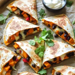 To make flavorful Sheet Pan Sweet Potato Black Bean Quesadillas, gather these key ingredients: - 2 large sweet potatoes, peeled and diced - 1 can black beans, rinsed and drained - 1 red bell pepper, diced - 1 small red onion, diced - 1 teaspoon cumin - 1 teaspoon smoked paprika - ½ teaspoon chili powder - Salt and pepper to taste - 6 large flour tortillas - 1 cup shredded cheese (cheddar or a blend) - 2 tablespoons olive oil - Fresh cilantro, chopped (for garnish) - Sour cream or Greek yogurt (for serving) Each ingredient plays a big role in creating the taste you’ll love. Sweet potatoes bring a natural sweetness and a creamy texture. Black beans add protein and a hearty feel. The red bell pepper gives a nice crunch, while the red onion adds a mild bite. Spices like cumin, smoked paprika, and chili powder create warmth and depth. The tortillas hold everything together, and the cheese melts to create a gooey, delicious filling. Olive oil helps in roasting the veggies to perfection. Finally, fresh cilantro and a dollop of sour cream or Greek yogurt add a fresh finish to your meal. These ingredients combine to make a filling dish that is both healthy and satisfying. Feel free to explore additional toppings or sides to make it your own! First, preheat your oven to 425°F (220°C). This step is key for a nice crisp. Next, line a large baking sheet with parchment paper. This helps with easy cleanup and prevents sticking. In a big mixing bowl, combine these ingredients: - 2 large sweet potatoes, peeled and diced - 1 can black beans, rinsed and drained - 1 red bell pepper, diced - 1 small red onion, diced - 1 teaspoon cumin - 1 teaspoon smoked paprika - ½ teaspoon chili powder - Salt and pepper to taste - 2 tablespoons olive oil Toss everything until the sweet potatoes and veggies are well coated. This mix packs in lots of flavor! Spread the veggie mixture evenly on your baking sheet. The even spread helps them roast well. Place it in the oven for about 25-30 minutes. Stir halfway through to ensure even cooking. You want the sweet potatoes to be tender and lightly browned. Once the filling cools slightly, it's time to assemble. Grab a tortilla and lay it flat. Sprinkle half of it with the roasted veggie mix. Then, add a generous amount of shredded cheese on top. Fold the tortilla in half, creating a semi-circle. Make sure the filling is inside. Repeat this with the remaining tortillas and filling. It’s a fun and simple way to build your quesadillas! Place the folded quesadillas on a new baking sheet. Lightly brush or spray the tops with olive oil. This helps with crispiness. Bake them in the oven for 10-12 minutes. Flip them halfway through for even browning. You want them golden brown and crispy. When they are done, take them out and let them rest for a few minutes. Cut each quesadilla into wedges. For a nice touch, arrange the wedges on a platter. Sprinkle with fresh cilantro for color. Serve with small bowls of sour cream or Greek yogurt for dipping. This adds a creamy, tangy flavor that pairs well! - Ensuring even cooking: Spread the veggie mixture in a single layer. This helps the sweet potatoes cook nicely. Stir halfway through to mix the flavors and heat evenly. Keep an eye on them to avoid burning. - Achieving the perfect crispy quesadilla: Brush both sides of the folded quesadillas with olive oil. This gives them a nice golden color. Bake until they are crispy, flipping them halfway through for even browning. - Suggestions for spice adjustments: If you like heat, add more chili powder or some diced jalapeños. For a warm flavor, increase the cumin. Taste the veggie mix before filling the tortillas to get your perfect spice level. - Additional toppings for more flavor: Top the quesadillas with fresh avocado, pico de gallo, or a squeeze of lime. You can also add a sprinkle of feta cheese for a tangy kick. Try serving with salsa or guacamole for extra taste. {{image_2}} You can easily change things up in this recipe. - Alternative vegetables: Instead of sweet potatoes, try zucchini or butternut squash. They add a nice texture and flavor. You can also use spinach or kale for a green boost. Each choice brings its own taste. - Different beans or proteins: If you want to swap black beans, consider pinto beans or chickpeas. For a protein punch, add cooked chicken or turkey. This keeps it filling and adds variety. Making this dish fit your diet is simple. - Vegetarian and vegan options: This recipe is already vegetarian. To make it vegan, use dairy-free cheese. You can also skip the cheese for a lighter option. - Gluten-free tortilla suggestions: For gluten-free quesadillas, choose corn tortillas or gluten-free flour tortillas. They hold up well and taste great. Just make sure to check the labels for gluten. To store leftovers, let the quesadillas cool to room temperature. Then, place them in an airtight container. You can also wrap them in plastic wrap or foil. This keeps them fresh and prevents drying out. The cooked quesadillas last about 3 to 4 days in the fridge. For freezing, I recommend wrapping each quesadilla in plastic wrap. Then, place them in a freezer bag. Squeeze out extra air to avoid freezer burn. They can stay good in the freezer for up to 2 months. When you are ready to eat, reheat them in the oven or a toaster oven. Bake at 350°F (175°C) for about 15-20 minutes until warm. You can also use a microwave for a quicker option, but the oven gives better crispness. To make these quesadillas, start by preheating your oven to 425°F (220°C). Line a large baking sheet with parchment paper. In a bowl, combine diced sweet potatoes, black beans, red bell pepper, red onion, spices, and olive oil. Toss until coated. Spread this mixture on the baking sheet and roast for 25-30 minutes until the sweet potatoes are soft. Let it cool slightly, then layer the roasted veggies and cheese on tortillas. Fold and bake them for another 10-12 minutes until golden. Yes! You can swap sweet potatoes for other veggies like zucchini or corn. Use different beans, like pinto or kidney beans, for a new taste. You can also add proteins like chicken or tofu. If you want more spice, add jalapeños or extra chili powder. This recipe is flexible to fit your cravings. These quesadillas pair well with many sides. Serve with fresh guacamole or salsa for a tasty dip. A simple salad with lime dressing complements the dish nicely. You can also add sour cream or Greek yogurt for creaminess. These sides elevate your meal and add variety. Leftovers can last 3-4 days in the fridge. Store them in an airtight container to keep them fresh. If you want to save them longer, freeze them for up to 2 months. To reheat, bake them in the oven or use a skillet for the best taste and texture. This blog post shared a simple way to make sheet pan sweet potato black bean quesadillas. You learned about the key ingredients like sweet potatoes, black beans, and tortillas. I covered how to roast the filling, assemble, and bake the quesadillas for crispiness. Remember, you can customize the recipe with your favorite veggies or proteins. Enjoy leftovers by storing or freezing them properly. With these tips, you can make delicious quesadillas any time. Happy cooking!