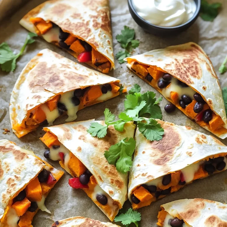 To make flavorful Sheet Pan Sweet Potato Black Bean Quesadillas, gather these key ingredients: - 2 large sweet potatoes, peeled and diced - 1 can black beans, rinsed and drained - 1 red bell pepper, diced - 1 small red onion, diced - 1 teaspoon cumin - 1 teaspoon smoked paprika - ½ teaspoon chili powder - Salt and pepper to taste - 6 large flour tortillas - 1 cup shredded cheese (cheddar or a blend) - 2 tablespoons olive oil - Fresh cilantro, chopped (for garnish) - Sour cream or Greek yogurt (for serving) Each ingredient plays a big role in creating the taste you’ll love. Sweet potatoes bring a natural sweetness and a creamy texture. Black beans add protein and a hearty feel. The red bell pepper gives a nice crunch, while the red onion adds a mild bite. Spices like cumin, smoked paprika, and chili powder create warmth and depth. The tortillas hold everything together, and the cheese melts to create a gooey, delicious filling. Olive oil helps in roasting the veggies to perfection. Finally, fresh cilantro and a dollop of sour cream or Greek yogurt add a fresh finish to your meal. These ingredients combine to make a filling dish that is both healthy and satisfying. Feel free to explore additional toppings or sides to make it your own! First, preheat your oven to 425°F (220°C). This step is key for a nice crisp. Next, line a large baking sheet with parchment paper. This helps with easy cleanup and prevents sticking. In a big mixing bowl, combine these ingredients: - 2 large sweet potatoes, peeled and diced - 1 can black beans, rinsed and drained - 1 red bell pepper, diced - 1 small red onion, diced - 1 teaspoon cumin - 1 teaspoon smoked paprika - ½ teaspoon chili powder - Salt and pepper to taste - 2 tablespoons olive oil Toss everything until the sweet potatoes and veggies are well coated. This mix packs in lots of flavor! Spread the veggie mixture evenly on your baking sheet. The even spread helps them roast well. Place it in the oven for about 25-30 minutes. Stir halfway through to ensure even cooking. You want the sweet potatoes to be tender and lightly browned. Once the filling cools slightly, it's time to assemble. Grab a tortilla and lay it flat. Sprinkle half of it with the roasted veggie mix. Then, add a generous amount of shredded cheese on top. Fold the tortilla in half, creating a semi-circle. Make sure the filling is inside. Repeat this with the remaining tortillas and filling. It’s a fun and simple way to build your quesadillas! Place the folded quesadillas on a new baking sheet. Lightly brush or spray the tops with olive oil. This helps with crispiness. Bake them in the oven for 10-12 minutes. Flip them halfway through for even browning. You want them golden brown and crispy. When they are done, take them out and let them rest for a few minutes. Cut each quesadilla into wedges. For a nice touch, arrange the wedges on a platter. Sprinkle with fresh cilantro for color. Serve with small bowls of sour cream or Greek yogurt for dipping. This adds a creamy, tangy flavor that pairs well! - Ensuring even cooking: Spread the veggie mixture in a single layer. This helps the sweet potatoes cook nicely. Stir halfway through to mix the flavors and heat evenly. Keep an eye on them to avoid burning. - Achieving the perfect crispy quesadilla: Brush both sides of the folded quesadillas with olive oil. This gives them a nice golden color. Bake until they are crispy, flipping them halfway through for even browning. - Suggestions for spice adjustments: If you like heat, add more chili powder or some diced jalapeños. For a warm flavor, increase the cumin. Taste the veggie mix before filling the tortillas to get your perfect spice level. - Additional toppings for more flavor: Top the quesadillas with fresh avocado, pico de gallo, or a squeeze of lime. You can also add a sprinkle of feta cheese for a tangy kick. Try serving with salsa or guacamole for extra taste. {{image_2}} You can easily change things up in this recipe. - Alternative vegetables: Instead of sweet potatoes, try zucchini or butternut squash. They add a nice texture and flavor. You can also use spinach or kale for a green boost. Each choice brings its own taste. - Different beans or proteins: If you want to swap black beans, consider pinto beans or chickpeas. For a protein punch, add cooked chicken or turkey. This keeps it filling and adds variety. Making this dish fit your diet is simple. - Vegetarian and vegan options: This recipe is already vegetarian. To make it vegan, use dairy-free cheese. You can also skip the cheese for a lighter option. - Gluten-free tortilla suggestions: For gluten-free quesadillas, choose corn tortillas or gluten-free flour tortillas. They hold up well and taste great. Just make sure to check the labels for gluten. To store leftovers, let the quesadillas cool to room temperature. Then, place them in an airtight container. You can also wrap them in plastic wrap or foil. This keeps them fresh and prevents drying out. The cooked quesadillas last about 3 to 4 days in the fridge. For freezing, I recommend wrapping each quesadilla in plastic wrap. Then, place them in a freezer bag. Squeeze out extra air to avoid freezer burn. They can stay good in the freezer for up to 2 months. When you are ready to eat, reheat them in the oven or a toaster oven. Bake at 350°F (175°C) for about 15-20 minutes until warm. You can also use a microwave for a quicker option, but the oven gives better crispness. To make these quesadillas, start by preheating your oven to 425°F (220°C). Line a large baking sheet with parchment paper. In a bowl, combine diced sweet potatoes, black beans, red bell pepper, red onion, spices, and olive oil. Toss until coated. Spread this mixture on the baking sheet and roast for 25-30 minutes until the sweet potatoes are soft. Let it cool slightly, then layer the roasted veggies and cheese on tortillas. Fold and bake them for another 10-12 minutes until golden. Yes! You can swap sweet potatoes for other veggies like zucchini or corn. Use different beans, like pinto or kidney beans, for a new taste. You can also add proteins like chicken or tofu. If you want more spice, add jalapeños or extra chili powder. This recipe is flexible to fit your cravings. These quesadillas pair well with many sides. Serve with fresh guacamole or salsa for a tasty dip. A simple salad with lime dressing complements the dish nicely. You can also add sour cream or Greek yogurt for creaminess. These sides elevate your meal and add variety. Leftovers can last 3-4 days in the fridge. Store them in an airtight container to keep them fresh. If you want to save them longer, freeze them for up to 2 months. To reheat, bake them in the oven or use a skillet for the best taste and texture. This blog post shared a simple way to make sheet pan sweet potato black bean quesadillas. You learned about the key ingredients like sweet potatoes, black beans, and tortillas. I covered how to roast the filling, assemble, and bake the quesadillas for crispiness. Remember, you can customize the recipe with your favorite veggies or proteins. Enjoy leftovers by storing or freezing them properly. With these tips, you can make delicious quesadillas any time. Happy cooking!