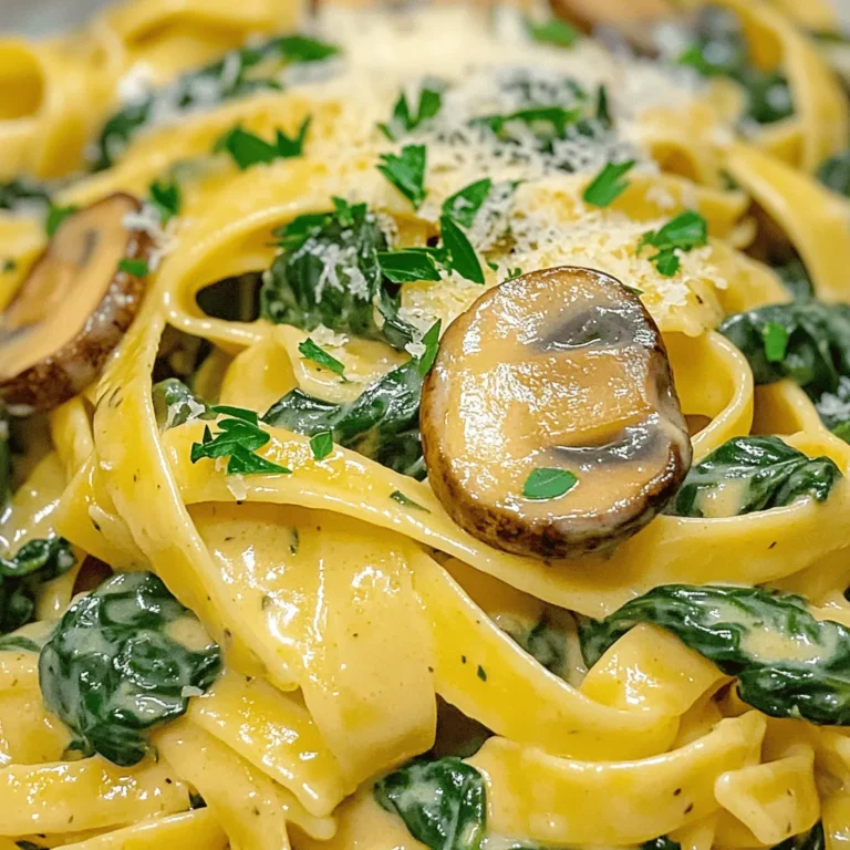 - 8 oz (225 g) fettuccine or spaghetti - 2 cups fresh spinach, roughly chopped - 1 cup mushrooms, sliced (button or cremini) - 1 medium onion, finely chopped - 3 cloves garlic, minced - 1 cup heavy cream - 1/2 cup grated parmesan cheese - 2 tablespoons olive oil - 1 teaspoon dried oregano - Salt and pepper to taste - Fresh parsley or basil for garnish Gathering the right ingredients makes cooking easier. You will need pasta as the base. Fettuccine or spaghetti works well. Fresh spinach adds color and nutrition. Choose button or cremini mushrooms for a tasty boost. You’ll also need an onion and garlic for flavor. They create a wonderful aroma when cooked. Heavy cream gives the dish its creamy texture. Parmesan cheese adds richness and depth. Olive oil acts as the cooking fat. Dried oregano brings in an earthy taste. Lastly, don’t forget salt and pepper to season. Fresh herbs like parsley or basil make an excellent garnish. They add a pop of flavor and color to your dish. To cook fettuccine or spaghetti, start with a big pot. Fill it with water and add salt. Bring the water to a boil. Add your pasta and cook it as the package says. You want it to be al dente, which means it should be firm but not hard. To check, bite a piece. If it feels right, it’s done! Remember to save one cup of pasta water before draining. This water helps to make your sauce creamy. Now, let’s sauté some veggies. Heat olive oil in a big skillet over medium heat. Add the chopped onion first. Cook it for about 3-4 minutes. You want it to be soft and see-through. Next, stir in minced garlic and cook for one more minute. Garlic adds a nice smell. Then, add the sliced mushrooms. Cook them for 5-6 minutes until they are soft and brown. Mushrooms need just the right time to cook. If you rush, they can become rubbery. It’s time to make the cream sauce. Lower the heat in your skillet and pour in the heavy cream. Stir it well. Then add grated parmesan cheese and dried oregano. Season with salt and pepper. Keep stirring until the cheese melts and the sauce is creamy. Now, add your cooked pasta to the skillet. Mix everything together well. If the sauce feels too thick, use the reserved pasta water to thin it. Just add it slowly until you like the sauce’s texture. To make the sauce creamy, always use heavy cream. Heat it slowly to avoid curdling. Stir in the parmesan cheese while the cream is warm. This helps it melt smoothly. If the sauce is too thick, use reserved pasta water. Add a little bit at a time until you get the right consistency. For flavor balance, taste as you cook. Start with salt and pepper. Add a pinch of salt, then mix well. If it needs more, add just a bit more. Oregano gives a nice touch, but go easy. You want the flavors to blend, not overwhelm. You can make this dish in advance. Cook the pasta and sauce separately. Store them in airtight containers in the fridge. When you are ready to eat, warm the sauce in a skillet. Add the pasta and mix well. To reheat creamy pasta, use low heat. This keeps the sauce from separating. Add a splash of cream or pasta water to help it stay creamy. Stir often as it warms to keep everything mixed well. Enjoy your delicious meal! {{image_2}} You can swap heavy cream for a lighter option like Greek yogurt or almond milk. This change will still give you a creamy sauce without the extra fat. If you want more protein, add cooked chicken or shrimp. These additions make the dish heartier and more filling. Feel free to get creative with veggies. You can add bell peppers, zucchini, or cherry tomatoes for extra flavor and color. If you want to make this dish vegetarian or vegan, simply use plant-based cream or tofu instead of heavy cream and cheese. This keeps the dish tasty while meeting dietary needs. To keep your creamy spinach mushroom pasta fresh, store it in an airtight container. Make sure the pasta has cooled down to room temperature before sealing it up. This helps prevent moisture buildup, which can make the pasta soggy. You can place the container in the fridge for up to three days. Here are some great storage tips: - Use glass or plastic containers with tight lids. - Avoid aluminum foil, as it can react with the cream. - Label the container with the date to keep track of freshness. You can freeze creamy pasta, but it may change a bit in texture. The sauce can separate when thawed, but it will still taste good. To freeze, use a freezer-safe container. Leave some space at the top for the pasta to expand. You can freeze it for up to three months. When you're ready to eat, follow these steps: 1. Thaw the pasta overnight in the fridge. 2. Reheat it slowly in a skillet over low heat. 3. Add a splash of cream or reserved pasta water to help revive the sauce. Enjoy your creamy spinach mushroom pasta even after a few days! I love using fettuccine or spaghetti for creamy spinach mushroom pasta. Fettuccine has a nice width that holds the sauce well. Spaghetti is also great for a lighter feel. Both options will give you a delicious and satisfying meal. You can choose based on your mood or what you have at home! Yes, you can use frozen spinach! Just make sure to thaw and drain it well before adding. Frozen spinach often has a softer texture, but it still works nicely in this dish. It saves time and still adds that lovely green color and flavor. To make creamy spinach mushroom pasta gluten-free, swap regular pasta for gluten-free pasta. Many brands offer great options. You can find rice pasta, chickpea pasta, or even lentil pasta. Just cook them according to the package. The creamy sauce will still shine through! This pasta pairs well with a crisp salad or garlic bread. A simple green salad with vinaigrette is refreshing. Garlic bread adds a nice crunch to the meal. You can also serve it with grilled chicken or shrimp for extra protein. Enjoy your meal! This recipe for creamy spinach and mushroom pasta combines fresh ingredients with simple steps. We discussed how to cook the pasta, sauté the vegetables, and mix in a rich cream sauce. I shared tips for perfecting the sauce, storing leftovers, and meal prep. Remember, you can customize the dish with different veggies or proteins. No matter how you make it, this meal will impress. Enjoy making your pasta dish and experimenting with flavors!