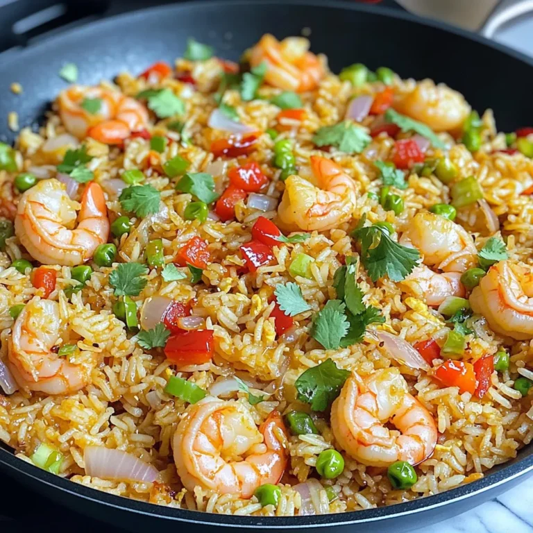 For this Spicy Garlic Shrimp Fried Rice, you will need: - 1 cup cooked jasmine rice (preferably cold) - 200g shrimp (peeled and deveined) - 3 cloves garlic, minced - 1 small onion, diced - 1 red bell pepper, diced - 2 green onions, chopped - 2 tablespoons soy sauce - 1 tablespoon sriracha (adjust to taste) - 1 tablespoon sesame oil - 1 egg, beaten - Salt and pepper to taste - Fresh cilantro for garnish Using cold rice is key for this dish. When rice cools down, it firms up. This helps the grains stay separate when you fry them. Warm rice can clump together, making it mushy. Cold jasmine rice gives you that perfect texture. It absorbs flavors well while keeping its shape. For the best shrimp, start with fresh or thawed shrimp. Peel and devein them before cooking. This saves time and ensures they taste great. Rinse the shrimp under cold water to remove any grit. Pat them dry with a paper towel. This helps them sear better in the hot pan. Season the shrimp lightly with salt and pepper before cooking for added flavor. Start by heating 1 tablespoon of sesame oil in a large non-stick skillet. Use medium-high heat to warm the oil. This will help bring out the flavor. Next, add 3 cloves of minced garlic and 1 small diced onion. Sauté these for about 1 minute. You want them to smell great and become a bit clear. Now, toss in 200 grams of peeled and deveined shrimp. Cook them for about 2-3 minutes. They will turn pink and look opaque when done. Then, stir in 1 diced red bell pepper. Cook for another 2 minutes. This will soften the bell pepper and add nice color. Now, it's time to add 1 cup of cold jasmine rice. Break up any clumps as you stir. Mix well to combine everything. Drizzle 2 tablespoons of soy sauce and 1 tablespoon of sriracha over the rice. Stir to coat all the ingredients well. Taste and add salt and pepper as needed. Push the rice to one side of the pan. Pour 1 beaten egg into the empty spot. Scramble it until fully cooked. Then mix it into the rice. Finally, take the pan off the heat. Stir in 2 chopped green onions. Garnish with fresh cilantro to make it look bright and tasty. To get the right spice level, start with one tablespoon of sriracha. This gives a nice kick without being too hot. If you love heat, add more sriracha. Taste as you go. You can also mix in red pepper flakes for extra spice. Remember, you can always add more, but you can't take it out. For this recipe, I recommend using jasmine rice. It has a nice aroma and a fluffy texture. Make sure the rice is cold. Cold rice helps to prevent clumps and keeps it fluffy. You can also use basmati rice if you prefer. Just avoid sticky rice, as it won't give you the right texture. To make your fried rice fluffy, use a non-stick skillet or wok. Heat the pan well before adding the oil. This helps to fry the rice instead of steaming it. Break up any clumps of cold rice with your hands before adding it to the pan. Stir gently to mix everything without squishing the rice. Scrambling the egg separately also keeps it fluffy. {{image_2}} You can switch shrimp for chicken, beef, or tofu. Chicken adds a nice texture. Beef gives a hearty flavor. Tofu is great for a vegetarian option. Each protein works well with the spices. Adjust cooking times based on the protein you choose. Cook chicken until it’s fully done. Beef needs to be tender. Tofu should be heated through. Feel free to change up the veggies! Broccoli, carrots, or peas all work well. You could also use corn for sweetness. Each vegetable brings its own taste. Just chop them into small pieces for even cooking. Add them after the shrimp for a perfect fit. This gives a colorful and healthy dish. Mix and match to suit your taste. Soy sauce is a must, but try others too! Teriyaki sauce adds a sweet twist. Oyster sauce gives a rich, deep flavor. If you like heat, add more sriracha or chili sauce. You can also mix in some lime juice for brightness. These sauces will change the dish in a fun way. Always taste as you go to find your perfect mix. To keep your spicy garlic shrimp fried rice fresh, let it cool first. Then, place it in an airtight container. Make sure to store it in the fridge. It will stay good for about 3 days. If you want to save it longer, consider freezing it. When you’re ready to eat leftovers, reheat them on the stove. Use a non-stick skillet for the best results. Add a splash of water or oil to keep it moist. Heat over medium heat for about 5-7 minutes, stirring often. You can also use a microwave, but it may not taste as fresh. For freezing, portion out the fried rice into smaller containers. This makes it easy to thaw only what you need. Use freezer-safe bags or containers to avoid freezer burn. It can last up to 2 months in the freezer. When you’re ready to eat, thaw it overnight in the fridge. Then, reheat as mentioned above. Yes, you can use frozen shrimp. Just thaw them before cooking. Place them in cold water for about 10-15 minutes. This way, they cook evenly. If you use frozen shrimp, adjust cooking time slightly. To reduce the spice, cut back on sriracha. You can start with just a teaspoon. Taste as you cook, and add more if you want. Another option is to add a bit of sugar. This helps balance the heat. Jasmine rice is the best choice for fried rice. It has a lovely aroma and a fluffy texture. Make sure your rice is cold when you use it. This helps it fry up nicely without clumping. Absolutely! You can swap shrimp for tofu or mushrooms. Use the same cooking steps. For extra flavor, add more veggies like carrots or peas. Just remember to adjust seasonings according to taste. In this post, we explored the key ingredients, preparation, and cooking steps for making shrimp fried rice. Using cold rice is vital for the perfect texture. I shared tips for adjusting spice levels, choosing rice types, and cooking techniques. You can easily vary the recipe with different proteins and veggies. Plus, I covered storage and reheating methods to keep leftovers tasty. With these insights, you can enjoy cooking and serving your own delicious shrimp fried rice. Try it out and make it your own!