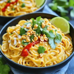 To make Minute Spicy Peanut Noodles, gather these key ingredients: - 8 oz. noodles (rice noodles or spaghetti) - 1/4 cup creamy peanut butter - 2 tablespoons soy sauce (low sodium) - 2 tablespoons sriracha (adjust to taste) - 1 tablespoon maple syrup (or honey) - 1 tablespoon sesame oil - 1 clove garlic, minced - 1 teaspoon fresh ginger, grated - 1/4 cup green onions, chopped - 1/4 cup crushed peanuts (for garnish) - Fresh cilantro (for garnish) - Lime wedges (for serving) These ingredients create a rich, spicy flavor that makes this dish shine. You can swap out some ingredients if needed: - Use whole wheat noodles for a healthier option. - Almond butter works well if you don’t have peanut butter. - Coconut aminos can replace soy sauce for a gluten-free choice. - Agave syrup can be used instead of maple syrup for sweetness. These swaps maintain taste while fitting your needs. Garnishes add fun and flavor: - Top with crushed peanuts for extra crunch. - Fresh cilantro gives a burst of freshness. - Lime wedges add a zesty kick. Feel free to get creative with your garnishes! First, bring a large pot of water to a boil. Add 8 oz. of noodles. You can use rice noodles or spaghetti. Cook the noodles according to the package instructions until they are al dente. This usually takes about 4 to 6 minutes. Once done, drain the noodles in a colander. Set them aside, but don't rinse them. This keeps the starch, helping the sauce stick better. In a small bowl, gather your ingredients for the sauce. Add 1/4 cup of creamy peanut butter. Then, mix in 2 tablespoons of low-sodium soy sauce. Next, add 2 tablespoons of sriracha. Adjust this based on how spicy you want it. For some sweetness, add 1 tablespoon of maple syrup or honey. Then, pour in 1 tablespoon of sesame oil. Finally, add 1 clove of minced garlic and 1 teaspoon of grated fresh ginger. Whisk everything together until it is smooth and creamy. In the same pot where you cooked the noodles, add the drained noodles back in. Pour the peanut sauce over the noodles. Toss everything well to coat the noodles evenly in the sauce. Stir in 1/4 cup of chopped green onions for freshness. Serve the noodles in deep bowls. Top each bowl with 1/4 cup of crushed peanuts and some fresh cilantro. Don’t forget to squeeze a lime wedge over the top for a burst of flavor. Enjoy your quick and flavorful meal! To get the sauce just right, mix the peanut butter well. Start with creamy peanut butter for smoothness. If the sauce is too thick, add a little water or more soy sauce. This will help it coat the noodles better. Keep mixing until it looks glossy and smooth. These spicy peanut noodles taste great with many sides. Try serving them with grilled chicken or sautéed shrimp for protein. You can also add steamed broccoli or snap peas for crunch. Fresh cucumber slices add a nice coolness to balance the spice. Lime wedges are perfect for a zesty touch. Using the right tools makes cooking fun! A large pot for boiling noodles is essential. A whisk is great for mixing the sauce smoothly. Use a sharp knife for chopping green onions and garlic. Don’t forget a large bowl for tossing everything together. Having these tools on hand speeds up your cooking time. {{image_2}} You can easily add protein to your Minute Spicy Peanut Noodles. Chicken, tofu, or shrimp work great. For chicken, use cooked, shredded meat. If you prefer tofu, use firm tofu and cut it into cubes. Sauté the tofu until golden before mixing it in. Shrimp is another quick option. Just cook shrimp in a pan until they turn pink. Mix your chosen protein with the noodles and sauce for a hearty meal. If you want a vegetarian or vegan dish, skip the chicken or shrimp. You can add more veggies instead. Try bell peppers, carrots, or snap peas for crunch. Adding mushrooms gives a nice umami flavor. For a vegan twist, ensure your maple syrup is 100% pure and check your soy sauce for additives. These changes make the dish healthy and satisfying without meat. Want to kick up the flavor? Add extra spices or veggies! Red pepper flakes can boost the heat. You can also try a splash of lime juice for zest. Sauté garlic and onions with your veggies to add depth. Fresh herbs like basil or mint can make your dish pop, too. Experiment with your favorite flavors to make each serving unique. To store leftover Minute Spicy Peanut Noodles, first let them cool down. Place the noodles in an airtight container. Make sure to cover them well to keep moisture in. You can keep them in the fridge for up to three days. This way, you can enjoy this tasty dish later! When you’re ready to eat, you can reheat the noodles easily. Use a microwave-safe bowl and add a splash of water. This helps keep the noodles from drying out. Heat in short bursts of 30 seconds, stirring in between. You can also reheat them in a skillet over medium heat. Just add a little sesame oil or water to keep them moist. If you want to keep your noodles longer, freezing is a great choice. Portion the noodles into small containers or zip-top bags. Make sure to remove as much air as possible. They can last up to three months in the freezer. When you’re ready to eat, just thaw them overnight in the fridge. Reheat as mentioned earlier for a quick meal. Yes, you can use other noodles. Rice noodles and spaghetti work well. You can also try soba noodles or udon. Each type brings its own flavor and texture. Just make sure to cook them as per the package instructions. This way, you get the best taste and feel for your dish. To reduce the spice, cut back on sriracha. Start with one teaspoon instead of two. You can also add more peanut butter to balance the heat. Mixing in a bit of sugar or maple syrup helps too. If you want, serve the dish with lime wedges on the side. Lime juice can help tone down the spice as well. Spicy peanut noodles go well with many dishes. Try serving them with grilled chicken or tofu for protein. A simple side salad adds freshness and crunch. You can also serve steamed veggies for a healthy touch. For a full meal, pair it with spring rolls or dumplings. These options complement the flavors nicely. This blog post covered everything you need for spicy peanut noodles. We explored key ingredients, cooking steps, and handy tips. You learned how to make the sauce just right and what tools help in the kitchen. We also looked at tasty variations and smart ways to store leftovers. To wrap it up, these noodles are fun to make and customize. With practice, you’ll create a dish your friends and family will love. Enjoy your cooking journey with these delicious flavors!