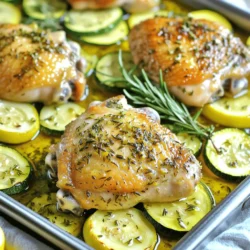 - 4 boneless, skinless chicken thighs - 2 medium zucchinis, sliced into half-moons - 1 lemon (zested and juiced) - 4 cloves garlic, minced - 2 tablespoons olive oil - 1 teaspoon dried oregano - 1 teaspoon dried thyme - Salt and pepper to taste - Fresh rosemary sprigs for garnish Gather these fresh ingredients before you start. The chicken thighs provide a juicy base. The zucchini adds color and crunch. Lemon brightens the flavors with its zest and juice. Garlic gives a savory touch. Olive oil helps everything cook evenly. Using dried oregano and thyme brings depth. Don't forget salt and pepper for seasoning. These simple items combine to create a delightful dish. Fresh rosemary at the end adds a pop of flavor. Enjoy the process of cooking with these fresh ingredients! To prepare the chicken, first, make a marinade. In a large bowl, mix olive oil, lemon juice, lemon zest, minced garlic, oregano, thyme, salt, and pepper. This mix adds a bright flavor. Next, add the chicken thighs to the bowl. Make sure each piece is well coated. Let the chicken marinate for at least 15 minutes. You can also marinate it for up to 2 hours in the fridge for deeper flavor. Now, let's slice the zucchini. Cut them into half-moons, about half an inch thick. This size helps them cook evenly. In another bowl, season the zucchini with a little olive oil, salt, and pepper. Toss them gently to coat. This step enhances their taste and keeps them tender. Grab a baking sheet and line it with parchment paper or foil. This makes cleanup easy. Place the marinated chicken thighs on one side of the sheet pan. Spread the seasoned zucchini on the other side. Make sure there is space between them for even cooking. Set your oven to 400°F (200°C) and roast everything for 25-30 minutes. The chicken should reach an internal temperature of 165°F (74°C). The zucchini will become tender and slightly caramelized. For a nice finish, broil the chicken and zucchini for an extra 2-3 minutes. This gives them a lovely golden color. After that, let everything rest for 5 minutes before serving. Enjoy your meal! To create a great marinade, adjust spices and herbs to your taste. You can add more garlic for a stronger flavor or extra lemon zest for brightness. The key is to find a balance that excites your palate. Marinating time is also key. Aim for at least 15 minutes to let the flavors soak in. For deeper flavor, marinate for up to 2 hours in the fridge. Broiling at the end gives your dish a nice golden finish. To broil, set your oven to high and watch closely. This step adds color and a bit of crunch. Always check chicken doneness with a meat thermometer. It should read 165°F (74°C) for safe eating. Fresh herbs can elevate your dish. Use rosemary for a fragrant touch. Chopped parsley can also add color. For sides, consider serving with rice or a simple salad. These pair well and complete your meal beautifully. {{image_2}} You can add more vegetables to your sheet pan dish. Seasonal veggies work best. Here are some great choices: - Bell peppers - Cherry tomatoes - Red onion - Carrots These add color and flavor. They also boost nutrition. Just cut them into similar sizes to the zucchini. Toss them lightly with olive oil, salt, and pepper before adding to the sheet pan. If you want to switch up the protein, try these options: - Boneless, skinless chicken breasts - Salmon fillets - Tofu cubes Each protein brings its own taste. Adjust the cooking time as needed. For example, salmon cooks faster than chicken. Make sure it reaches the right temperature for safety. Feel free to play with flavors. Here are some ideas: - Use fresh herbs like basil or parsley. - Add spices like paprika or cumin. - Mix in a splash of balsamic vinegar for a tangy kick. Experimenting can lead to new favorites. Try different combinations to find what you love best. The joy of cooking lies in creativity! To keep your Lemon Herb Chicken and Zucchini fresh, follow these tips. First, let the dish cool completely. This prevents steam from building up in the container. Next, transfer the leftovers to an airtight container. Glass or plastic containers work well. Store them in the fridge for up to three days. When you’re ready to enjoy leftovers, aim to keep them moist. The best way is to use the oven. Preheat it to 350°F (175°C). Place the chicken and zucchini in an oven-safe dish. Add a splash of water or broth to keep things juicy. Cover it with foil to trap steam. Heat for about 15-20 minutes until warm. Alternatively, you can use a microwave. Heat in 30-second bursts, stirring in between. This helps avoid drying out the food. If you want to save your dish for later, freezing works great. First, let the chicken and zucchini cool. Then, portion them into freezer-safe bags. Remove as much air as possible before sealing. Label the bags with the date. You can freeze them for up to three months. To thaw, place the bag in the fridge overnight. For quicker results, use the microwave on the defrost setting. Reheat as instructed above. For the best flavor, marinate the chicken for at least 15 minutes. You can also let it sit in the fridge for up to 2 hours. This allows the chicken to absorb the lemon and herb flavors fully. Shorter times work, but longer marinating gives a richer taste. Yes, you can use bone-in chicken. Bone-in chicken can add more flavor and moisture. However, it takes longer to cook. Make sure to adjust the cooking time. Thighs cook faster and stay juicier. Choose what fits your taste and time. Chicken should reach an internal temperature of 165°F (74°C). This ensures it is safe to eat. Use a meat thermometer to check the temperature in the thickest part of the chicken. Always prioritize safety when cooking poultry. Yes, you can prep this recipe ahead. Marinate the chicken and slice the zucchini a day before. Store them in the fridge until ready to cook. This saves time and makes weeknight dinners easier. Just make sure to cook it fresh for the best flavor. In this blog post, we covered a simple chicken thigh recipe with zucchini. You learned about the key ingredients, marinating tips, and cooking steps. We also shared variations for customizing your dish and storage tips for leftovers. Remember, marinating enhances flavor, and using fresh herbs makes a big difference. Whether you stick to chicken or mix in other proteins, you can create a tasty meal. Enjoy experimenting and making this recipe your own. Happy cooking!