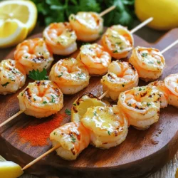 - 1 pound large shrimp, peeled and deveined - 4 tablespoons unsalted butter - 4 cloves garlic, minced - 1 tablespoon fresh lemon juice - 1 teaspoon paprika - 1 teaspoon dried oregano - Salt and pepper to taste - Fresh parsley, chopped (for garnish) - Skewers (soaked in water if wooden) To make garlic butter shrimp skewers, you need a few simple ingredients. The shrimp are the star of the dish. Choose large shrimp, peeled and deveined for easy eating. Unsalted butter provides a rich base for the sauce. Fresh garlic adds that lovely aroma and taste. You also need lemon juice to brighten the dish. Paprika gives it a hint of spice and color. Dried oregano adds a touch of earthiness. Don’t forget salt and pepper to enhance all the flavors. Finally, fresh parsley makes a beautiful garnish. If you use wooden skewers, soak them in water. This step helps prevent burning on the grill. Enjoy the process of gathering these fresh ingredients. Each one plays a vital role in creating a tasty meal! To start, melt the butter in a small pan over low heat. Add the minced garlic and sauté for 1-2 minutes. You want the garlic to smell great but not brown. Burning garlic makes it bitter. Next, take the pan off the heat. Stir in the lemon juice, paprika, oregano, salt, and pepper. Mix it all well and let it cool a bit. In a mixing bowl, put the shrimp and pour in half of the garlic butter mix. Toss the shrimp until they coat evenly. Let the shrimp marinate for 15-20 minutes. This step is key as it helps the shrimp absorb all the great flavors. While the shrimp marinates, preheat your grill to medium-high heat. If you use wooden skewers, soak them in water for at least 30 minutes. This helps stop them from burning. Now, thread the marinated shrimp onto the skewers. Aim for 4-5 shrimp per skewer, based on their size. Once ready, place the skewers on the grill. Cook for 2-3 minutes on each side. The shrimp should turn opaque and cook through. Brush the remaining garlic butter over the shrimp while grilling. This adds even more flavor. When done, take the skewers off the grill. Garnish with fresh parsley before serving. Enjoy this dish with a side of vegetables or salad for a tasty meal! To avoid burning garlic, always cook it on low heat. Garlic can turn bitter if it browns. Stir it frequently and watch for a fragrant aroma. This means it’s ready. When adjusting seasoning, taste as you go. Start with a pinch of salt and pepper. You can always add more later. For even cooking, place shrimp on skewers in a single layer. This helps them cook well. Use 4-5 shrimp per skewer. Make sure they fit snugly but not too tight. This allows heat to circulate. If shrimp are large, cut them in half for easier threading. Adding herbs like fresh parsley boosts flavor. Sprinkle it on just before serving for a fresh look. For presentation, place the skewers on a large platter. Drizzle extra garlic butter on top for a shiny finish. Add lemon wedges around the skewers. This adds color and a zesty touch. {{image_2}} You can make garlic butter shrimp skewers more exciting by adding heat. Try adding chili flakes or your favorite hot sauce. A pinch of chili flakes in the marinade gives a nice kick. If you prefer, drizzle hot sauce over the cooked skewers. This will make each bite pop with flavor. Want to change things up? You can use scallops or chicken instead of shrimp. Scallops cook quickly and have a sweet taste that pairs well with garlic butter. For chicken, cut it into bite-sized pieces to ensure even cooking. Both options work great on skewers and keep the dish fun. Feel free to experiment with your marinade. Try using citrus juices like lime or orange instead of lemon. You can also mix in fresh herbs like basil or cilantro. Each option adds a unique twist, making the skewers your own. Explore different flavors and discover new favorites. To keep your garlic butter shrimp skewers fresh, store them in the fridge. Place the skewers in an airtight container. This helps to keep the shrimp moist. They should last for about 2-3 days. If you plan to eat them later, do not add any sauce. The sauce can make the shrimp soggy. If you want to save the skewers for later, freezing is a great option. First, let the skewers cool completely. Then, wrap them tightly in plastic wrap. After that, place the wrapped skewers in a freezer bag. Remove as much air as you can from the bag. This helps prevent freezer burn. The skewers can last up to 3 months in the freezer. When you are ready to eat the shrimp, there are a few good ways to heat them. You can use a microwave, but be careful not to overcook them. Heat them in short bursts of 30 seconds. Another method is to use an oven. Preheat the oven to 350°F (175°C) and place the skewers on a baking sheet. Heat for about 10 minutes, or until warm. Grilling them again is also a tasty option. Just make sure to keep an eye on them to avoid overcooking. Grill shrimp skewers for about 2-3 minutes on each side. The time may change based on shrimp size. Large shrimp need a bit more time than small ones. You want them to turn opaque and firm. This means they are done! Keep an eye on them to avoid overcooking. Yes, you can use frozen shrimp for this recipe. First, thaw the shrimp safely. Place them in the fridge overnight or run them under cold water for quick thawing. Once thawed, pat them dry before marinating. This helps the flavors soak in better. These skewers pair well with many dishes. Here are some tasty suggestions: - Grilled vegetables for a fresh side - A light salad with lemon vinaigrette - Rice or quinoa to soak up the garlic butter - Garlic bread for a fun twist Serve the skewers on a big platter. Drizzle extra garlic butter on top for added flavor! You’ve learned how to make tasty garlic butter shrimp skewers. We covered key ingredients, from shrimp to spices. I shared step-by-step instructions on marinating and grilling. Tips helped you perfect the flavor and presentation. Remember, you can customize this dish with spices or different proteins. Store leftovers properly and reheat them right for the best taste. Now, grab your grill and enjoy a delicious meal!