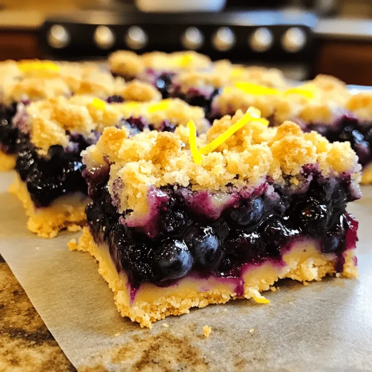 - 2 cups fresh blueberries - 1 tablespoon lemon juice - Zest of 1 lemon - 1 cup all-purpose flour - 1 cup rolled oats - 3/4 cup brown sugar, packed - 1/2 teaspoon baking powder - 1/4 teaspoon salt - 1/2 cup unsalted butter, softened - 1 teaspoon vanilla extract In this recipe, fresh blueberries are key. They add sweetness and a burst of flavor. You can also use frozen blueberries if you prefer. Just make sure to thaw them first and drain excess moisture. The lemon juice and zest give a bright taste that balances the sweetness of the blueberries. For the dry mix, you will need all-purpose flour, rolled oats, brown sugar, baking powder, and salt. The oats add texture and a nice crunch, while brown sugar provides depth in flavor. Baking powder helps the bars rise, and salt enhances all the flavors. The last ingredients are butter and vanilla extract. The butter binds everything together, giving a rich flavor. Vanilla adds warmth and rounds out the taste profile. Gather these ingredients to start making your Blueberry Lemon Crumble Bars. Each one plays an important role in creating the perfect blend of sweet and tart. Enjoy the process of mixing them together for a delightful treat! First, preheat your oven to 350°F (175°C). Line an 8x8 inch baking dish with parchment paper. Leave some paper hanging over the edges. This helps with easy removal later. In a medium bowl, combine 2 cups of fresh blueberries with 1 tablespoon of lemon juice and the zest of 1 lemon. Stir gently and set this aside. Letting the mixture sit helps the flavors blend nicely. In a large mixing bowl, mix together 1 cup of all-purpose flour, 1 cup of rolled oats, 3/4 cup of packed brown sugar, 1/2 teaspoon of baking powder, and 1/4 teaspoon of salt. These dry ingredients are key for a tasty crumble. Next, cut in 1/2 cup of softened unsalted butter. You can use a pastry cutter or your fingers. Mix until it looks like coarse crumbs. Finally, add in 1 teaspoon of vanilla extract and stir until combined. Now, take half of your crumble mixture and press it firmly into the bottom of the prepared baking dish. This forms the base layer. Evenly spread the blueberry mixture over the crumble base. Make sure the blueberries are spread out well. Sprinkle the remaining crumble mixture on top. This will cover the blueberries while leaving some visible for texture. Place the baking dish in the oven and bake for 30-35 minutes. Look for a golden brown top and bubbling blueberries. This shows they are done. When baked, remove the dish from the oven. Let it cool completely in the dish on a wire rack. This cooling step helps the bars set. Once cool, lift the edges of the parchment paper and take the bars out. Cut them into squares and enjoy! To get a crunchy crumble topping, use cold butter. Cold butter helps keep the crumbs firm. Cut the butter into your dry mix until it looks like sand. Don’t overwork it. The mix should feel crumbly, not smooth. Press half of the crumble into the pan, but keep the top layer loose. This helps it bake up nice and crunchy. To boost flavor, add spices like cinnamon or nutmeg. A pinch of cardamom also works well. For extra texture, toss in chopped nuts like walnuts or pecans. You can even add a handful of coconut flakes. These simple changes will make your bars even more delicious. Serve the Blueberry Lemon Crumble Bars warm or at room temperature. Adding a scoop of vanilla ice cream on top makes for a tasty treat. You can also drizzle some lemon glaze for extra zest. Cut the bars into small squares for easy serving. Enjoy with family or friends for a sweet gathering! {{image_2}} You can easily switch blueberries for other fruits. Raspberries, strawberries, or blackberries work great. Each fruit adds its own flavor. For a tart twist, try cranberries. Mix and match for fun combinations. Just keep the same amount of fruit. The filling will still be juicy and tasty. If you want to change the sweetener, honey or maple syrup are good choices. Use the same amount as brown sugar. Honey gives a floral taste, while maple syrup adds a rich flavor. Both options keep the bars sweet and moist. You can try them based on what you have at home. To make gluten-free Blueberry Lemon Crumble Bars, swap all-purpose flour for gluten-free flour. Use a blend that works well in baking. For oats, check that they are gluten-free. The texture may differ slightly, but the taste will still shine. These bars can be enjoyed by everyone! To keep your Blueberry Lemon Crumble Bars fresh, follow these steps: - Cool Completely: Allow the bars to cool fully in the baking dish. - Use Parchment Paper: Lift the bars out using the parchment overhang. - Store in an Airtight Container: Place the bars in a container. Make sure it seals tightly. - Layer with Parchment: If stacking, use parchment between layers to avoid sticking. You can freeze these bars with ease. Here’s how: 1. Cool Completely: Ensure the bars are cool before freezing. 2. Cut into Squares: Slice them into squares for easy serving later. 3. Wrap Each Square: Use plastic wrap to cover each square tightly. 4. Use a Freezer Bag: Place wrapped squares in a freezer-safe bag. 5. Label and Date: Write the date on the bag for reference. 6. Freeze: Store in the freezer for up to three months. Blueberry Lemon Crumble Bars can last: - At Room Temperature: Up to 3 days in an airtight container. - In the Fridge: Up to 1 week when stored properly. - In the Freezer: Up to 3 months if wrapped well. By following these tips, you can enjoy your delicious bars fresh or save them for later! Yes, you can use frozen blueberries. Just remember to thaw them first. Drain any excess liquid. This helps prevent a soggy crust. The flavor will still be great! To make these bars vegan, swap the butter for coconut oil or vegan butter. Use a flax egg in place of the regular egg. This keeps the texture while removing animal products. The best way to cut these bars is to use a sharp knife. Let the bars cool completely before cutting. If you want neat squares, wipe the knife between cuts. Yes, you can double the recipe! Just use a larger baking dish. Adjust the baking time as needed. Keep an eye on them to avoid overbaking. Your bars may be too crumbly if you used too much flour. Be sure to measure accurately. Also, ensure you mix the butter well. This helps bind the ingredients together. In this blog post, we explored how to make delicious Blueberry Lemon Crumble Bars. We covered the fresh and dry ingredients, preparation steps, and tips for perfect texture. You learned how to customize these bars with various fruits and sweeteners while ensuring they stay fresh for longer. These bars are simple to make and perfect for any occasion. Enjoy baking these tasty treats and make them your own with different flavors!