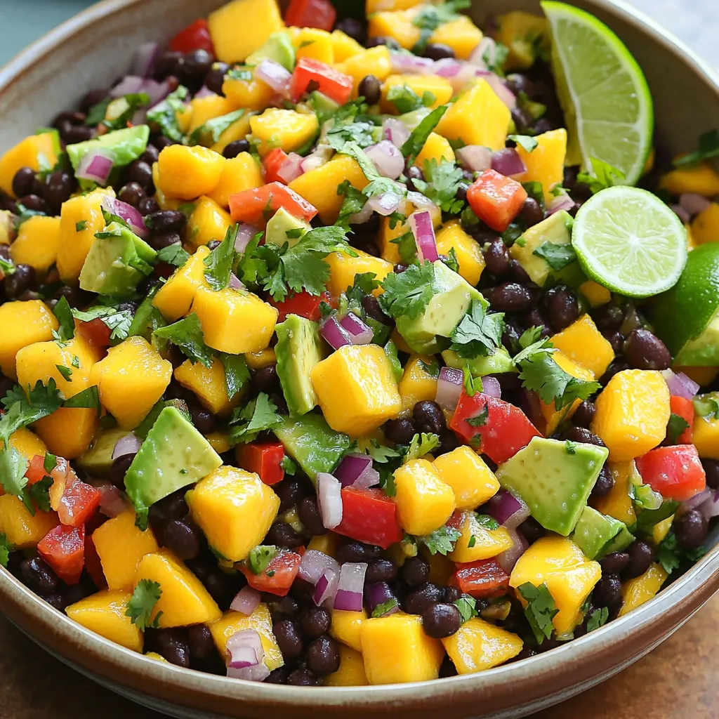- 1 ripe mango, diced - 2 ripe avocados, diced - 1 can (15 oz) black beans, rinsed and drained - 1 red bell pepper, finely chopped - 1/2 red onion, finely chopped - 1 jalapeño, deseeded and minced (optional for heat) - 1/4 cup fresh cilantro, chopped - Juice of 2 limes - 2 tablespoons olive oil - Salt and pepper to taste - 1/4 teaspoon cumin (optional) Using ripe ingredients is key to making this salad shine. Ripe mangoes are sweet and juicy. Ripe avocados are creamy and rich. They add a nice texture. When you use fresh, ripe produce, you create a bright and vibrant dish. To cut the avocado, first slice it in half. Remove the pit carefully. Then, scoop the flesh out with a spoon. For mangoes, peel the skin first. Use a sharp knife to cut the flesh away from the pit. Dice both fruits into bite-sized pieces. This helps the flavors mix well in every bite. When you chop the other veggies, aim for small, even pieces. This ensures a nice balance of flavors and textures. Enjoy making your Mango Avocado Black Bean Salad! First, grab a large bowl. Add the diced mango and avocados. They should be ripe for the best flavor. Next, toss in the rinsed and drained black beans. Black beans add protein and a nice texture. Then, add the finely chopped red bell pepper and red onion. If you like some heat, include the minced jalapeño. Mix all these ingredients gently. Be careful not to mash the avocados. Take a small bowl and pour in the fresh lime juice. Add the olive oil next. These two will create a bright and zesty dressing. Whisk them together until they blend well. Now, add salt and pepper to taste. If you want a bit more flavor, sprinkle in the cumin. This spice gives the dressing a warm touch. Now, pour the dressing over the salad mixture. Gently toss everything together. Make sure the dressing coats all the ingredients. Add the chopped cilantro last for a fresh kick. Give it one final gentle toss. Let the salad sit for about 10-15 minutes. This time allows the flavors to meld nicely. Serve it in a large bowl or individual dishes. Enjoy your fresh and tasty salad! How can you adjust for personal taste? You can play with the flavors. Add more lime juice for extra zing. If you like heat, toss in another jalapeño. You can also add more salt or pepper to suit your taste. How do you avoid avocado browning? To keep your avocados fresh, use lime juice. The acid in lime slows browning. You can also store cut avocados in an airtight container. Cover them tightly to keep air out. What are some good serving suggestions? I love using a large, shallow bowl for this salad. It looks vibrant and inviting. Individual serving dishes also work well for parties. What additional toppings can improve visual appeal? Fresh cilantro leaves make a great garnish. You can also add lime wedges on the side. They add color and freshness. What are some alternative beans or vegetables? If you want a twist, use chickpeas or kidney beans. They add different textures and flavors. You can also swap the red bell pepper for yellow or orange for more color. What are vegan alternatives for dressing? You can use avocado oil instead of olive oil. It has a nice flavor and is plant-based. A splash of apple cider vinegar can also work well for a tangy taste. {{image_2}} You can switch black beans for chickpeas or kidney beans. Chickpeas add a nutty flavor and a nice bite. Kidney beans give a hearty touch. Both options work well in this salad. They keep the dish filling and nutritious. Try different beans to find your favorite mix. For a sweet twist, add corn or diced pineapple. Corn brings a crunchy texture and a mild sweetness. Pineapple adds a tropical flair and a juicy bite. Both fruits brighten the salad's flavors. You can mix and match to suit your taste. These additions make the salad even more fun to eat. Spice blends and different vinegar options can change the salad's taste. A pinch of chili powder or paprika adds warmth. You can also try flavored vinegars like apple cider or red wine vinegar. These changes give the salad a new twist. Experiment with spice and vinegar for a unique flavor journey. To keep your Mango Avocado Black Bean Salad fresh, store it in airtight containers. This helps prevent air from getting in, which can cause spoilage. Place it in the fridge right after serving. It will stay tasty for about two days. Avocados can brown quickly. To slow this down, keep the pit in the leftover avocado. You can also sprinkle lime juice on cut pieces. For the salad, mix in lime juice right before serving. This adds flavor and helps keep everything fresh. If you notice the salad getting soggy, add more diced vegetables to balance it out. This salad is not meant for freezing. When you freeze avocados, they change texture. The same goes for the salad with black beans and mango. If you have extra dressing, you can freeze it. Store it in ice cube trays. When you want to use it, just thaw the cubes in the fridge. Yes, you can make this salad ahead of time. I suggest you prepare the salad but leave out the avocado and dressing. This way, the avocado stays fresh and green. You can mix everything else together. Store it in an airtight container in the fridge. When you are ready to eat, add the avocado and dressing. This keeps the salad tasty and bright. If you do not have lime juice, you can use lemon juice. Lemon gives a nice tang too. You can also try orange juice for a sweeter flavor. Both options work well. Just use the same amount as the lime juice in the recipe. Leftover salad lasts about two days in the fridge. Make sure to store it in an airtight container. Check for signs of spoilage, like a bad smell or browning avocado. If the salad looks off, it’s best to throw it away. Always trust your senses! This blog post covered fresh, vibrant ingredients to create a delicious salad. We discussed ripe mango, avocado, and black beans, plus essential seasonings like lime juice and olive oil. You learned how to mix and serve, ensuring every bite bursts with flavor. Remember, choose ripe ingredients and store them well for the best taste. Feel free to adjust flavors and try different beans or fruits. This recipe is versatile and fun, so enjoy making it your own!