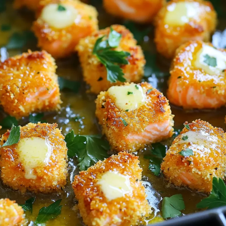 To make these nuggets, start with 1 pound of fresh salmon fillet. Remove the skin and cut the salmon into small cubes. Fresh salmon gives the best flavor and texture. Look for bright orange color and a firm feel. This ensures your nuggets are juicy and tender. You will need a few simple ingredients for the marinade: - 4 tablespoons unsalted butter, melted - 4 cloves garlic, minced - 1 tablespoon lemon juice - 1 teaspoon dried dill - 1 teaspoon smoked paprika - Salt and pepper to taste These ingredients work together to create a tasty garlic butter marinade. The garlic adds a nice kick, while the lemon juice gives a fresh zing. Dill and smoked paprika add depth and warmth to the flavor. For the coating, use 1/2 cup of panko breadcrumbs. Panko gives your nuggets a crispy texture. It’s lighter and crunchier than regular breadcrumbs. When you press the salmon cubes into the panko, it sticks well and creates a perfect crust when cooked. To start, gather your ingredients. You need melted butter, minced garlic, lemon juice, dried dill, smoked paprika, salt, and pepper. In a mixing bowl, combine these items. Stir well until they mix into a smooth garlic butter marinade. This mix is what makes your salmon so tasty. Take your fresh salmon fillet and cut it into small cubes. Add the salmon to the bowl with the marinade. Gently toss the salmon cubes until every piece is coated evenly. This step is key for flavor. Once coated, let the salmon marinate for about 15 minutes. This helps the flavors soak in. While the salmon marinates, preheat your air fryer to 400°F (200°C). In another shallow dish, spread out the panko breadcrumbs. After the salmon has marinated, take each cube and press it into the breadcrumbs. Make sure each piece is coated well on all sides. Now, place the salmon nuggets in the air fryer basket. Arrange them in a single layer. Leave some space between each nugget for even cooking. Cook the nuggets for 8 to 10 minutes. Shake the basket halfway through to ensure they cook evenly. When they turn golden brown and crispy, they are ready. Finally, remove the nuggets from the air fryer. Garnish them with freshly chopped parsley for a nice touch. Enjoy your delicious garlic butter salmon nuggets! To get the best texture, choose fresh salmon. Make sure to remove the skin first. Cut the salmon into even cubes. This helps them cook at the same rate. When you coat them with panko, press down lightly. This makes a nice, crunchy layer. Don’t overcrowd the air fryer. Leave space for hot air to move. This keeps the nuggets crispy. For more flavor, use fresh garlic instead of dried. You can also add a pinch of cayenne pepper for heat. Sprinkle some lemon zest into the marinade for a bright taste. Consider mixing in fresh herbs, like dill or parsley, for extra flavor. If you like smoky tastes, try adding extra smoked paprika. These small changes make a big difference! The air fryer should always be preheated to 400°F (200°C). This helps the nuggets cook evenly. Cook them for 8-10 minutes. You should shake the basket halfway. This helps them brown nicely. If your nuggets are larger or smaller, adjust the time. Check for a golden color on the outside. That’s when they are done! {{image_2}} To make spicy garlic butter salmon nuggets, add heat to your mix. Use 1 teaspoon of cayenne pepper or red pepper flakes. This gives your nuggets a nice kick. The spicy flavor pairs well with the buttery garlic. It adds a new layer to your dish. You can adjust the heat based on your taste. Serve these with a cooling dip, like yogurt or sour cream. For herb-infused salmon nuggets, switch up your herbs. Use fresh herbs like parsley, basil, or thyme. You can chop them finely and add them to the garlic butter mix. This gives a fresh taste to the nuggets. You can also mix in 1 teaspoon of Italian seasoning. It adds depth and makes the flavor bright. Serve these nuggets with a light salad for a refreshing meal. To create sweet and savory salmon nuggets, add sweetness to your mix. Use 1 tablespoon of honey or maple syrup in the marinade. This gives a nice balance to the salty and buttery flavors. You can also add a pinch of cinnamon for warmth. This combo makes a unique dish that stands out. Serve these nuggets with a side of sweet potato fries for a colorful plate. You will want to store your salmon nuggets in an airtight container. Place them in the fridge if you have leftovers. They will stay fresh for up to three days. Make sure to let them cool before sealing the container. This helps to keep them crispy. To reheat your salmon nuggets, use the air fryer again. Set it to 350°F (175°C). Heat for about 5 minutes. This method keeps them crispy and warm. You can also use an oven if you don't have an air fryer. Just place them on a baking sheet and heat until warm. You can freeze salmon nuggets for later use. First, let them cool completely. Then, arrange them in a single layer on a baking sheet. Freeze them for about an hour. After that, transfer them to a freezer bag. Make sure to remove as much air as possible. They can stay in the freezer for up to three months. When ready to eat, just reheat them directly from frozen. Yes, you can use frozen salmon. Just make sure to thaw it first. You can do this by placing it in the fridge overnight. If you are in a hurry, use cold water to defrost it quickly. After thawing, remove the skin and cut it into cubes. Follow the rest of the recipe as usual. These salmon nuggets pair well with many sides. You can serve them with a fresh salad. A tangy coleslaw adds a nice crunch. Roasted vegetables or sweet potato fries are also great options. For dipping, try a zesty lemon aioli or a creamy tartar sauce. Each side adds a unique twist to your meal. To keep your salmon moist, do not overcook it. Cook the nuggets for 8-10 minutes in the air fryer. Check them halfway through to see if they are done. Also, marinate the salmon for at least 15 minutes. This helps to lock in flavors and moisture. Lastly, using fresh salmon instead of frozen can also help keep them juicy. In this post, we explored making easy air fryer garlic butter salmon nuggets. We covered ingredients, step-by-step instructions, and helpful tips. You learned about flavor variations and storage options. My final thoughts: this dish is flexible and tasty. Enjoy experimenting with different flavors and find your favorite. Happy cooking!