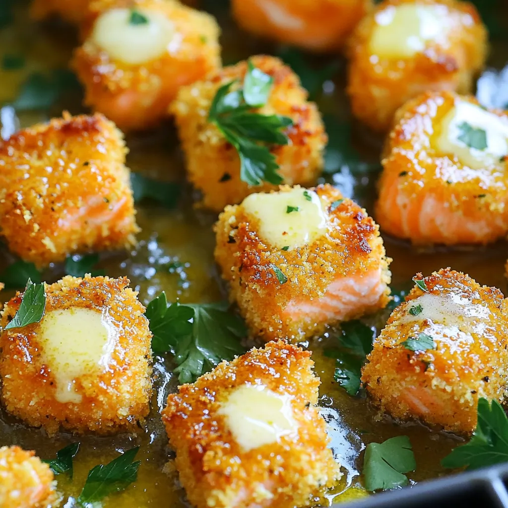 To make these nuggets, start with 1 pound of fresh salmon fillet. Remove the skin and cut the salmon into small cubes. Fresh salmon gives the best flavor and texture. Look for bright orange color and a firm feel. This ensures your nuggets are juicy and tender. You will need a few simple ingredients for the marinade: - 4 tablespoons unsalted butter, melted - 4 cloves garlic, minced - 1 tablespoon lemon juice - 1 teaspoon dried dill - 1 teaspoon smoked paprika - Salt and pepper to taste These ingredients work together to create a tasty garlic butter marinade. The garlic adds a nice kick, while the lemon juice gives a fresh zing. Dill and smoked paprika add depth and warmth to the flavor. For the coating, use 1/2 cup of panko breadcrumbs. Panko gives your nuggets a crispy texture. It’s lighter and crunchier than regular breadcrumbs. When you press the salmon cubes into the panko, it sticks well and creates a perfect crust when cooked. To start, gather your ingredients. You need melted butter, minced garlic, lemon juice, dried dill, smoked paprika, salt, and pepper. In a mixing bowl, combine these items. Stir well until they mix into a smooth garlic butter marinade. This mix is what makes your salmon so tasty. Take your fresh salmon fillet and cut it into small cubes. Add the salmon to the bowl with the marinade. Gently toss the salmon cubes until every piece is coated evenly. This step is key for flavor. Once coated, let the salmon marinate for about 15 minutes. This helps the flavors soak in. While the salmon marinates, preheat your air fryer to 400°F (200°C). In another shallow dish, spread out the panko breadcrumbs. After the salmon has marinated, take each cube and press it into the breadcrumbs. Make sure each piece is coated well on all sides. Now, place the salmon nuggets in the air fryer basket. Arrange them in a single layer. Leave some space between each nugget for even cooking. Cook the nuggets for 8 to 10 minutes. Shake the basket halfway through to ensure they cook evenly. When they turn golden brown and crispy, they are ready. Finally, remove the nuggets from the air fryer. Garnish them with freshly chopped parsley for a nice touch. Enjoy your delicious garlic butter salmon nuggets! To get the best texture, choose fresh salmon. Make sure to remove the skin first. Cut the salmon into even cubes. This helps them cook at the same rate. When you coat them with panko, press down lightly. This makes a nice, crunchy layer. Don’t overcrowd the air fryer. Leave space for hot air to move. This keeps the nuggets crispy. For more flavor, use fresh garlic instead of dried. You can also add a pinch of cayenne pepper for heat. Sprinkle some lemon zest into the marinade for a bright taste. Consider mixing in fresh herbs, like dill or parsley, for extra flavor. If you like smoky tastes, try adding extra smoked paprika. These small changes make a big difference! The air fryer should always be preheated to 400°F (200°C). This helps the nuggets cook evenly. Cook them for 8-10 minutes. You should shake the basket halfway. This helps them brown nicely. If your nuggets are larger or smaller, adjust the time. Check for a golden color on the outside. That’s when they are done! {{image_2}} To make spicy garlic butter salmon nuggets, add heat to your mix. Use 1 teaspoon of cayenne pepper or red pepper flakes. This gives your nuggets a nice kick. The spicy flavor pairs well with the buttery garlic. It adds a new layer to your dish. You can adjust the heat based on your taste. Serve these with a cooling dip, like yogurt or sour cream. For herb-infused salmon nuggets, switch up your herbs. Use fresh herbs like parsley, basil, or thyme. You can chop them finely and add them to the garlic butter mix. This gives a fresh taste to the nuggets. You can also mix in 1 teaspoon of Italian seasoning. It adds depth and makes the flavor bright. Serve these nuggets with a light salad for a refreshing meal. To create sweet and savory salmon nuggets, add sweetness to your mix. Use 1 tablespoon of honey or maple syrup in the marinade. This gives a nice balance to the salty and buttery flavors. You can also add a pinch of cinnamon for warmth. This combo makes a unique dish that stands out. Serve these nuggets with a side of sweet potato fries for a colorful plate. You will want to store your salmon nuggets in an airtight container. Place them in the fridge if you have leftovers. They will stay fresh for up to three days. Make sure to let them cool before sealing the container. This helps to keep them crispy. To reheat your salmon nuggets, use the air fryer again. Set it to 350°F (175°C). Heat for about 5 minutes. This method keeps them crispy and warm. You can also use an oven if you don't have an air fryer. Just place them on a baking sheet and heat until warm. You can freeze salmon nuggets for later use. First, let them cool completely. Then, arrange them in a single layer on a baking sheet. Freeze them for about an hour. After that, transfer them to a freezer bag. Make sure to remove as much air as possible. They can stay in the freezer for up to three months. When ready to eat, just reheat them directly from frozen. Yes, you can use frozen salmon. Just make sure to thaw it first. You can do this by placing it in the fridge overnight. If you are in a hurry, use cold water to defrost it quickly. After thawing, remove the skin and cut it into cubes. Follow the rest of the recipe as usual. These salmon nuggets pair well with many sides. You can serve them with a fresh salad. A tangy coleslaw adds a nice crunch. Roasted vegetables or sweet potato fries are also great options. For dipping, try a zesty lemon aioli or a creamy tartar sauce. Each side adds a unique twist to your meal. To keep your salmon moist, do not overcook it. Cook the nuggets for 8-10 minutes in the air fryer. Check them halfway through to see if they are done. Also, marinate the salmon for at least 15 minutes. This helps to lock in flavors and moisture. Lastly, using fresh salmon instead of frozen can also help keep them juicy. In this post, we explored making easy air fryer garlic butter salmon nuggets. We covered ingredients, step-by-step instructions, and helpful tips. You learned about flavor variations and storage options. My final thoughts: this dish is flexible and tasty. Enjoy experimenting with different flavors and find your favorite. Happy cooking!