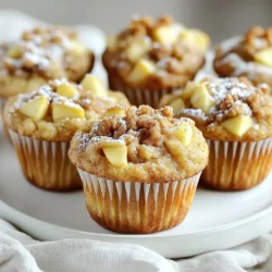 For these tasty muffins, you will need: - 2 cups all-purpose flour - 1 tablespoon baking powder - 1 teaspoon baking soda - 1 teaspoon ground cinnamon - ½ teaspoon salt - ¾ cup granulated sugar - ½ cup brown sugar, packed - 2 large eggs - ½ cup unsalted butter, melted and cooled - 1 cup buttermilk - 2 medium apples, peeled, cored, and diced (like Granny Smith or Honeycrisp) - 1 teaspoon vanilla extract These ingredients come together to create a warm and cozy treat. The apples add moisture and sweetness, while the spices give it a rich flavor. To make the crunchy streusel topping, gather these items: - ½ cup all-purpose flour - ½ cup old-fashioned rolled oats - ¼ cup brown sugar, packed - 1 teaspoon ground cinnamon - ¼ cup unsalted butter, cold and cut into small cubes The streusel topping gives your muffins that extra special touch. It adds a nice contrast to the soft muffins beneath. To make your baking easier, have these tools ready: - Muffin tin - Mixing bowls - Whisk - Measuring cups - Pastry cutter or your fingers for mixing the streusel These tools help you mix and bake efficiently. With the right equipment, you can focus on creating tasty muffins. First, you need to preheat your oven to 375°F (190°C). This step warms up the oven for even baking. While the oven heats, prepare your muffin tin. You can use paper liners for easy cleanup, or simply grease the tin with cooking spray. This helps the muffins pop out easily after baking. Next, let's make the streusel topping. In a medium bowl, mix together ½ cup of flour, ½ cup of rolled oats, ¼ cup of packed brown sugar, and 1 teaspoon of ground cinnamon. This combo gives a sweet crunch. Now, add ¼ cup of cold butter cut into small cubes. Use your fingers or a pastry cutter to blend until the mix looks crumbly. Set this aside while you work on the muffins. In a large bowl, whisk together the dry ingredients. Combine 2 cups of all-purpose flour, 1 tablespoon of baking powder, 1 teaspoon of baking soda, 1 teaspoon of ground cinnamon, and ½ teaspoon of salt. Add ¾ cup of granulated sugar and ½ cup of packed brown sugar to this mix. Whisk until everything is well combined. This step ensures your muffins are fluffy and sweet. Now it's time for the wet ingredients. In another bowl, beat 2 large eggs. Then, add ½ cup of melted butter, 1 cup of buttermilk, and 1 teaspoon of vanilla extract. Mix this until it is smooth. This blend adds moisture and flavor to your muffins. Carefully combine the wet and dry mixes. Pour the wet ingredients into the bowl with the dry ingredients. Gently stir until just combined. Be careful not to overmix; the batter should be slightly lumpy. This helps keep the muffins light and airy. Now, fold in the diced apples until they are evenly spread throughout the batter. It's time to fill the muffin tins! Spoon the batter into each muffin cup, filling them about 2/3 full. This allows space for the muffins to rise. Next, generously sprinkle the streusel topping over each muffin. Bake for 18-22 minutes. To check if they are done, insert a toothpick into the center. If it comes out clean, they are ready! Let them cool in the pan for 5 minutes before moving them to a wire rack to cool completely. Enjoy your delicious apple cinnamon streusel muffins! To get the best muffins, you need to mix just right. When you combine the wet and dry ingredients, stir gently. Your batter should look a bit lumpy. This ensures the muffins rise well and stay fluffy. If you mix too much, your muffins can turn out dense and tough. You can customize your muffins by adding fun extras. Consider mixing in some chopped nuts like walnuts or pecans. Dried fruits, such as raisins or cranberries, also add a nice touch. These add-ins make your muffins even tastier and more interesting. The type of apple you choose matters a lot. For a great balance of sweet and tart, I suggest using Granny Smith or Honeycrisp apples. They hold their shape well and give a nice crunch. You can also try Fuji or Gala apples if you prefer sweeter muffins. Each type will change the flavor, so feel free to experiment! {{image_2}} To make gluten-free apple cinnamon streusel muffins, swap all-purpose flour with a gluten-free blend. Look for a mix with a good rise, like one made from rice flour or almond flour. You may also add a teaspoon of xanthan gum to help with structure. Keep the other ingredients the same for a tasty treat! For a vegan version, replace eggs with flax eggs. Mix one tablespoon of ground flaxseed with three tablespoons of water for each egg. Let it sit for five minutes to thicken. Use plant-based butter or coconut oil in place of unsalted butter. Substitute buttermilk with almond milk mixed with a tablespoon of vinegar or lemon juice. This will give you that tangy flavor! Want to kick up the taste? Try adding a pinch of nutmeg or cardamom for a warm, cozy feel. You could also mix in some chopped nuts like walnuts or pecans for crunch. For a sweet twist, add a splash of maple syrup or honey. A teaspoon of almond extract can also bring a new layer of flavor. To keep your apple cinnamon streusel muffins fresh, store them at room temperature. Place them in an airtight container. They will stay good for up to three days. If you leave them out, make sure they are in a cool spot. Avoid direct sunlight, as it can dry them out. For longer storage, you can freeze the muffins. First, let them cool completely. Wrap each muffin in plastic wrap. Then, put them in a freezer-safe bag. They can last for up to three months in the freezer. When you're ready to enjoy them, take one out and let it thaw at room temperature. You can also reheat them in the oven at 350°F for about 10 minutes. To check if your muffins are still good, look for a few signs. Fresh muffins feel soft and moist. If they feel hard or dry, they may not taste good. Also, check for any mold or off smells. If you notice either, it’s best to toss them. Keeping an eye on these signs will help you enjoy your muffins at their best. Yes, you can use other fruits. Try diced pears, peaches, or berries. Each fruit adds its own taste. Mixing fruits can create a fun flavor. Just keep the amount similar to apples, about one cup. Check the muffins at 18 minutes using a toothpick. Insert it into the center. If it comes out clean, they are done. Look for a golden brown color too. The tops should spring back when lightly pressed. You can make the batter ahead. Store it in the fridge for up to 24 hours. Cover the bowl with plastic wrap to keep it fresh. Stir gently before you fill the muffin tins. These muffins pair well with many things. Serve them with butter or cream cheese. Jams like apple or berry work great too. A hot cup of tea or coffee makes a lovely drink choice. You now have all the details to make delicious apple cinnamon streusel muffins. We covered the key ingredients and tools you'll need. Step-by-step instructions guide you through each part of the process. With tips for perfect texture and fun variations, you can adapt this recipe to fit your taste. Proper storage helps keep your muffins fresh. Whether you stick with the classic or try new flavors, these muffins will surely delight. Enjoy baking and sharing these treats!