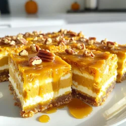 To create these Pumpkin Cream Cheese Bars with Caramel, gather these ingredients: - 1 and ½ cups all-purpose flour - 1 teaspoon baking powder - ½ teaspoon baking soda - ½ teaspoon salt - 1 teaspoon ground cinnamon - ½ teaspoon ground nutmeg - ½ cup unsalted butter, softened - 1 cup brown sugar, packed - ½ cup granulated sugar - 2 large eggs - 1 cup pumpkin puree (not pumpkin pie filling) - 1 teaspoon vanilla extract - 8 oz cream cheese, softened - ½ cup powdered sugar - ½ teaspoon vanilla extract (for cream cheese layer) - ½ cup caramel sauce (store-bought or homemade) Choosing the best ingredients makes a big difference. Here are my tips: - Pumpkin Puree: Always pick pure pumpkin puree. Avoid pie filling as it has added sugar and spices. - Spices: Fresh spices offer the best flavor. Check dates to ensure they are not old. - Butter: Use unsalted butter for better control over salt levels. - Cream Cheese: Look for full-fat cream cheese. It gives a richer texture. - Sugars: Use packed brown sugar for a deeper flavor and soft texture. You might not have all the items needed. Here are some easy swaps: - Flour: Use gluten-free flour if you need a gluten-free option. - Butter: Coconut oil or vegan butter can replace butter for a dairy-free recipe. - Eggs: Use flax eggs or applesauce as egg substitutes for a vegan version. - Caramel Sauce: You can make your own caramel or use chocolate sauce instead. - Cream Cheese: Substitute with a dairy-free cream cheese for a vegan option. Start by preheating your oven to 350°F (175°C). Grease an 8x8 inch baking pan with some butter. Then, line it with parchment paper. Make sure to leave some paper hanging over the edges. This will help you lift the bars out later. In a medium bowl, whisk the dry ingredients. Combine 1 and ½ cups of all-purpose flour, 1 teaspoon baking powder, ½ teaspoon baking soda, ½ teaspoon salt, 1 teaspoon ground cinnamon, and ½ teaspoon ground nutmeg. Mix until everything is well blended. This step adds great flavor to your bars. In a large bowl, cream ½ cup of softened unsalted butter with 1 cup brown sugar and ½ cup granulated sugar. Mix until it turns light and fluffy. Add 2 large eggs, one at a time, mixing well after each. Then, stir in 1 cup of pumpkin puree and 1 teaspoon of vanilla extract. Mix until the mixture is smooth. This gives your bars moisture and a lovely pumpkin taste. In another bowl, mix 8 oz of softened cream cheese with ½ cup powdered sugar. Add ½ teaspoon of vanilla extract. Beat with a hand mixer until it becomes creamy and smooth. This layer adds richness to your bars. Pour half of the pumpkin mixture into the prepared pan. Spread it evenly across the bottom. Next, add dollops of the cream cheese mixture on top. Use a knife to swirl it gently for a marbled effect. Pour the rest of the pumpkin mixture over this layer, spreading it out evenly. Bake in the oven for 30 to 35 minutes. A toothpick should come out clean when done. Once baked, take the pan out of the oven. Let the bars cool completely in the pan. After they cool, drizzle ½ cup of caramel sauce over the top. Cut the bars into squares or rectangles. Enjoy your delicious treat! To keep your bars moist, use fresh pumpkin puree. This adds richness and flavor. Avoid overmixing the batter; gently fold the dry ingredients into the wet mix. This helps retain moisture. Baking time matters, too. Check for doneness at 30 minutes. If the toothpick comes out clean, they are ready. Let the bars cool completely before cutting. This helps them set and stay moist. Use a good 8x8 inch baking pan for even cooking. Line it with parchment paper for easy removal. A whisk is perfect for mixing the dry ingredients. I love using a rubber spatula to fold the batter gently. A toothpick is essential for checking doneness. Lastly, a sturdy knife works best for cutting the bars neatly. Taste the batter before baking, but remember that it will taste sweeter once baked. If you like less sweetness, cut back on the brown sugar. For spice, add more cinnamon or nutmeg to suit your taste. You can even try other spices like ginger or cloves for a twist. Just be careful not to overpower the pumpkin flavor. {{image_2}} You can make these bars gluten-free. Use a 1:1 gluten-free flour blend instead of all-purpose flour. This swap keeps the texture light and fluffy. Look for blends that contain xanthan gum for the best results. Always check the labels to avoid cross-contamination. Nuts or chocolate chips add a great crunch. You can mix in ½ cup of chopped walnuts or pecans. If you prefer a sweeter touch, add semi-sweet chocolate chips instead. Stir them into the pumpkin mixture before pouring it into the pan. This gives every bite a delightful surprise! While caramel sauce is a classic topping, you can switch it up. Consider using a cream cheese frosting for a richer flavor. A sprinkle of cinnamon or nutmeg can also boost the taste. For a fun twist, drizzle some melted chocolate over the bars. This adds an extra layer of yum! To keep your pumpkin cream cheese bars fresh, store them properly. First, let the bars cool completely. Then, cut them into squares. Place the squares in an airtight container. You can also layer parchment paper between the bars. This keeps them from sticking together. Store the container in the fridge. The bars will stay good for about five days. If you want to keep them longer, consider freezing. Freezing these bars is easy! Start by cutting them into squares. Wrap each square in plastic wrap tightly. Then, place them in a freezer-safe bag or container. Make sure to remove as much air as possible. Label the bag with the date. The bars can stay frozen for up to three months. When you’re ready to enjoy them, just thaw them in the fridge overnight. To reheat your pumpkin cream cheese bars, use the oven for the best results. Preheat your oven to 350°F (175°C). Place the bars on a baking sheet. Heat them for about 10 minutes. This warms them up nicely without drying them out. If you're in a hurry, you can use the microwave. Heat one bar for about 15-20 seconds. Just be careful not to overheat. You want them warm, not hot! No, you should not use pumpkin pie filling. Pumpkin pie filling has added spices and sugar. This will change the flavor and sweetness of your bars. Always choose pure pumpkin puree for the best taste. You can check if the bars are done by inserting a toothpick in the center. If it comes out clean or with a few crumbs, they are ready. The edges should look set, and the top will have a slight shine. Yes, you can make these bars a day in advance. Just bake them and let them cool completely. Then, store them in an airtight container at room temperature. Drizzle the caramel on top just before serving for the best taste. You can use chocolate sauce or a fruit puree as a substitute for caramel sauce. If you want a fun twist, try maple syrup. This will change the flavor but still keep it sweet and tasty. Serve these bars on a decorative platter. You can cut them into squares or rectangles for easy sharing. For a nice touch, sprinkle some chopped nuts on top. This adds texture and looks great too! You now have everything you need to make delicious pumpkin cream cheese bars. We covered the key ingredients and how to choose the best ones. You learned step-by-step instructions, plus tips for great results. Don’t forget the variations and storage tips to enjoy these bars longer. Baking can be fun and easy with the right knowledge. With practice, your pumpkin bars will be a hit every time. Enjoy making this tasty treat!