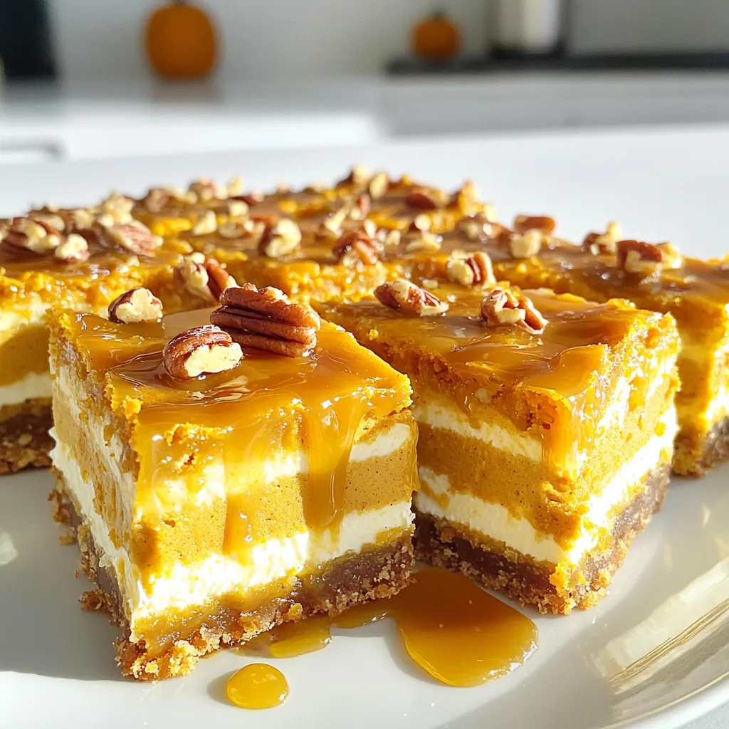 To create these Pumpkin Cream Cheese Bars with Caramel, gather these ingredients: - 1 and ½ cups all-purpose flour - 1 teaspoon baking powder - ½ teaspoon baking soda - ½ teaspoon salt - 1 teaspoon ground cinnamon - ½ teaspoon ground nutmeg - ½ cup unsalted butter, softened - 1 cup brown sugar, packed - ½ cup granulated sugar - 2 large eggs - 1 cup pumpkin puree (not pumpkin pie filling) - 1 teaspoon vanilla extract - 8 oz cream cheese, softened - ½ cup powdered sugar - ½ teaspoon vanilla extract (for cream cheese layer) - ½ cup caramel sauce (store-bought or homemade) Choosing the best ingredients makes a big difference. Here are my tips: - Pumpkin Puree: Always pick pure pumpkin puree. Avoid pie filling as it has added sugar and spices. - Spices: Fresh spices offer the best flavor. Check dates to ensure they are not old. - Butter: Use unsalted butter for better control over salt levels. - Cream Cheese: Look for full-fat cream cheese. It gives a richer texture. - Sugars: Use packed brown sugar for a deeper flavor and soft texture. You might not have all the items needed. Here are some easy swaps: - Flour: Use gluten-free flour if you need a gluten-free option. - Butter: Coconut oil or vegan butter can replace butter for a dairy-free recipe. - Eggs: Use flax eggs or applesauce as egg substitutes for a vegan version. - Caramel Sauce: You can make your own caramel or use chocolate sauce instead. - Cream Cheese: Substitute with a dairy-free cream cheese for a vegan option. Start by preheating your oven to 350°F (175°C). Grease an 8x8 inch baking pan with some butter. Then, line it with parchment paper. Make sure to leave some paper hanging over the edges. This will help you lift the bars out later. In a medium bowl, whisk the dry ingredients. Combine 1 and ½ cups of all-purpose flour, 1 teaspoon baking powder, ½ teaspoon baking soda, ½ teaspoon salt, 1 teaspoon ground cinnamon, and ½ teaspoon ground nutmeg. Mix until everything is well blended. This step adds great flavor to your bars. In a large bowl, cream ½ cup of softened unsalted butter with 1 cup brown sugar and ½ cup granulated sugar. Mix until it turns light and fluffy. Add 2 large eggs, one at a time, mixing well after each. Then, stir in 1 cup of pumpkin puree and 1 teaspoon of vanilla extract. Mix until the mixture is smooth. This gives your bars moisture and a lovely pumpkin taste. In another bowl, mix 8 oz of softened cream cheese with ½ cup powdered sugar. Add ½ teaspoon of vanilla extract. Beat with a hand mixer until it becomes creamy and smooth. This layer adds richness to your bars. Pour half of the pumpkin mixture into the prepared pan. Spread it evenly across the bottom. Next, add dollops of the cream cheese mixture on top. Use a knife to swirl it gently for a marbled effect. Pour the rest of the pumpkin mixture over this layer, spreading it out evenly. Bake in the oven for 30 to 35 minutes. A toothpick should come out clean when done. Once baked, take the pan out of the oven. Let the bars cool completely in the pan. After they cool, drizzle ½ cup of caramel sauce over the top. Cut the bars into squares or rectangles. Enjoy your delicious treat! To keep your bars moist, use fresh pumpkin puree. This adds richness and flavor. Avoid overmixing the batter; gently fold the dry ingredients into the wet mix. This helps retain moisture. Baking time matters, too. Check for doneness at 30 minutes. If the toothpick comes out clean, they are ready. Let the bars cool completely before cutting. This helps them set and stay moist. Use a good 8x8 inch baking pan for even cooking. Line it with parchment paper for easy removal. A whisk is perfect for mixing the dry ingredients. I love using a rubber spatula to fold the batter gently. A toothpick is essential for checking doneness. Lastly, a sturdy knife works best for cutting the bars neatly. Taste the batter before baking, but remember that it will taste sweeter once baked. If you like less sweetness, cut back on the brown sugar. For spice, add more cinnamon or nutmeg to suit your taste. You can even try other spices like ginger or cloves for a twist. Just be careful not to overpower the pumpkin flavor. {{image_2}} You can make these bars gluten-free. Use a 1:1 gluten-free flour blend instead of all-purpose flour. This swap keeps the texture light and fluffy. Look for blends that contain xanthan gum for the best results. Always check the labels to avoid cross-contamination. Nuts or chocolate chips add a great crunch. You can mix in ½ cup of chopped walnuts or pecans. If you prefer a sweeter touch, add semi-sweet chocolate chips instead. Stir them into the pumpkin mixture before pouring it into the pan. This gives every bite a delightful surprise! While caramel sauce is a classic topping, you can switch it up. Consider using a cream cheese frosting for a richer flavor. A sprinkle of cinnamon or nutmeg can also boost the taste. For a fun twist, drizzle some melted chocolate over the bars. This adds an extra layer of yum! To keep your pumpkin cream cheese bars fresh, store them properly. First, let the bars cool completely. Then, cut them into squares. Place the squares in an airtight container. You can also layer parchment paper between the bars. This keeps them from sticking together. Store the container in the fridge. The bars will stay good for about five days. If you want to keep them longer, consider freezing. Freezing these bars is easy! Start by cutting them into squares. Wrap each square in plastic wrap tightly. Then, place them in a freezer-safe bag or container. Make sure to remove as much air as possible. Label the bag with the date. The bars can stay frozen for up to three months. When you’re ready to enjoy them, just thaw them in the fridge overnight. To reheat your pumpkin cream cheese bars, use the oven for the best results. Preheat your oven to 350°F (175°C). Place the bars on a baking sheet. Heat them for about 10 minutes. This warms them up nicely without drying them out. If you're in a hurry, you can use the microwave. Heat one bar for about 15-20 seconds. Just be careful not to overheat. You want them warm, not hot! No, you should not use pumpkin pie filling. Pumpkin pie filling has added spices and sugar. This will change the flavor and sweetness of your bars. Always choose pure pumpkin puree for the best taste. You can check if the bars are done by inserting a toothpick in the center. If it comes out clean or with a few crumbs, they are ready. The edges should look set, and the top will have a slight shine. Yes, you can make these bars a day in advance. Just bake them and let them cool completely. Then, store them in an airtight container at room temperature. Drizzle the caramel on top just before serving for the best taste. You can use chocolate sauce or a fruit puree as a substitute for caramel sauce. If you want a fun twist, try maple syrup. This will change the flavor but still keep it sweet and tasty. Serve these bars on a decorative platter. You can cut them into squares or rectangles for easy sharing. For a nice touch, sprinkle some chopped nuts on top. This adds texture and looks great too! You now have everything you need to make delicious pumpkin cream cheese bars. We covered the key ingredients and how to choose the best ones. You learned step-by-step instructions, plus tips for great results. Don’t forget the variations and storage tips to enjoy these bars longer. Baking can be fun and easy with the right knowledge. With practice, your pumpkin bars will be a hit every time. Enjoy making this tasty treat!