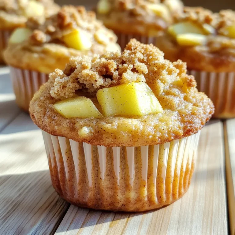 - 2 cups all-purpose flour - 1 cup granulated sugar - 1 tablespoon baking powder - ½ teaspoon baking soda - 1 teaspoon ground cinnamon - ½ teaspoon salt - 1 large egg - 1 cup buttermilk (or milk with vinegar) - ½ cup unsalted butter, melted - 2 cups peeled and diced apples - ½ cup brown sugar - ½ cup rolled oats - ¼ cup flour (for crumble) - 1 teaspoon cinnamon (for crumble) - ¼ cup cold butter (for crumble) You can swap apple varieties. Use Granny Smith for tartness or Fuji for sweetness. For buttermilk, mix 1 cup milk with 1 tablespoon vinegar. If you want to cut sugar, try honey or maple syrup instead. Gather these tools to get started: - Muffin tin - Mixing bowls - Whisk - Pastry cutter or fork Each of these items helps make your baking smooth and fun. The muffin tin shapes your muffins. Mixing bowls help combine ingredients easily. A whisk mixes wet and dry items. Finally, a pastry cutter breaks butter into the crumble. With these tools on hand, you'll be ready to bake delicious apple cinnamon muffins! - Preheat the oven to 350°F (175°C). - Prepare the muffin tin with liners or cooking spray. - In a medium bowl, mix ½ cup brown sugar, ½ cup rolled oats, ¼ cup all-purpose flour, and 1 teaspoon cinnamon. - Cut in ¼ cup cold butter until it looks crumbly. Set this aside. - In a large bowl, combine 2 cups of flour, 1 cup sugar, 1 tablespoon baking powder, ½ teaspoon baking soda, 1 teaspoon cinnamon, and ½ teaspoon salt. - Make a well in the center of this mixture. - In another bowl, beat 1 large egg. Then, mix in 1 cup buttermilk and ½ cup melted butter until smooth. - Pour the wet mixture into the well of the dry ingredients. Fold gently until just mixed. Do not overmix. - Carefully fold in 2 cups of peeled and diced apples, ensuring they are evenly spread. - Spoon the batter into the prepared muffin tin, filling each cup about ¾ full. - Generously sprinkle the crumble topping over each muffin. - Bake in the preheated oven for 18-22 minutes. Check with a toothpick; it should come out clean. - Once baked, let the muffins cool in the pan for 5 minutes. Then, transfer them to a wire rack to cool completely. To get a soft muffin, avoid overmixing the batter. Mix until just combined, and stop. Overmixing makes muffins dense and tough. Use room temperature ingredients for the best results. Cold eggs or buttermilk can lead to uneven mixing. Incorporate nuts or dried fruit to add texture and taste. Chopped walnuts or raisins work well. When choosing apples, go for varieties like Granny Smith or Honeycrisp. They add a nice tartness and hold their shape during baking. To check if your muffins are done, insert a toothpick into the center. If it comes out clean or with a few crumbs, they are ready. Cooling is key, so let them sit for five minutes in the pan. This helps them set and makes them easier to remove. {{image_2}} You can add more spice to your muffins! Try mixing in nutmeg or ginger. These spices pair well with apples and cinnamon. They create layers of flavor that surprise your taste buds. You can also make chocolate chip apple muffins. Just fold in some chocolate chips with the apples. The melting chocolate adds a sweet surprise. Kids love this twist, and it makes muffins even more fun. If you need gluten-free muffins, swap the all-purpose flour with a gluten-free blend. Many blends work well in this recipe. Just ensure the mix has xanthan gum for best results. For vegan muffins, replace the egg with a flax egg. Mix 1 tablespoon of flaxseed meal with 3 tablespoons of water. Let it sit for a few minutes until it thickens. Use almond milk instead of buttermilk and coconut oil instead of butter. In fall, you can make a pumpkin and apple muffin. Mix in 1 cup of pumpkin puree with the batter. This gives the muffins a rich flavor and moist texture. In summer, try berry and apple muffins. Use a cup of mixed berries like blueberries or raspberries along with the apples. This adds a burst of color and flavor that brightens your muffins. To keep your muffins fresh, let them cool completely on a wire rack. Place them in an air-tight container. This helps to lock in moisture and flavor. If you stack the muffins, separate them with parchment paper. This prevents them from sticking together. On the countertop, these muffins stay fresh for up to three days. If you want to keep them longer, freeze them. They can last up to three months in the freezer. Just wrap each muffin tightly in plastic wrap. Place them in a freezer bag to avoid freezer burn. For reheating, you can use a microwave or an oven. In the microwave, heat for about 15-20 seconds. Check to make sure they don't get too hot. For the oven, preheat to 350°F (175°C). Heat for about 5-10 minutes. This helps keep the muffins soft and tasty. Enjoy them warm for the best flavor! Yes, you can use different types of apples. The best apples for baking include Granny Smith, Honeycrisp, and Fuji. Granny Smith apples add a nice tartness, while Honeycrisp and Fuji bring sweetness and crispness. Mixing a few varieties can enhance flavor and texture too. You can make buttermilk at home easily. Just mix one cup of milk with one tablespoon of vinegar. Let it sit for five to ten minutes. This will create a tangy flavor similar to real buttermilk. For best results, use whole milk or 2% milk. Several reasons can cause muffins not to rise. First, check if your baking powder and baking soda are fresh. Old leavening agents may not work well. Second, avoid overmixing the batter, as it can make muffins dense. Lastly, make sure your oven temperature is correct. You can tell muffins are done baking by checking for a golden brown color. Insert a toothpick in the center; if it comes out clean, they are ready. You can also gently press the tops. If they spring back, they are done. You now have a great recipe for apple cinnamon muffins. We covered key ingredients and smart substitutions. You learned how to mix, bake, and store these tasty treats. Remember, avoiding overmixing is key to a perfect muffin texture. Feel free to experiment with flavors and dietary options too. Enjoy baking these muffins, and share them with friends or family! Your kitchen will smell amazing. These muffins are sure to please anyone who loves a sweet snack.