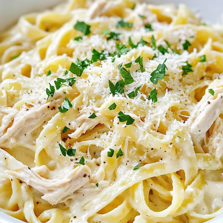 - Chicken Ingredients - 1 pound boneless, skinless chicken breasts - Dairy Ingredients - 1 cup heavy cream - 1 cup grated Parmesan cheese - Pasta and Seasoning Ingredients - 8 ounces fettuccine pasta - 4 cups chicken broth - 3 cloves garlic, minced - 1 teaspoon Italian seasoning - Salt and pepper to taste - Fresh parsley, chopped (for garnish) - Chicken Broth: I like using Swanson or College Inn for great flavor. - Parmesan Cheese: Grana Padano offers a nice taste and is easy to find. - Heavy Cream: Organic Valley is a solid choice for rich creaminess. - Alternatives for Chicken: You can use turkey or even rotisserie chicken for ease. - Gluten-free Pasta Options: Brown rice or chickpea pasta works well for gluten-free diets. - Dairy-Free Options: Swap heavy cream with coconut cream and Parmesan with nutritional yeast. This dish shines with its simple ingredients. Everything combines into a creamy delight that warms your soul. Layering the Chicken Start by placing the boneless chicken breasts at the bottom of the slow cooker. This helps the chicken cook evenly. Make sure to arrange them in a single layer. This way, they absorb all the flavors. Mixing the Sauce Ingredients In a mixing bowl, combine the chicken broth, heavy cream, minced garlic, Italian seasoning, salt, and pepper. Stir this mixture well. Pour it over the chicken in the slow cooker. This sauce will make everything creamy and rich. Cooking on Low vs High Settings You can cook on low for 4-6 hours or on high for about 2-3 hours. Cooking on low gives the chicken time to become tender. If you're in a hurry, high works too, but watch the time. Timing for Chicken and Pasta After the chicken is fully cooked, you’ll need to add the pasta. Stir the fettuccine into the slow cooker. Make sure the pasta is covered by the sauce. Cook on high for about 30 minutes. Stir occasionally to keep it from sticking. Shredding Chicken Once the chicken is cooked, take it out carefully. Use two forks to shred the chicken into bite-sized pieces. This makes it easier to mix with the pasta. Adding Cheese and Mixing Return the shredded chicken to the slow cooker. Add the grated Parmesan cheese next. Stir until the cheese melts and blends into the sauce. This creates that creamy texture we all love. Taste it and adjust the seasoning if needed. - Importance of Cheese Quality: For the best creamy sauce, use fresh grated Parmesan cheese. It melts better than pre-grated cheese. Fresh cheese gives a richer taste and smooth texture. - Adjusting Sauce Thickness: If your sauce is too thick, add a splash of chicken broth or cream. Stir well to blend. If it's too thin, let it cook longer with the lid off. This helps it thicken nicely. - Adding Extra Seasonings: Don’t be shy with seasoning! Add garlic powder, onion powder, or red pepper flakes for a kick. These add layers of flavor to your dish. - Recommended Herbs and Spices: Fresh herbs like basil or thyme can brighten the dish. You can also try a bay leaf while cooking for extra depth. Just remember to remove it before serving. - Slow Cooker Tips: Make sure your slow cooker is set to low for even cooking. Avoid opening the lid too much. Each time you do, heat escapes and can extend cooking time. - Cooking Pre-Planning Advice: Prep your ingredients the night before. Chop garlic and measure your spices. This way, you can just throw everything in the slow cooker in the morning. It saves time and makes your day easier. {{image_2}} You can easily add some veggies to your Slow Cooker Creamy Chicken Alfredo Pasta. It makes the dish more colorful and healthy. - Broccoli: This green veggie adds crunch and nutrients. Just chop it into small pieces. Add it to the slow cooker during the last hour of cooking. This way, it stays bright and tender. - Spinach: Spinach is an easy choice. It wilts quickly and gives the dish a nice green color. Stir in about two cups of fresh spinach in the last 10 minutes of cooking. It will blend well with the creamy sauce. Want to switch up the protein? You’ve got options! - Shrimp: Shrimp cooks fast and adds a sweet flavor. You can add peeled and deveined shrimp in the last 30 minutes of cooking. This keeps them juicy and tender. - Turkey: Ground turkey is a great substitute for chicken. It has a lighter taste and works well with the sauce. Brown the turkey before adding it to the slow cooker. This adds extra flavor. Looking to amp up the flavor? Try these simple ideas. - Using Alfredo Sauce Mix: If you're short on time, use a store-bought Alfredo sauce mix. Just follow the package directions and mix it with the chicken broth. It saves time but still tastes great. - Incorporating Sun-Dried Tomatoes: Sun-dried tomatoes offer a rich, tangy taste. Chop them up and add them in with the chicken. They give a burst of flavor that pairs well with the creamy sauce. To store leftovers, let them cool first. Then, place the pasta in an airtight container. This will keep it fresh. Make sure to seal it well to avoid air exposure. You can store it in the fridge for up to three days. For best results, use glass or BPA-free plastic containers. These materials help keep the flavors intact. Avoid using metal containers, as they can react with the food. You can freeze the dish if you want to save some for later. First, let the pasta cool completely. Then, divide it into portions and place them in freezer bags. Remove as much air as possible before sealing. This helps prevent freezer burn. When it’s time to eat, thaw the pasta in the fridge overnight. Reheat it on the stove over low heat, adding a splash of chicken broth or cream. This will help revive the creamy texture. For optimal freshness, eat the pasta within three days in the fridge. If frozen, it can last up to three months. However, it’s best to eat it sooner for the best taste. Signs of spoilage include a sour smell or changes in color. If you see any mold, discard the dish immediately. Always trust your senses to decide if the food is still good. You can keep this dish in the fridge for up to three days. Make sure to store it in an airtight container. This helps keep the flavors fresh and tasty. If you want to enjoy it later, just reheat it on the stove or in the microwave. Yes, you can use frozen chicken. Just add extra cooking time to ensure it cooks well. If you use frozen chicken, cook it on low for about 6-8 hours. This will make the chicken tender and easy to shred. Fettuccine is the best pasta for this recipe. It holds the creamy sauce well. You can also use penne or rotini if you prefer. Just make sure the pasta cooks fully in the sauce for the best flavor. You can lighten this dish by using low-fat cream or milk instead of heavy cream. You can also reduce the amount of cheese. Add more veggies like spinach or mushrooms for extra flavor without adding many calories. To add spice, you can use red pepper flakes or spicy Italian sausage. You can also add a dash of hot sauce to the sauce mix. Adjust the amount based on your heat preference for the perfect kick. This blog post covers the essentials for making Slow Cooker Creamy Chicken Alfredo Pasta. We explored key ingredients, suggested brands, and offered substitution tips. The step-by-step instructions simplified the cooking process, while tips and tricks ensured creamy results and enhanced flavor. With variations for veggies and proteins, this dish can adapt to your taste. Finally, we shared storage tips to keep leftovers fresh. Enjoy the ease and satisfaction of this recipe—it’s a great addition to any meal rotation!