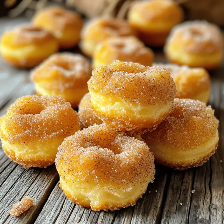 To make Air Fryer Cinnamon Sugar Donut Bites, you need: - 1 cup all-purpose flour - 1/3 cup granulated sugar - 1 tablespoon baking powder - 1/2 teaspoon ground cinnamon - 1/4 teaspoon salt - 1/2 cup whole milk - 1 large egg - 2 tablespoons unsalted butter, melted - 1/4 cup granulated sugar (for coating) - 1 tablespoon ground cinnamon (for coating) You can swap some ingredients if needed: - Use almond milk or oat milk for a dairy-free option. - Replace all-purpose flour with gluten-free flour for a gluten-free treat. - Use coconut oil instead of unsalted butter for a dairy-free fat. - Brown sugar can replace granulated sugar for a richer flavor. To make these donut bites, gather: - A large mixing bowl - A whisk for mixing - A silicone donut bite mold or mini muffin tin - An air fryer for cooking - A shallow bowl for the cinnamon sugar coating - A spoon for filling the mold With these ingredients and tools, you are ready to create delicious donut bites! Start by taking a large mixing bowl. Add 1 cup of all-purpose flour. Next, add 1/3 cup of granulated sugar. Then, mix in 1 tablespoon of baking powder. Sprinkle in 1/2 teaspoon of ground cinnamon and 1/4 teaspoon of salt. Whisk all of these dry ingredients together until well combined. This step ensures that all flavors mix evenly. In another bowl, pour in 1/2 cup of whole milk. Crack one large egg into the bowl. Add 2 tablespoons of melted unsalted butter. Mix these wet ingredients until smooth. Then, carefully pour this mixture into the bowl with the dry ingredients. Stir gently until just combined. It’s okay to see a few lumps. Overmixing will make the donut bites tough. Before cooking, lightly grease a silicone donut bite mold with cooking spray. If you don’t have a mold, mini muffin tins work great too. Spoon the batter into the mold, filling each cavity about 2/3 full. Now, preheat your air fryer to 350°F (175°C) for about 3 minutes. Once it’s ready, place the mold in the air fryer basket. Cook the donut bites for 5-7 minutes. They should turn golden brown, and a toothpick inserted should come out clean. While they cook, mix 1/4 cup of granulated sugar with 1 tablespoon of ground cinnamon in a shallow bowl. Once the bites are done, let them cool for a minute. Then, roll them gently in the cinnamon sugar until fully coated. Enjoy them warm for the best flavor! To get soft and fluffy donut bites, do not overmix the batter. Mix just until you see no dry flour. A few lumps are okay. This keeps the bites light and airy. Also, make sure your baking powder is fresh. Old baking powder can make your donut bites dense. Set your air fryer to 350°F (175°C). Preheat it for about 3 minutes. This helps the donut bites cook evenly. Cook them for 5 to 7 minutes. Check after 5 minutes. When they turn golden brown, they are ready. Use a toothpick to check if they are done. If it comes out clean, they are perfect! Avoid filling the mold too full. Fill each cavity about 2/3 full. This allows space for the bites to rise. If you skip the cooling step, the coating will not stick well. Let them cool for a minute before rolling in cinnamon sugar. Lastly, if you use muffin tins, adjust the time. Muffin tins may need a minute or two more to cook. {{image_2}} You can easily change the flavor of these donut bites. Add cocoa powder for a chocolate treat. Use vanilla extract for a sweet, classic taste. You can also mix in lemon zest for a bright twist. Each option gives you a new way to enjoy these bites. If you need a gluten-free option, swap the all-purpose flour for a gluten-free blend. This will keep the bites soft and tasty. You can also use almond milk instead of whole milk for a dairy-free version. These small changes let everyone enjoy the treats. For more fun, add toppings like sprinkles or nuts. You can fill the donut bites with jam or chocolate chips before cooking. After baking, drizzle with icing for extra sweetness. These toppings let you get creative and make each batch unique. After you enjoy your air fryer cinnamon sugar donut bites, you may have some left. To keep them fresh, place the leftover bites in an airtight container. Store them at room temperature for up to two days. If you want to keep them longer, refrigerate them for up to a week. Just make sure the container is sealed tight. When you want to enjoy the donut bites again, reheating is key. You can use your air fryer for the best texture. Preheat it to 350°F (175°C). Place the donut bites in the basket and heat for about 3-4 minutes. This will make them warm and slightly crispy. You can also use a microwave, but they might become soft. Heat them for 15-20 seconds in the microwave, checking often. If you want to save some for later, freezing works well. Let the donut bites cool completely first. Then, place them in a single layer on a baking sheet. Freeze them for about an hour until firm. Once frozen, transfer them to a freezer bag. Label the bag with the date. They can last up to three months in the freezer. When you're ready to eat, reheat them straight from the freezer using the air fryer or microwave. Yes, you can use a regular oven. Just preheat it to 350°F (175°C). Place the donut bites on a baking sheet lined with parchment paper. Bake for about 10-12 minutes. The bites may take a bit longer to cook compared to the air fryer. Check for a golden brown color. Insert a toothpick into the center of a donut bite. If it comes out clean, they are done. The bites should feel firm to the touch. You can make many desserts in an air fryer! Try air fryer cookies, brownies, or fruit crisps. The air fryer cooks them quickly and gives a nice texture. Experiment with different recipes for fun results! This blog covered key steps for making air fryer donut bites. We explored ingredients, instructions, and tools needed. You learned tips to avoid common mistakes and create the perfect texture. I shared ways to customize your bites with flavors and toppings. Lastly, we discussed how to store leftovers and reheat them. Enjoy experimenting with this fun recipe. The air fryer makes it easy. Happy cooking!
