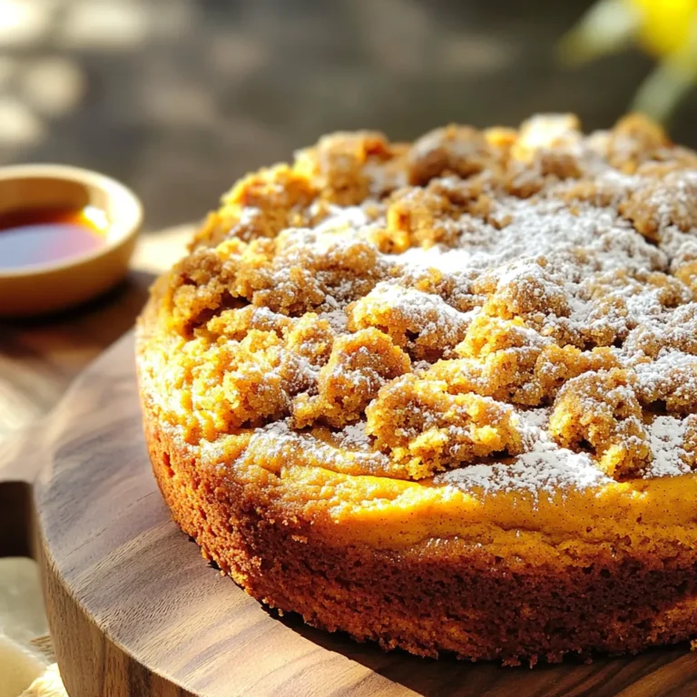 To create a delicious pumpkin streusel coffee cake, you need these main ingredients: - 2 cups all-purpose flour - 1 cup granulated sugar - 1 teaspoon baking powder - 1 teaspoon baking soda - 1 teaspoon ground cinnamon - ½ teaspoon ground nutmeg - ½ teaspoon salt - ¾ cup unsalted butter, softened - 1 cup canned pumpkin puree - 2 large eggs - 1 teaspoon vanilla extract - ½ cup sour cream These ingredients come together to form a moist and flavorful cake. The pumpkin puree adds a lovely texture and a hint of sweetness. The spices like cinnamon and nutmeg give warmth and depth to each bite. The streusel topping is what makes this cake feel extra special. For that crunchy, sweet layer, you will need: - ½ cup all-purpose flour - ½ cup brown sugar, packed - ½ teaspoon ground cinnamon - ¼ cup unsalted butter, melted - ¼ cup chopped pecans or walnuts (optional) Mixing these ingredients creates a crumbly texture. The nuts add a nice crunch, but you can skip them if you prefer a simpler topping. If you want to take your coffee cake to the next level, try adding these optional ingredients: - ½ teaspoon vanilla extract (for extra flavor) - A dash of pumpkin spice (for more warmth) - Chocolate chips (for a sweet surprise) These options can personalize your cake. Feel free to experiment and make it your own! First, preheat your oven to 350°F (175°C). Grease a 9x13-inch baking pan. This helps the cake not stick. Gather all your ingredients and tools. In a big bowl, add 2 cups of all-purpose flour, 1 cup of sugar, 1 teaspoon of baking powder, 1 teaspoon of baking soda, 1 teaspoon of ground cinnamon, ½ teaspoon of ground nutmeg, and ½ teaspoon of salt. Whisk them together well. This step is key for even flavor. In another bowl, cream ¾ cup of softened unsalted butter until it looks light and fluffy. Next, add 1 cup of canned pumpkin puree, 2 large eggs, and 1 teaspoon of vanilla extract. Mix them until smooth. This will make your cake moist and tasty. Now, slowly add the dry mix to the wet mix. Alternate with ½ cup of sour cream. Start and end with the dry ingredients. Mix until just combined. Don’t overmix. Pour this batter into the prepared baking pan. For the streusel topping, combine ½ cup of flour, ½ cup of brown sugar, ½ teaspoon of cinnamon, and ¼ cup of melted butter in a small bowl. If you like, add ¼ cup of chopped pecans or walnuts. Mix it until crumbly. Sprinkle this topping over the cake batter evenly. Bake your cake for 30-35 minutes. Use a toothpick to check if it’s done. If it comes out clean, it’s ready! Let it cool in the pan for 10 minutes. After that, transfer it to a wire rack to cool completely. Enjoy the warm, sweet scent filling your kitchen! For a soft and moist cake, use room-temperature ingredients. This helps the butter blend well. Make sure to cream the butter until it’s light and fluffy. This process adds air, making the cake rise nicely. Don’t over-mix the batter; mix until just combined. This keeps the cake tender. Oven temperatures vary, so check your cake a bit early. Start checking at 30 minutes. Insert a toothpick into the center. If it comes out clean, the cake is done. If not, continue baking for a few more minutes. Cover the top with foil if it browns too much. Serve the cake warm for the best flavor. Dust with powdered sugar for a pretty touch. A drizzle of maple syrup adds sweetness and depth. Pair it with coffee or tea for a delightful treat. You can also serve it with whipped cream or vanilla ice cream for a special dessert. {{image_2}} You can make this recipe gluten-free. Use a gluten-free flour blend instead of all-purpose flour. Make sure it has xanthan gum for the best texture. This swap keeps the cake light and fluffy while still tasting great. You can enjoy this fall treat without worry if you have gluten sensitivity. For a sweet twist, add chocolate chips or dried fruits. You can mix in 1 cup of chocolate chips or your favorite dried fruits. Dried cranberries, raisins, or apricots work well. Stir them into the batter before baking. This addition makes each bite even more delicious and adds fun flavors. You can change the nuts for a new flavor. Instead of pecans or walnuts, try almonds or hazelnuts. You can also leave the nuts out if you prefer a nut-free cake. This flexibility allows you to customize the cake to your taste. Each nut brings a unique crunch and flavor that enhances the cake. To keep your pumpkin streusel coffee cake fresh, wrap it tightly in plastic wrap. You can also place it in an airtight container. This method helps retain moisture and flavor. Store it at room temperature for up to three days. If you want to keep it longer, consider freezing it. To freeze your coffee cake, first let it cool completely. Cut the cake into squares for easy serving later. Wrap each square in plastic wrap and then place them in a freezer-safe bag. Remove as much air as possible before sealing. You can freeze the cake for up to three months. Label the bags with the date for easy tracking. When you're ready to enjoy your frozen coffee cake, take a piece out and let it thaw at room temperature. This usually takes about an hour. For a warm treat, heat it in the oven at 350°F for about 10-15 minutes. You can also use a microwave. Microwave each piece for about 30 seconds. Enjoy it warm, perhaps with a sprinkle of powdered sugar or a drizzle of maple syrup! You can use plain yogurt as a substitute for sour cream. It gives a similar tang and moisture. You can also use buttermilk or cream cheese. Each option adds a nice flavor to the cake. Yes, you can make the batter ahead of time. Just cover it tightly and store it in the fridge for up to 24 hours. If you make the whole cake, let it cool first. Then, wrap it and keep it in the fridge for up to three days. The cake is done when a toothpick inserted in the center comes out clean. You can also look for a golden-brown color on top. If it springs back when you touch it, it is ready. Yes, you can use fresh pumpkin. Just cook and puree it until smooth. Make sure it is thick and not watery. This can change the taste and texture, but it adds freshness. To make the cake moist, use room temperature ingredients. Adding an extra egg can help too. You can also use more pumpkin puree or a bit more butter. This will keep the cake soft and tender. In this post, we explored making pumpkin streusel coffee cake. We looked at key ingredients for both the cake and the topping. I shared easy steps for mixing, baking, and cooling your cake. You learned tips for perfect texture and fun variations, like gluten-free options. Finally, I covered how to store leftovers and answered common questions. Now, you’re ready to bake a delicious coffee cake. Enjoy your creation with family and friends!