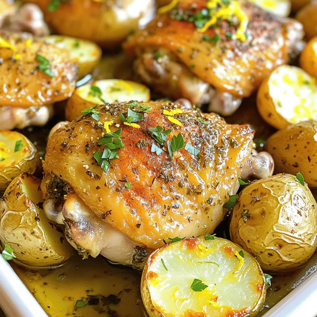- 4 boneless, skinless chicken thighs - 1 lb baby potatoes, halved - 3 tablespoons olive oil - Zest and juice of 2 lemons - 4 cloves garlic, minced - 1 teaspoon dried oregano - 1 teaspoon dried thyme - 1 teaspoon paprika - Salt and pepper to taste - Fresh parsley, chopped When I create this dish, I focus on fresh, simple ingredients. The chicken thighs give you rich flavor and stay juicy. Baby potatoes are perfect because they roast well. Olive oil adds the right amount of fat for cooking. For seasoning, lemons are key. They add brightness and zest. Garlic gives depth, while oregano and thyme add warmth. Paprika gives a subtle smokiness. I always use salt and pepper to enhance all the flavors. Garnishing with fresh parsley adds a pop of color. It also adds a fresh taste. This dish is not just tasty; it looks great on the plate too! - Preheat the oven to 425°F (220°C). - In a large bowl, mix 3 tablespoons of olive oil, the zest and juice of 2 lemons, 4 minced garlic cloves, 1 teaspoon of dried oregano, 1 teaspoon of dried thyme, 1 teaspoon of paprika, and salt and pepper. This creates a bright and tasty marinade. - Add 4 boneless, skinless chicken thighs to the marinade. Make sure each piece is well coated. Let the chicken sit in the marinade for at least 15 minutes. This helps the flavors soak in. - While the chicken marinates, prepare 1 pound of baby potatoes. Cut them in half and place them on a large sheet pan. Drizzle with olive oil, and season with salt, pepper, and a sprinkle of oregano. Toss them well to coat. - Now, arrange the marinated chicken thighs on the sheet pan with the potatoes. Spread them out for even cooking. - Bake everything in the preheated oven for 25 to 30 minutes. Check that the chicken reaches an internal temperature of 165°F (75°C) and that the potatoes look golden and crispy. - For extra crispiness, you can broil the dish for 2 to 3 minutes at the end. Keep an eye on it to prevent burning! - Once done, take the sheet pan out of the oven. Let it rest for 5 minutes. This helps the juices settle. - Before serving, garnish with chopped fresh parsley for color and flavor. Enjoy your delicious meal! To get the best flavor from your chicken, marinate it well. Mix the olive oil, lemon zest, lemon juice, garlic, oregano, thyme, paprika, salt, and pepper in a bowl. Let the chicken soak in this mix for at least 15 minutes. If you have more time, let it marinate for an hour or even overnight. This adds depth and helps the chicken absorb all those tasty herbs. If you want to change the spice level, feel free to adjust the paprika. You can use smoked paprika for a deeper flavor or leave it out for a milder taste. You can also add more garlic if you love that strong taste. Just remember, a little goes a long way! Getting that crispy skin on your chicken and golden potatoes is key. After baking, broil the dish for 2-3 minutes. This helps crisp everything up without drying it out. Keep a close eye on it while broiling. Things can go from crispy to burnt quickly! For cooking times, bake the chicken and potatoes for 25-30 minutes. The chicken should reach 165°F inside. The potatoes should be tender and golden. If they need more time, keep checking every few minutes. You want them perfectly crispy, but not overdone. {{image_2}} You can easily swap the chicken in this recipe. Try using pork or tofu instead. Pork chops or tenderloin work well. For a plant-based option, use firm tofu. Just be sure to press the tofu first to remove excess water. This helps it soak up the flavors better. Adjust cooking times accordingly. Pork may need a bit more time, while tofu cooks faster. Feel free to add your favorite veggies to this dish. Carrots, bell peppers, or broccoli all work great. Just cut them into similar sizes as the potatoes. This helps everything cook evenly. Toss them in the same olive oil and seasoning mix. This way, they soak up all the delicious flavors. It creates a colorful and tasty meal. You can change the herbs and spices for a new taste. Try using rosemary or basil instead of oregano and thyme. Each herb adds its own unique flavor. You could also add a pinch of cayenne for some heat. Experimenting with flavors keeps this dish exciting. Don't be afraid to mix and match! To store leftovers, let the dish cool down first. Then, place the chicken and potatoes in an airtight container. You can keep them in the fridge for up to three days. Make sure to separate the chicken from the potatoes if you want to keep them crispy. If you notice any moisture, use a paper towel to absorb it before sealing the container. The best way to reheat your chicken and potatoes is in the oven. Preheat the oven to 350°F (175°C). Place the chicken and potatoes on a baking sheet. Heat for about 15-20 minutes or until they are warm. You can also use a microwave, but this may make the potatoes soft. If you use the microwave, cover the dish with a lid or microwave-safe wrap to keep moisture in. If you want to freeze your leftovers, divide the chicken and potatoes into meal-sized portions. Use freezer-safe bags or containers. Be sure to remove as much air as possible before sealing. You can freeze them for up to three months. When you are ready to eat, thaw in the fridge overnight, then reheat as mentioned above. You can serve this dish with many sides. I love a fresh green salad with a light vinaigrette. The crisp veggies balance the rich flavors of the chicken. You can also pair it with steamed broccoli or green beans. These add nice color and nutrients to your plate. For something warm, try garlic bread or a simple rice pilaf. Each of these sides complements the chicken and potatoes well. Yes, you can prepare this dish ahead of time! You can marinate the chicken in the morning and store it in the fridge. Just remember to let it sit for at least 15 minutes before cooking. For the potatoes, you can cut them and toss them in oil and seasoning too. Keep them in a sealed container until you're ready to bake. This way, you save time when you are ready to cook. The best oven temperature for this dish is 425°F (220°C). This high heat cooks the chicken quickly and makes the potatoes crispy. It allows the flavors to meld together nicely. Just make sure to check the chicken reaches an internal temperature of 165°F (75°C). This ensures it is safe to eat and delicious! This dish combines simple ingredients like chicken, baby potatoes, and fresh herbs. We covered how to prepare and bake them for a tasty meal. You learned tips to add flavor and get crispy results. Also, I shared ideas for swaps and storage. Cooking should be fun and easy. Try these steps, and enjoy a delicious, homemade feast!