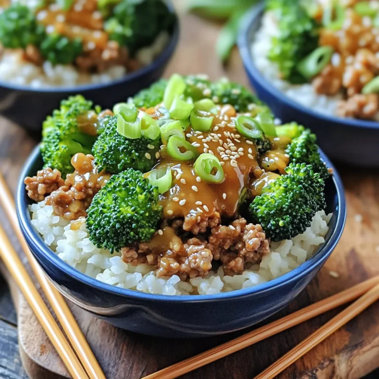 - 1 lb ground turkey - 2 tablespoons sesame oil - 4 cloves garlic, minced - 1 tablespoon fresh ginger, minced - 2 tablespoons soy sauce - 1 tablespoon honey - 1 tablespoon rice vinegar - 1 cup broccoli florets - 1 cup cooked jasmine rice - 2 green onions, thinly sliced - 1 tablespoon sesame seeds - Salt and pepper to taste Gathering the right ingredients is key to making these tasty bowls. Ground turkey is lean and cooks quickly, making it perfect for busy nights. Sesame oil adds a lovely nutty flavor. Using fresh garlic and ginger brings depth to the dish. You’ll need soy sauce for that savory kick, honey for sweetness, and rice vinegar for balance. For the veggies, broccoli adds color and crunch. Jasmine rice serves as a fluffy base. Top with green onions and sesame seeds for an extra pop. Don’t forget salt and pepper to taste! These ingredients come together fast, making this meal a winner for anyone. To start, you need to cook the jasmine rice. You can use a rice cooker or cook it on the stove. For every cup of rice, use about two cups of water. Bring the water to a boil, then add the rice. Cover and lower the heat. Let it steam for about 15 minutes. This will give you fluffy rice. Next, heat two tablespoons of sesame oil in a large skillet over medium-high heat. Once the oil is hot, add four cloves of minced garlic and one tablespoon of minced ginger. Sauté for about 30 seconds until you smell the aroma. This step builds a strong flavor base for your dish. Now, it’s time to add the ground turkey. Turn the heat up to high and add one pound of turkey to the skillet. Use a spatula to break it apart. Cook it for about 5 to 7 minutes until it turns brown. Once browned, add two tablespoons of soy sauce, one tablespoon of honey, one tablespoon of rice vinegar, salt, and pepper. Mix well and cook for another 2 to 3 minutes. After the turkey is cooked, toss in one cup of broccoli florets. Stir and cook for an additional 3 to 4 minutes. You want the broccoli to be bright green and tender-crisp. This keeps the dish fresh and colorful. Now it's time to put everything together. Divide the cooked jasmine rice into serving bowls. Top each bowl with the sesame garlic turkey and broccoli mixture. For a finishing touch, sprinkle sliced green onions and sesame seeds on top. This adds flavor and a nice crunch. Serve on a large plate or wooden board for a beautiful presentation. - Speeding up prep time: Chop garlic and ginger in advance. Store them in the fridge for quick use. Pre-measured sauces help too. - Choosing pre-cooked rice: Use store-bought, pre-cooked rice for instant meals. Just heat it up in the microwave. - Suggestions for additional spices: Add red pepper flakes for heat. A dash of five-spice powder gives depth. - Alternative sauces or sweeteners: Swap honey for maple syrup for a new taste. Try coconut aminos instead of soy sauce for a lighter flavor. - Presentation techniques for serving bowls: Use colorful bowls for a pop. Layer rice, turkey, and broccoli for height. Scatter extra sesame seeds and green onions on top for a nice touch. Place chopsticks on the side for fun! {{image_2}} You can easily change the ground turkey to fit your needs. - Swap ground turkey for other proteins: Use chicken, beef, or pork for a different taste. Each meat brings its own flavor and texture. - Vegetarian or vegan options: Try crumbled tofu or tempeh instead. Both options soak up the flavors well. Don't be afraid to play with flavors. - Altering seasoning for different tastes: Use lime juice instead of rice vinegar for a zesty twist. Add herbs like cilantro for freshness. - Adding heat with spices or sauces: Incorporate chili flakes or sriracha for some spice. This will give your bowls a warm kick. Mix and match your bowl's ingredients. - Exploring different grains: Quinoa or brown rice can replace jasmine rice. Both grains add nutrition and texture. - Adding more vegetables or toppings: Try bell peppers, snap peas, or carrots. They add color and crunch to your dish. Top with avocado or nuts for extra flavor. To keep your Sesame Garlic Ground Turkey Bowls fresh, store leftovers in an airtight container. Make sure they cool down to room temperature before sealing. This helps avoid condensation, which can lead to soggy food. In the fridge, the dish lasts up to 3 days. Always check for off smells or changes in color before eating. If you want to save some turkey mixture for later, freeze it. First, let it cool completely. Then, place it in a freezer-safe bag or container. Make sure to remove as much air as possible. This keeps it from freezer burn. When you’re ready to eat, thaw it in the fridge overnight. Reheat it in a skillet over medium heat until hot. You can also microwave it in short bursts, stirring in between. You can prep ingredients ahead of time. Chop garlic, ginger, and green onions a day before. Store them in separate containers in the fridge. You can also cook the rice in advance and keep it in the fridge for up to a week. For quick meals, assemble the bowls the night before. Just keep the turkey and veggies separate from the rice to avoid sogginess. When ready to eat, mix everything together and enjoy! It takes just 15 minutes to make these tasty turkey bowls. - Prep Time: 5 minutes - Cooking Time: 10 minutes You can cook the rice while you prepare the turkey. This makes it quick and easy. Yes, you can use chicken or beef instead of ground turkey. - Ground Chicken: It’s lean like turkey and has a mild taste. - Ground Beef: It adds a richer flavor but has more fat. Choose what you like best. Each option will give a different taste to your meal. You can add many sides to make your meal complete. - Steamed Vegetables: Carrots or snap peas pair well. - Salad: A simple green salad adds crunch. - Egg Rolls: These can give a fun crunch and flavor. These sides add variety and balance to your meal. Yes, this recipe can be made gluten-free. - Soy Sauce Substitute: Use tamari instead of regular soy sauce. - Rice Vinegar: This is usually gluten-free, but always check the label. These swaps keep the flavor while keeping it safe for gluten-free diets. In this article, we covered a delicious recipe for Sesame Garlic Ground Turkey Bowls. We discussed the main ingredients, cooking steps, and tips for a great meal. You can customize this dish to fit your taste and dietary needs. These bowls offer variety and flavor, making them fun and easy to prepare. Take what you learned here and create your own version. Enjoy trying new combinations and sharing them with others. Now, get cooking and savor every bite!