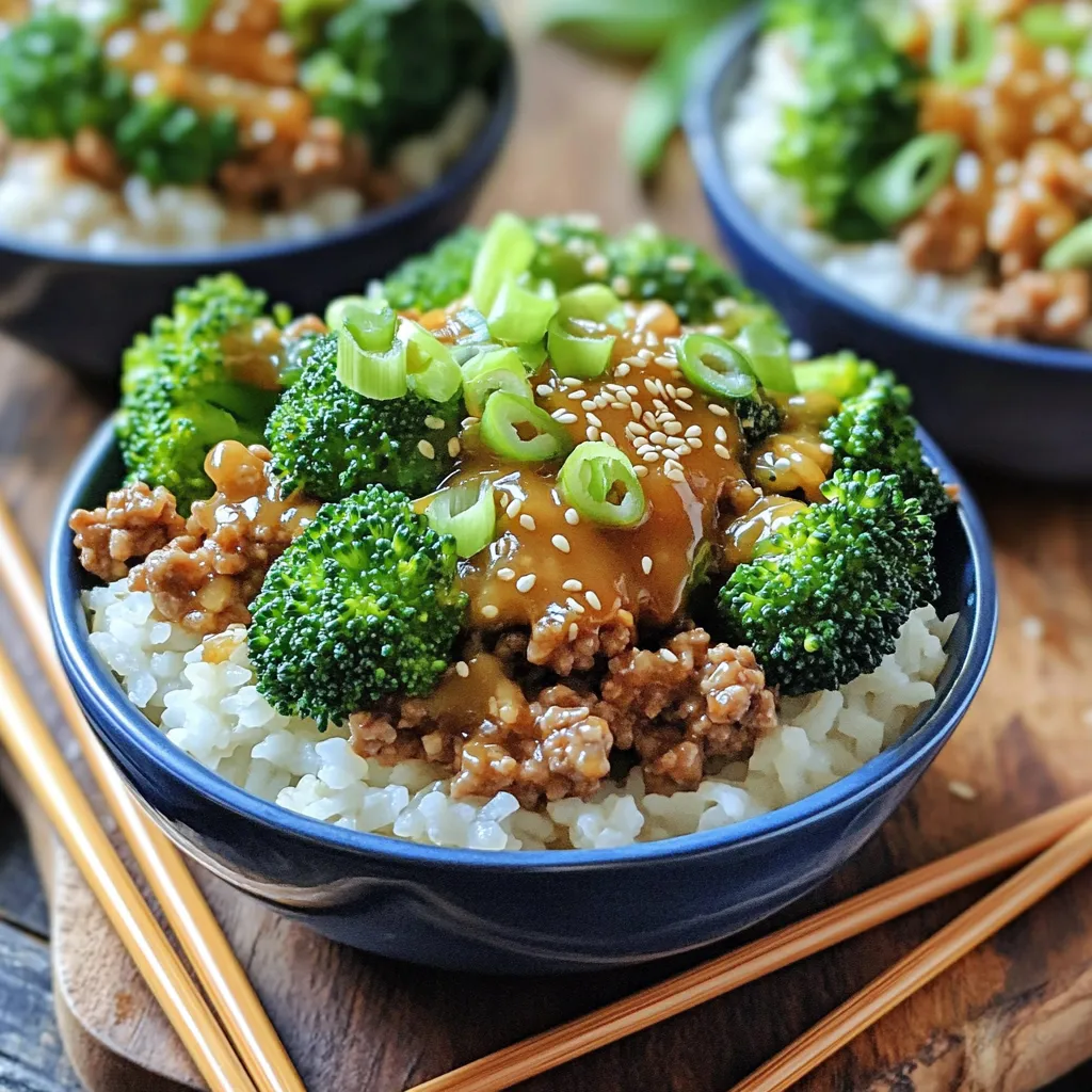 - 1 lb ground turkey - 2 tablespoons sesame oil - 4 cloves garlic, minced - 1 tablespoon fresh ginger, minced - 2 tablespoons soy sauce - 1 tablespoon honey - 1 tablespoon rice vinegar - 1 cup broccoli florets - 1 cup cooked jasmine rice - 2 green onions, thinly sliced - 1 tablespoon sesame seeds - Salt and pepper to taste Gathering the right ingredients is key to making these tasty bowls. Ground turkey is lean and cooks quickly, making it perfect for busy nights. Sesame oil adds a lovely nutty flavor. Using fresh garlic and ginger brings depth to the dish. You’ll need soy sauce for that savory kick, honey for sweetness, and rice vinegar for balance. For the veggies, broccoli adds color and crunch. Jasmine rice serves as a fluffy base. Top with green onions and sesame seeds for an extra pop. Don’t forget salt and pepper to taste! These ingredients come together fast, making this meal a winner for anyone. To start, you need to cook the jasmine rice. You can use a rice cooker or cook it on the stove. For every cup of rice, use about two cups of water. Bring the water to a boil, then add the rice. Cover and lower the heat. Let it steam for about 15 minutes. This will give you fluffy rice. Next, heat two tablespoons of sesame oil in a large skillet over medium-high heat. Once the oil is hot, add four cloves of minced garlic and one tablespoon of minced ginger. Sauté for about 30 seconds until you smell the aroma. This step builds a strong flavor base for your dish. Now, it’s time to add the ground turkey. Turn the heat up to high and add one pound of turkey to the skillet. Use a spatula to break it apart. Cook it for about 5 to 7 minutes until it turns brown. Once browned, add two tablespoons of soy sauce, one tablespoon of honey, one tablespoon of rice vinegar, salt, and pepper. Mix well and cook for another 2 to 3 minutes. After the turkey is cooked, toss in one cup of broccoli florets. Stir and cook for an additional 3 to 4 minutes. You want the broccoli to be bright green and tender-crisp. This keeps the dish fresh and colorful. Now it's time to put everything together. Divide the cooked jasmine rice into serving bowls. Top each bowl with the sesame garlic turkey and broccoli mixture. For a finishing touch, sprinkle sliced green onions and sesame seeds on top. This adds flavor and a nice crunch. Serve on a large plate or wooden board for a beautiful presentation. - Speeding up prep time: Chop garlic and ginger in advance. Store them in the fridge for quick use. Pre-measured sauces help too. - Choosing pre-cooked rice: Use store-bought, pre-cooked rice for instant meals. Just heat it up in the microwave. - Suggestions for additional spices: Add red pepper flakes for heat. A dash of five-spice powder gives depth. - Alternative sauces or sweeteners: Swap honey for maple syrup for a new taste. Try coconut aminos instead of soy sauce for a lighter flavor. - Presentation techniques for serving bowls: Use colorful bowls for a pop. Layer rice, turkey, and broccoli for height. Scatter extra sesame seeds and green onions on top for a nice touch. Place chopsticks on the side for fun! {{image_2}} You can easily change the ground turkey to fit your needs. - Swap ground turkey for other proteins: Use chicken, beef, or pork for a different taste. Each meat brings its own flavor and texture. - Vegetarian or vegan options: Try crumbled tofu or tempeh instead. Both options soak up the flavors well. Don't be afraid to play with flavors. - Altering seasoning for different tastes: Use lime juice instead of rice vinegar for a zesty twist. Add herbs like cilantro for freshness. - Adding heat with spices or sauces: Incorporate chili flakes or sriracha for some spice. This will give your bowls a warm kick. Mix and match your bowl's ingredients. - Exploring different grains: Quinoa or brown rice can replace jasmine rice. Both grains add nutrition and texture. - Adding more vegetables or toppings: Try bell peppers, snap peas, or carrots. They add color and crunch to your dish. Top with avocado or nuts for extra flavor. To keep your Sesame Garlic Ground Turkey Bowls fresh, store leftovers in an airtight container. Make sure they cool down to room temperature before sealing. This helps avoid condensation, which can lead to soggy food. In the fridge, the dish lasts up to 3 days. Always check for off smells or changes in color before eating. If you want to save some turkey mixture for later, freeze it. First, let it cool completely. Then, place it in a freezer-safe bag or container. Make sure to remove as much air as possible. This keeps it from freezer burn. When you’re ready to eat, thaw it in the fridge overnight. Reheat it in a skillet over medium heat until hot. You can also microwave it in short bursts, stirring in between. You can prep ingredients ahead of time. Chop garlic, ginger, and green onions a day before. Store them in separate containers in the fridge. You can also cook the rice in advance and keep it in the fridge for up to a week. For quick meals, assemble the bowls the night before. Just keep the turkey and veggies separate from the rice to avoid sogginess. When ready to eat, mix everything together and enjoy! It takes just 15 minutes to make these tasty turkey bowls. - Prep Time: 5 minutes - Cooking Time: 10 minutes You can cook the rice while you prepare the turkey. This makes it quick and easy. Yes, you can use chicken or beef instead of ground turkey. - Ground Chicken: It’s lean like turkey and has a mild taste. - Ground Beef: It adds a richer flavor but has more fat. Choose what you like best. Each option will give a different taste to your meal. You can add many sides to make your meal complete. - Steamed Vegetables: Carrots or snap peas pair well. - Salad: A simple green salad adds crunch. - Egg Rolls: These can give a fun crunch and flavor. These sides add variety and balance to your meal. Yes, this recipe can be made gluten-free. - Soy Sauce Substitute: Use tamari instead of regular soy sauce. - Rice Vinegar: This is usually gluten-free, but always check the label. These swaps keep the flavor while keeping it safe for gluten-free diets. In this article, we covered a delicious recipe for Sesame Garlic Ground Turkey Bowls. We discussed the main ingredients, cooking steps, and tips for a great meal. You can customize this dish to fit your taste and dietary needs. These bowls offer variety and flavor, making them fun and easy to prepare. Take what you learned here and create your own version. Enjoy trying new combinations and sharing them with others. Now, get cooking and savor every bite!