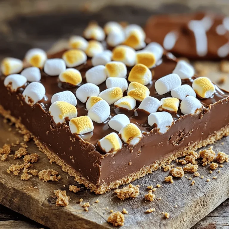 To make S’mores Fudge Bars, start with these key ingredients: - 1 cup graham cracker crumbs - 1/2 cup unsweetened cocoa powder - 1/2 cup sugar - 1/4 teaspoon salt - 1/2 cup (1 stick) unsalted butter, melted - 1 can (14 oz) sweetened condensed milk - 1 cup semi-sweet chocolate chips - 1 cup mini marshmallows - 1/2 cup chopped chocolate (dark or milk, for topping) - Extra graham cracker crumbs for topping These ingredients create a rich, gooey, and sweet treat. The graham cracker crumbs form a delicious base. The chocolate chips and sweetened condensed milk blend to give that fudge texture. You can get creative with toppings! Here are some ideas: - Add crushed nuts for crunch. - Use white chocolate chips for a different flavor. - Swap mini marshmallows for larger ones, if you prefer. - Drizzle caramel sauce on top for extra sweetness. These options allow you to customize each bar. Feel free to experiment with flavors and textures. Each S’mores Fudge Bar has about: - Calories: 200 - Fat: 10g - Carbohydrates: 28g - Protein: 2g This treat is indulgent, so enjoy it in moderation. The mix of chocolate, sugar, and marshmallows makes it a delightful dessert. To start, preheat your oven to 350°F (175°C). This step is key for getting the crust just right. Line an 8x8-inch baking pan with parchment paper. Leave some paper hanging over the edges. This helps you lift the bars out later. In a large bowl, mix together the graham cracker crumbs, cocoa powder, sugar, and salt. This mix gives your crust a rich flavor. Next, drizzle in the melted butter. Stir until everything is combined and crumbly. Now, press the graham cracker mixture firmly into the bottom of your pan. Make sure it’s even all around. Bake this crust in the oven for 10 minutes. When it’s done, take it out and let it cool slightly. While the crust cools, it's time to make the fudge layer. Grab a medium saucepan and set it over medium heat. Combine the sweetened condensed milk and semi-sweet chocolate chips in the pan. Stir this mixture constantly. You want the chocolate to melt completely and become smooth. Once it’s ready, pour the chocolate fudge layer over the cooled crust. Spread it evenly with a spatula. Now comes the fun part! Sprinkle the mini marshmallows evenly over the fudge layer. Then, add the chopped chocolate on top. This will create a lovely topping. Return the pan to the oven for another 10 minutes. Bake until the marshmallows are golden and puffy. When it’s done, take it out and let it cool completely in the pan on a wire rack. After it cools, use the parchment paper to lift the bars out. Cut them into squares. For a special touch, sprinkle extra graham cracker crumbs on top before you serve. Enjoy your tasty S’mores Fudge Bars! To get a smooth fudge texture, use good quality chocolate. I recommend semi-sweet chocolate chips. When you heat the sweetened condensed milk, stir slowly. This helps the chocolate melt evenly. If the fudge seems too thick, add a tiny bit of milk. This will keep it creamy and rich. Store any leftover S'mores fudge bars in an airtight container. Keep them in the fridge. They will stay fresh for about five days. If you want to keep them longer, freeze the bars. Wrap each piece in plastic wrap and then place them in a freezer bag. They can last for up to three months. For a fun way to serve, cut the bars into squares. Place them on a rustic wooden board. You can add mini marshmallows on top for a cute look. Drizzle some chocolate sauce over them for extra sweetness. This makes every bite feel special and inviting. {{image_2}} To make gluten-free S’mores fudge bars, swap the regular graham crackers for gluten-free ones. Many brands offer tasty options. You can also check that your cocoa powder and chocolate chips are gluten-free. With these changes, you can enjoy the same great taste without gluten. If you want to change the flavor, try adding peanut butter. Just stir in half a cup of creamy peanut butter into the fudge layer. This adds a rich taste that pairs well with chocolate. For a mint twist, mix in a few drops of mint extract. This gives a refreshing flavor that makes the bars feel special. You can make no-bake S’mores fudge bars for a quick treat. Simply skip the baking steps. Mix the graham cracker crumbs, cocoa powder, sugar, and melted butter. Press this mixture into your pan. Next, heat the sweetened condensed milk and chocolate chips until smooth. Pour this over the crust and top with marshmallows and chocolate. Chill in the fridge for a few hours until set. This method is fast and easy, perfect for warm days! To keep your S’mores Fudge Bars fresh, place them in an airtight container. Use parchment paper to separate layers if you stack them. This helps avoid sticking. Store them in a cool, dry place. If you want them to last longer, refrigerate them. They can stay fresh for about five to seven days at room temperature. In the fridge, they can last up to two weeks. Freezing is a great option if you want to save some bars for later. Cut the bars into squares first. Wrap each square in plastic wrap. Then, place them in a freezer-safe bag or container. Make sure to remove as much air as possible. These bars can last up to three months in the freezer. When you’re ready to enjoy, let them thaw in the fridge overnight. If you prefer warm fudge bars, reheating is simple. Place a bar on a microwave-safe plate. Heat it for about 10 to 15 seconds. Check if it's warm enough; if not, heat for a few more seconds. Avoid overheating, as this can make the fudge too gooey. Enjoy them warm for a cozy treat. Yes, you can use any type of chocolate you love. Dark chocolate gives a rich taste. Milk chocolate adds sweetness. You can even mix them for a fun twist! Just keep the total amount the same. This way, your S’mores Fudge Bars still taste great. These bars last about a week when stored right. Keep them in an airtight container. They stay fresh at room temperature. If it's hot, store them in the fridge. They may last a bit longer if frozen. Just remember to wrap them well to avoid freezer burn. Yes, you can make these bars ahead of time. They are great for parties or snacks. Make them up to two days in advance. Just store them in an airtight container. If you freeze them, they keep for about three months. This makes them a perfect treat to have on hand! S’mores fudge bars are a tasty treat you can easily make at home. We covered the main ingredients, step-by-step instructions, and tips for perfecting your bars. You learned about fun variations, storage tips, and answered common questions. Enjoy these fudge bars as a sweet dessert. Get creative with toppings and flavors. You can impress friends and family with this simple recipe. Make these fudge bars, and you're sure to please everyone!