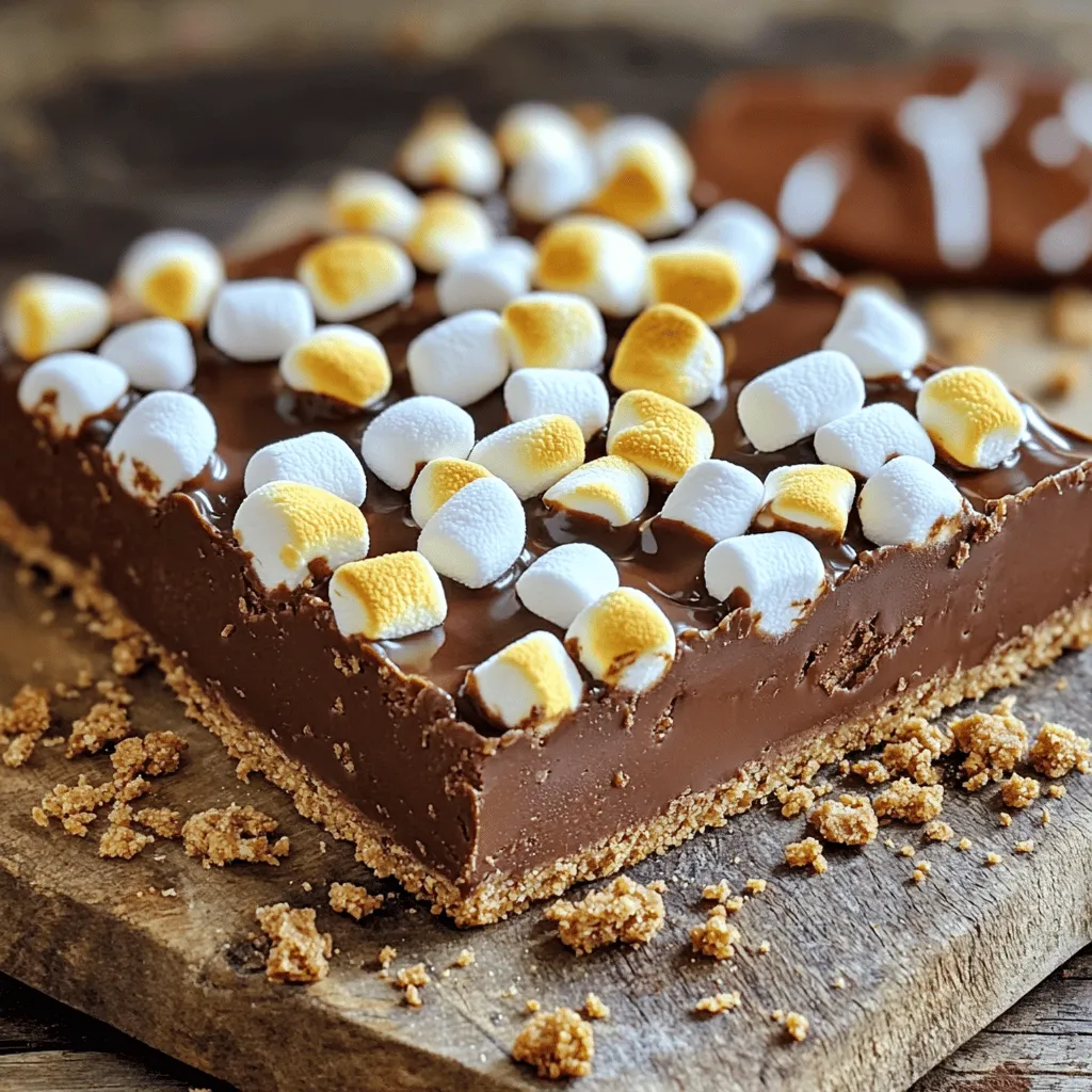 To make S’mores Fudge Bars, start with these key ingredients: - 1 cup graham cracker crumbs - 1/2 cup unsweetened cocoa powder - 1/2 cup sugar - 1/4 teaspoon salt - 1/2 cup (1 stick) unsalted butter, melted - 1 can (14 oz) sweetened condensed milk - 1 cup semi-sweet chocolate chips - 1 cup mini marshmallows - 1/2 cup chopped chocolate (dark or milk, for topping) - Extra graham cracker crumbs for topping These ingredients create a rich, gooey, and sweet treat. The graham cracker crumbs form a delicious base. The chocolate chips and sweetened condensed milk blend to give that fudge texture. You can get creative with toppings! Here are some ideas: - Add crushed nuts for crunch. - Use white chocolate chips for a different flavor. - Swap mini marshmallows for larger ones, if you prefer. - Drizzle caramel sauce on top for extra sweetness. These options allow you to customize each bar. Feel free to experiment with flavors and textures. Each S’mores Fudge Bar has about: - Calories: 200 - Fat: 10g - Carbohydrates: 28g - Protein: 2g This treat is indulgent, so enjoy it in moderation. The mix of chocolate, sugar, and marshmallows makes it a delightful dessert. To start, preheat your oven to 350°F (175°C). This step is key for getting the crust just right. Line an 8x8-inch baking pan with parchment paper. Leave some paper hanging over the edges. This helps you lift the bars out later. In a large bowl, mix together the graham cracker crumbs, cocoa powder, sugar, and salt. This mix gives your crust a rich flavor. Next, drizzle in the melted butter. Stir until everything is combined and crumbly. Now, press the graham cracker mixture firmly into the bottom of your pan. Make sure it’s even all around. Bake this crust in the oven for 10 minutes. When it’s done, take it out and let it cool slightly. While the crust cools, it's time to make the fudge layer. Grab a medium saucepan and set it over medium heat. Combine the sweetened condensed milk and semi-sweet chocolate chips in the pan. Stir this mixture constantly. You want the chocolate to melt completely and become smooth. Once it’s ready, pour the chocolate fudge layer over the cooled crust. Spread it evenly with a spatula. Now comes the fun part! Sprinkle the mini marshmallows evenly over the fudge layer. Then, add the chopped chocolate on top. This will create a lovely topping. Return the pan to the oven for another 10 minutes. Bake until the marshmallows are golden and puffy. When it’s done, take it out and let it cool completely in the pan on a wire rack. After it cools, use the parchment paper to lift the bars out. Cut them into squares. For a special touch, sprinkle extra graham cracker crumbs on top before you serve. Enjoy your tasty S’mores Fudge Bars! To get a smooth fudge texture, use good quality chocolate. I recommend semi-sweet chocolate chips. When you heat the sweetened condensed milk, stir slowly. This helps the chocolate melt evenly. If the fudge seems too thick, add a tiny bit of milk. This will keep it creamy and rich. Store any leftover S'mores fudge bars in an airtight container. Keep them in the fridge. They will stay fresh for about five days. If you want to keep them longer, freeze the bars. Wrap each piece in plastic wrap and then place them in a freezer bag. They can last for up to three months. For a fun way to serve, cut the bars into squares. Place them on a rustic wooden board. You can add mini marshmallows on top for a cute look. Drizzle some chocolate sauce over them for extra sweetness. This makes every bite feel special and inviting. {{image_2}} To make gluten-free S’mores fudge bars, swap the regular graham crackers for gluten-free ones. Many brands offer tasty options. You can also check that your cocoa powder and chocolate chips are gluten-free. With these changes, you can enjoy the same great taste without gluten. If you want to change the flavor, try adding peanut butter. Just stir in half a cup of creamy peanut butter into the fudge layer. This adds a rich taste that pairs well with chocolate. For a mint twist, mix in a few drops of mint extract. This gives a refreshing flavor that makes the bars feel special. You can make no-bake S’mores fudge bars for a quick treat. Simply skip the baking steps. Mix the graham cracker crumbs, cocoa powder, sugar, and melted butter. Press this mixture into your pan. Next, heat the sweetened condensed milk and chocolate chips until smooth. Pour this over the crust and top with marshmallows and chocolate. Chill in the fridge for a few hours until set. This method is fast and easy, perfect for warm days! To keep your S’mores Fudge Bars fresh, place them in an airtight container. Use parchment paper to separate layers if you stack them. This helps avoid sticking. Store them in a cool, dry place. If you want them to last longer, refrigerate them. They can stay fresh for about five to seven days at room temperature. In the fridge, they can last up to two weeks. Freezing is a great option if you want to save some bars for later. Cut the bars into squares first. Wrap each square in plastic wrap. Then, place them in a freezer-safe bag or container. Make sure to remove as much air as possible. These bars can last up to three months in the freezer. When you’re ready to enjoy, let them thaw in the fridge overnight. If you prefer warm fudge bars, reheating is simple. Place a bar on a microwave-safe plate. Heat it for about 10 to 15 seconds. Check if it's warm enough; if not, heat for a few more seconds. Avoid overheating, as this can make the fudge too gooey. Enjoy them warm for a cozy treat. Yes, you can use any type of chocolate you love. Dark chocolate gives a rich taste. Milk chocolate adds sweetness. You can even mix them for a fun twist! Just keep the total amount the same. This way, your S’mores Fudge Bars still taste great. These bars last about a week when stored right. Keep them in an airtight container. They stay fresh at room temperature. If it's hot, store them in the fridge. They may last a bit longer if frozen. Just remember to wrap them well to avoid freezer burn. Yes, you can make these bars ahead of time. They are great for parties or snacks. Make them up to two days in advance. Just store them in an airtight container. If you freeze them, they keep for about three months. This makes them a perfect treat to have on hand! S’mores fudge bars are a tasty treat you can easily make at home. We covered the main ingredients, step-by-step instructions, and tips for perfecting your bars. You learned about fun variations, storage tips, and answered common questions. Enjoy these fudge bars as a sweet dessert. Get creative with toppings and flavors. You can impress friends and family with this simple recipe. Make these fudge bars, and you're sure to please everyone!