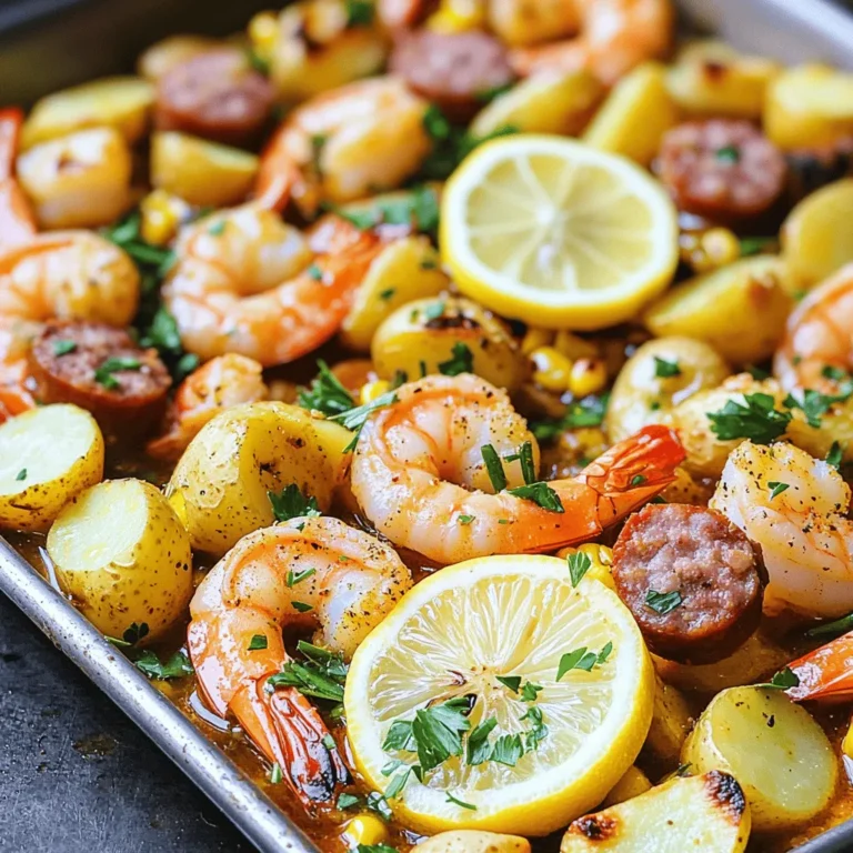 - 1 lb large shrimp, deveined and peeled - 1 lb baby potatoes, halved - 2 ears of corn, cut into thirds - 1/2 lb smoked sausage, sliced - 3 tablespoons olive oil - 3 cloves garlic, minced - 2 teaspoons Old Bay seasoning - 1 teaspoon paprika - Salt and pepper to taste - 1 lemon, sliced - Fresh parsley, chopped The ingredients for this sheet pan shrimp boil are simple yet full of flavor. You start with large shrimp, which I like because they cook quickly and absorb all the spices well. The baby potatoes add heartiness, and they become tender and creamy in the oven. Corn brings a sweet crunch, and the smoked sausage adds a savory touch. When it comes to seasonings, I use olive oil to help everything roast nicely. Garlic gives a wonderful aroma and taste. Old Bay seasoning is key; it brings that classic shrimp boil flavor that I love. A sprinkle of paprika adds warmth and color. Don’t forget salt and pepper to make all the flavors pop. For garnishes, lemon slices add brightness to the dish, while fresh parsley makes it look pretty. These simple ingredients come together to create a meal everyone will enjoy. First, preheat your oven to 400°F (200°C). This heat will help cook everything evenly. Next, get your ingredients ready. Halve the baby potatoes and cut the corn into thirds. Peel and devein the shrimp if you haven't done so already. On a large sheet pan, mix the halved baby potatoes, sliced sausage, and corn pieces. Drizzle 2 tablespoons of olive oil over them. Add salt, pepper, and 1 teaspoon of Old Bay seasoning. Toss everything well to coat it. Now, roast this mixture in the oven for about 15 minutes. This initial roast gives the potatoes time to soften and flavors to blend. While the veggies roast, grab a mixing bowl. Toss the shrimp with minced garlic, the remaining Old Bay seasoning, paprika, and the last tablespoon of olive oil. Make sure each shrimp gets coated nicely. After 15 minutes, take the pan out of the oven. Add the seasoned shrimp to the pan. Top it all with lemon slices for a fresh kick. Return the pan to the oven and cook for another 8-10 minutes. Watch for the shrimp to turn pink and opaque, which means they are done. To ensure even cooking of shrimp and vegetables, spread them out on the sheet pan. Avoid overcrowding. This way, heat circulates well. Stir the mix halfway through cooking. This helps everything cook evenly. Check for doneness by looking for a bright pink color in the shrimp. They should curl into a C shape. The potatoes should be fork-tender. You can taste a piece to ensure it's soft. For a fun presentation, serve directly from the pan. This gives a casual feel. You can also transfer everything to a large platter for a more formal look. Add lemon wedges on the side. They give a zesty touch that brightens the dish. Guests can squeeze them over their servings for extra flavor. Adjust the spice levels to suit your taste. Add more Old Bay seasoning if you like it spicy. You can also sprinkle some cayenne pepper for an extra kick. Feel free to add more vegetables. Bell peppers, zucchini, or asparagus work well. If you want to change the protein, chicken or tofu can be great substitutes. Just adjust the cooking time as needed. {{image_2}} You can switch up the shrimp with other proteins. Chicken works well in this dish. Just cut it into small pieces. Tofu is a great choice for a vegetarian meal. It absorbs flavors nicely. When it comes to sausage, you have choices too. Smoked sausage adds a deep, rich flavor. Fresh sausage offers a milder taste. Try both to see which you like best. If you want to mix in different veggies, go for it! Bell peppers and zucchini add color and crunch. Broccoli and asparagus also roast nicely. Use seasonal vegetables for the best flavor and freshness. In summer, fresh green beans or cherry tomatoes work great. In fall, sweet potatoes or butternut squash are tasty options. For gluten-free diets, make sure your sausage is gluten-free. All the vegetables and shrimp are naturally gluten-free, so you're in luck! If you're watching carbs, skip the potatoes. You can use cauliflower instead; it roasts well and adds a nice texture. This keeps your meal low in carbs while still being filling. After enjoying your sheet pan shrimp boil, store any leftovers right away. Place shrimp and veggies in airtight containers. This keeps them fresh and tasty. Use glass or plastic containers that seal well. Avoid using metal, as it can affect the flavor. Label the container with the date to track how long it's been stored. You should eat leftovers within three days for the best taste. To reheat your shrimp boil, use the oven or microwave. If you choose the oven, set it to 350°F (175°C). Place the leftovers in an oven-safe dish and cover it with foil. This keeps moisture in. Heat for about 15 minutes or until warm. If using the microwave, place the food in a microwave-safe bowl. Cover it loosely and heat in 1-minute bursts. Stir between each minute. The shrimp should be hot but not overcooked. Yes, you can freeze a shrimp boil! However, the texture may change slightly. To freeze, let the dish cool completely. Then, place it in freezer-safe bags or containers. Remove as much air as possible to prevent freezer burn. For best results, eat within three months. When ready to eat, thaw the shrimp boil in the fridge overnight. Reheat it as mentioned above for a delicious meal. Yes, you can prepare a shrimp boil ahead of time. Here are some tips: - Cook the potatoes and corn first, then let them cool. - Store them in an airtight container in the fridge for up to two days. - Cook the shrimp fresh just before serving for the best taste. - You can also prepare the shrimp mix with seasonings in advance. Perfectly cooked shrimp have a bright pink color and a firm texture. Here are the signs: - The shrimp curl into a C shape. - The flesh turns opaque and no longer looks gray. - They should take about 8-10 minutes in the oven. Pair your shrimp boil with these tasty side dishes: - A fresh garden salad for a crisp contrast. - Garlic bread to soak up the juices. - Coleslaw for a crunchy texture. - Lemon wedges to enhance the flavor. These sides complement the shrimp boil well and create a complete meal. This blog post covered how to create a delicious sheet pan shrimp boil. You learned about the key ingredients, helpful tips, and variations to suit your taste. Remember, you can switch out proteins and veggies to keep things fresh. Proper storage and reheating methods keep flavors intact. With these steps, you can enjoy a tasty meal that impresses everyone. Try it out, and bring joy to your table with this easy recipe!