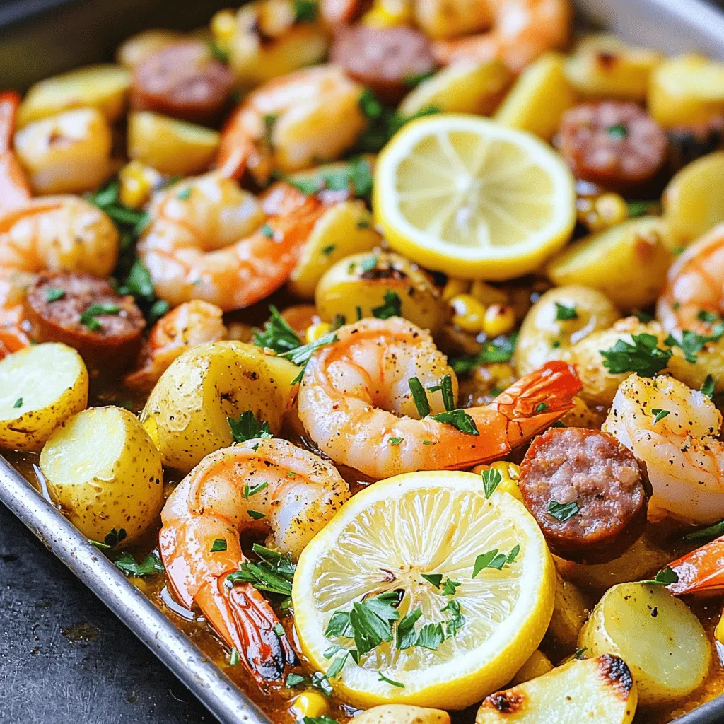- 1 lb large shrimp, deveined and peeled - 1 lb baby potatoes, halved - 2 ears of corn, cut into thirds - 1/2 lb smoked sausage, sliced - 3 tablespoons olive oil - 3 cloves garlic, minced - 2 teaspoons Old Bay seasoning - 1 teaspoon paprika - Salt and pepper to taste - 1 lemon, sliced - Fresh parsley, chopped The ingredients for this sheet pan shrimp boil are simple yet full of flavor. You start with large shrimp, which I like because they cook quickly and absorb all the spices well. The baby potatoes add heartiness, and they become tender and creamy in the oven. Corn brings a sweet crunch, and the smoked sausage adds a savory touch. When it comes to seasonings, I use olive oil to help everything roast nicely. Garlic gives a wonderful aroma and taste. Old Bay seasoning is key; it brings that classic shrimp boil flavor that I love. A sprinkle of paprika adds warmth and color. Don’t forget salt and pepper to make all the flavors pop. For garnishes, lemon slices add brightness to the dish, while fresh parsley makes it look pretty. These simple ingredients come together to create a meal everyone will enjoy. First, preheat your oven to 400°F (200°C). This heat will help cook everything evenly. Next, get your ingredients ready. Halve the baby potatoes and cut the corn into thirds. Peel and devein the shrimp if you haven't done so already. On a large sheet pan, mix the halved baby potatoes, sliced sausage, and corn pieces. Drizzle 2 tablespoons of olive oil over them. Add salt, pepper, and 1 teaspoon of Old Bay seasoning. Toss everything well to coat it. Now, roast this mixture in the oven for about 15 minutes. This initial roast gives the potatoes time to soften and flavors to blend. While the veggies roast, grab a mixing bowl. Toss the shrimp with minced garlic, the remaining Old Bay seasoning, paprika, and the last tablespoon of olive oil. Make sure each shrimp gets coated nicely. After 15 minutes, take the pan out of the oven. Add the seasoned shrimp to the pan. Top it all with lemon slices for a fresh kick. Return the pan to the oven and cook for another 8-10 minutes. Watch for the shrimp to turn pink and opaque, which means they are done. To ensure even cooking of shrimp and vegetables, spread them out on the sheet pan. Avoid overcrowding. This way, heat circulates well. Stir the mix halfway through cooking. This helps everything cook evenly. Check for doneness by looking for a bright pink color in the shrimp. They should curl into a C shape. The potatoes should be fork-tender. You can taste a piece to ensure it's soft. For a fun presentation, serve directly from the pan. This gives a casual feel. You can also transfer everything to a large platter for a more formal look. Add lemon wedges on the side. They give a zesty touch that brightens the dish. Guests can squeeze them over their servings for extra flavor. Adjust the spice levels to suit your taste. Add more Old Bay seasoning if you like it spicy. You can also sprinkle some cayenne pepper for an extra kick. Feel free to add more vegetables. Bell peppers, zucchini, or asparagus work well. If you want to change the protein, chicken or tofu can be great substitutes. Just adjust the cooking time as needed. {{image_2}} You can switch up the shrimp with other proteins. Chicken works well in this dish. Just cut it into small pieces. Tofu is a great choice for a vegetarian meal. It absorbs flavors nicely. When it comes to sausage, you have choices too. Smoked sausage adds a deep, rich flavor. Fresh sausage offers a milder taste. Try both to see which you like best. If you want to mix in different veggies, go for it! Bell peppers and zucchini add color and crunch. Broccoli and asparagus also roast nicely. Use seasonal vegetables for the best flavor and freshness. In summer, fresh green beans or cherry tomatoes work great. In fall, sweet potatoes or butternut squash are tasty options. For gluten-free diets, make sure your sausage is gluten-free. All the vegetables and shrimp are naturally gluten-free, so you're in luck! If you're watching carbs, skip the potatoes. You can use cauliflower instead; it roasts well and adds a nice texture. This keeps your meal low in carbs while still being filling. After enjoying your sheet pan shrimp boil, store any leftovers right away. Place shrimp and veggies in airtight containers. This keeps them fresh and tasty. Use glass or plastic containers that seal well. Avoid using metal, as it can affect the flavor. Label the container with the date to track how long it's been stored. You should eat leftovers within three days for the best taste. To reheat your shrimp boil, use the oven or microwave. If you choose the oven, set it to 350°F (175°C). Place the leftovers in an oven-safe dish and cover it with foil. This keeps moisture in. Heat for about 15 minutes or until warm. If using the microwave, place the food in a microwave-safe bowl. Cover it loosely and heat in 1-minute bursts. Stir between each minute. The shrimp should be hot but not overcooked. Yes, you can freeze a shrimp boil! However, the texture may change slightly. To freeze, let the dish cool completely. Then, place it in freezer-safe bags or containers. Remove as much air as possible to prevent freezer burn. For best results, eat within three months. When ready to eat, thaw the shrimp boil in the fridge overnight. Reheat it as mentioned above for a delicious meal. Yes, you can prepare a shrimp boil ahead of time. Here are some tips: - Cook the potatoes and corn first, then let them cool. - Store them in an airtight container in the fridge for up to two days. - Cook the shrimp fresh just before serving for the best taste. - You can also prepare the shrimp mix with seasonings in advance. Perfectly cooked shrimp have a bright pink color and a firm texture. Here are the signs: - The shrimp curl into a C shape. - The flesh turns opaque and no longer looks gray. - They should take about 8-10 minutes in the oven. Pair your shrimp boil with these tasty side dishes: - A fresh garden salad for a crisp contrast. - Garlic bread to soak up the juices. - Coleslaw for a crunchy texture. - Lemon wedges to enhance the flavor. These sides complement the shrimp boil well and create a complete meal. This blog post covered how to create a delicious sheet pan shrimp boil. You learned about the key ingredients, helpful tips, and variations to suit your taste. Remember, you can switch out proteins and veggies to keep things fresh. Proper storage and reheating methods keep flavors intact. With these steps, you can enjoy a tasty meal that impresses everyone. Try it out, and bring joy to your table with this easy recipe!