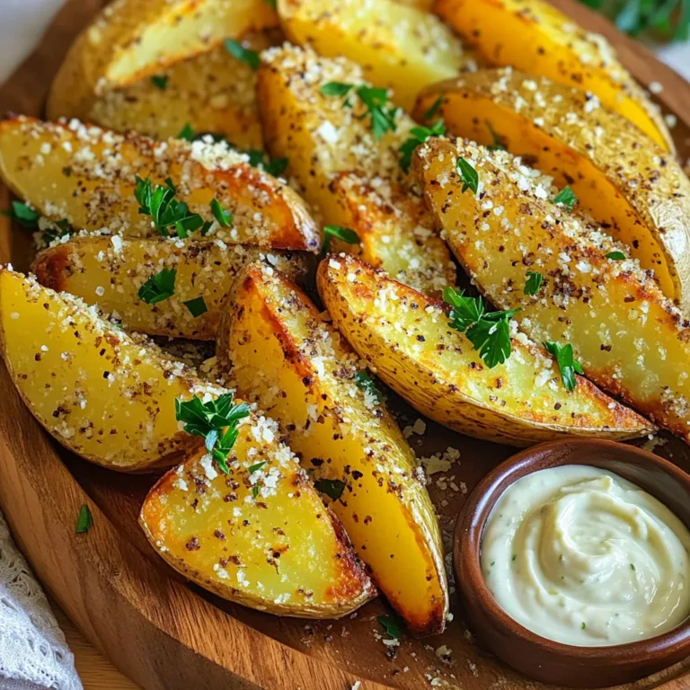- 4 medium russet potatoes - 3 tablespoons olive oil - 4 cloves garlic, minced - 1 teaspoon dried oregano - 1 teaspoon paprika - ½ cup grated Parmesan cheese - Salt and pepper, to taste - Fresh parsley, chopped (for garnish) Gathering the right ingredients is key for great flavor. I love using russet potatoes. They are starchy and crisp up well in the air fryer. You need four medium-sized potatoes. Next, grab three tablespoons of olive oil. It helps the seasonings stick and adds a nice richness. Don’t forget four cloves of minced garlic. Garlic gives these wedges a tasty punch. For herbs, you’ll need one teaspoon of dried oregano. This adds a lovely earthy flavor. A teaspoon of paprika adds warmth and a hint of smokiness. Parmesan cheese is a must! Use half a cup of grated cheese for a cheesy finish. Season with salt and pepper to taste. Finally, fresh parsley adds color and a bit of freshness. With these ingredients ready, you’ll create a dish full of flavor and joy. Enjoy the cooking process! First, wash the russet potatoes under cold water. Scrub them well to remove dirt. Next, cut each potato into wedges. Aim for about eight wedges per potato. Make sure all wedges are about the same size. This helps them cook evenly. In a large bowl, mix three tablespoons of olive oil with four cloves of minced garlic. Add one teaspoon of dried oregano and one teaspoon of paprika. Sprinkle in salt and pepper to taste. Toss the potato wedges in the bowl until they are well coated with the mixture. Next, add the grated Parmesan cheese. Use a half cup of cheese for great flavor. Toss again to ensure the cheese sticks to the wedges. Preheat your air fryer to 400°F (200°C). Let it heat for about five minutes. This step helps the wedges cook evenly. Place the seasoned wedge in the air fryer basket. Arrange them in a single layer. If your basket is small, cook in batches. Air fry for 15 to 18 minutes. Shake the basket halfway through to promote even cooking. After 15 minutes, check the wedges. They should be golden brown and crispy. If they need more time, cook in two-minute increments. Ensure they reach your desired crispiness before serving. To get crispy potato wedges, size matters. Cut your potatoes into uniform wedges. This ensures they cook evenly. Aim for about eight wedges per potato. Next, oil and seasoning ratios are key. Use three tablespoons of olive oil for four potatoes. This amount helps the wedges crisp up nicely. Make sure to coat them well with the oil and the garlic mix. After cooking, store any leftovers in an airtight container. This keeps them fresh and tasty. Place the container in the fridge. They last about three days. For reheating, use the air fryer or oven. Reheat at 375°F (190°C) for about 5-7 minutes. This helps regain that crispy texture. Avoid using the microwave as it can make them soggy. These potato wedges shine with dipping sauces. Try serving them with ranch or garlic aioli. Both add a great flavor boost. For presentation, arrange the wedges on a plate. Drizzle with a little olive oil. A sprinkle of parsley adds a nice touch. Your dish will look as good as it tastes! {{image_2}} You can change the flavor of your potato wedges easily. Try adding different herbs, like rosemary or thyme. These will give your dish a new twist. You can also use spices like chili powder for a kick. If you love cheese, swap out Parmesan for cheddar or gouda. Each cheese adds its unique taste. Looking for a lighter option? You can use less olive oil or an oil spray. This keeps your wedges crispy while cutting down on fat. Another healthy twist is to use sweet potatoes. They offer a different taste and more nutrients. For gluten-free eaters, this recipe is already safe. The ingredients do not contain gluten. If you need dairy-free options, try using a dairy-free cheese. Many brands offer great alternatives that melt well. Enjoy your wedges without worry! To keep your garlic Parmesan potato wedges fresh, use an airtight container. Glass or plastic containers both work well. Store in the refrigerator. For the best taste, eat them within 3 days. After this time, they may lose some flavor and texture. You can freeze your potato wedges for later. First, let them cool completely. Then, place them in a single layer on a baking sheet. Freeze until solid, about 1-2 hours. Next, transfer the frozen wedges to a freezer bag. They will stay good for up to 2 months. When you’re ready to enjoy them, thaw the wedges in the fridge overnight. Reheat in the air fryer at 400°F (200°C) for 8-10 minutes. This method helps restore their crispy texture. Enjoy your tasty treat again! Yes, you can make these potato wedges in a conventional oven. Preheat your oven to 425°F (220°C). Place the seasoned potato wedges on a baking sheet lined with parchment paper. Bake them for about 25 to 30 minutes. Flip the wedges halfway through for even cooking. Watch for that golden brown color to know they are ready. To stop the potato wedges from sticking, use enough olive oil. Coat the wedges well before cooking. You can also spray a little oil in the air fryer basket. Make sure not to overcrowd the basket. This allows hot air to flow around each wedge, helping them cook and crisp up nicely. - Popular sauce recommendations: - Ranch dressing - Garlic aioli - Ketchup - Spicy mayo - Homemade dipping sauce ideas: - Mix Greek yogurt with herbs for a healthy dip. - Combine sour cream, lime juice, and spices for a zesty dip. - Blend mayonnaise with sriracha for a spicy kick. These sauces enhance the flavor of the garlic parmesan potato wedges and add a fun twist to your snack! In this post, we covered how to make crispy garlic parmesan potato wedges. You learned about essential ingredients, step-by-step instructions, and helpful tips for the best results. I shared ways to customize your wedges with different flavors and storage tips for leftovers. Remember, cooking is fun! Experiment with seasonings and sides to match your taste. Enjoy your tasty creations and share them with family and friends. Your next meal can be a hit with these easy steps!