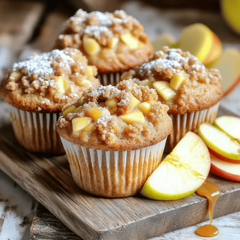 - 2 cups all-purpose flour - 1 cup granulated sugar - 1 tablespoon baking powder - ½ teaspoon baking soda - ½ teaspoon salt - 1 teaspoon ground cinnamon To make great muffins, start with the dry ingredients. All-purpose flour gives structure. Sugar adds sweetness. Baking powder helps them rise. Baking soda keeps them fluffy. Salt enhances flavor. Ground cinnamon brings warmth. - 2 large eggs - ½ cup unsalted butter, melted - 1 cup buttermilk - 1 teaspoon vanilla extract Next, gather the wet ingredients. Eggs bind everything together. Melted butter adds richness. Buttermilk keeps muffins moist and tender. Vanilla extract gives a lovely aroma. - 1 ½ cups apples, peeled and diced (about 2 medium apples) For the apples, choose firm varieties like Granny Smith or Honeycrisp. Peel and dice them into small pieces. This step ensures even distribution in muffins. Measuring tips: Use a dry measuring cup for accurate amounts. Fill the cup, then level it off with a knife. - ½ cup all-purpose flour - ½ cup brown sugar, packed - ½ teaspoon ground cinnamon - ¼ cup unsalted butter, cold and cubed - ¼ cup rolled oats The streusel topping adds crunch. Combine all-purpose flour and brown sugar for sweetness. Ground cinnamon adds flavor. Cold, cubed butter creates crumbs. Rolled oats give extra texture. These ingredients set you up for success. Enjoy crafting your Apple Streusel Muffins! First, preheat your oven to 350°F (175°C). This step is key. A hot oven helps the muffins rise well. Now, line your muffin tin with paper liners. If you don’t have liners, grease the tin with butter or oil. This keeps the muffins from sticking. In a large bowl, whisk together the following dry ingredients: - 2 cups all-purpose flour - 1 cup granulated sugar - 1 tablespoon baking powder - ½ teaspoon baking soda - ½ teaspoon salt - 1 teaspoon ground cinnamon Make sure the mixture is even. This helps the muffins rise and taste great. In another bowl, beat 2 large eggs. Then, mix in ½ cup melted butter. Add 1 cup buttermilk and 1 teaspoon vanilla extract. Stir until well combined. This mix adds moisture and flavor to your muffins. Now, pour the wet ingredients into the dry ones. Mix gently until just combined. Do not overmix; this keeps your muffins light. Next, fold in 1 ½ cups diced apples. Make sure the apples are evenly spread in the batter. For the streusel, mix together these dry ingredients in a bowl: - ½ cup all-purpose flour - ½ cup brown sugar - ½ teaspoon ground cinnamon Cut in ¼ cup cold, cubed butter. You can use a pastry cutter or your fingers. Mix until it looks like coarse crumbs. Finally, stir in ¼ cup rolled oats. This adds a nice crunch. Divide the muffin batter evenly in the prepared muffin cups. Fill each about 2/3 full. Next, sprinkle the streusel topping generously over each muffin. Bake them in the oven for 18-20 minutes. Check doneness by inserting a toothpick. If it comes out clean, your muffins are ready! Let them cool in the pan for 5 minutes. Then transfer them to a wire rack. Enjoy the sweet smell and flavor of your apple streusel muffins! To get the best muffin texture, do not overmix. Overmixing makes the muffins tough. Mix just until the dry and wet ingredients combine. This helps keep your muffins light and fluffy. Also, use room temperature ingredients. Cold butter or eggs can make it hard to mix. They can lead to uneven baking. You can make your muffins even better by adding spices or extracts. A pinch of nutmeg or some vanilla can boost the flavor. You might also want to try adding nuts or raisins. Chopped walnuts or pecans give a nice crunch. Raisins add sweetness and chewiness. Just fold them in with the apples for a tasty twist. To present your muffins well, serve them warm. A light dusting of powdered sugar looks great. Arranging them on a wooden board with apple slices adds charm. For extra sweetness, drizzle caramel or honey on top. Pair your muffins with a cup of tea or coffee. They also go well with a spread like butter or cream cheese. Enjoy! {{image_2}} You can swap apples for other fruits in this recipe. Pears work well and add a nice sweetness. You can also try berries like blueberries or raspberries. These fruits give a fresh twist to the muffins. Seasonal variations also work great. In fall, use pumpkin or squash. In summer, peaches or cherries can bring a juicy flavor. If you want a healthier muffin, try whole wheat flour instead of all-purpose flour. This change adds fiber and nutrients. You can also cut back on sugar. Use half the amount called for or try natural sweeteners like honey or maple syrup. These options keep your muffins tasty while making them better for you. For gluten-free muffins, choose flours like almond flour or coconut flour. These add unique flavors and textures. When using gluten-free flour, you may need to adjust the liquid. Add a bit more buttermilk or eggs to keep the batter moist. This way, you’ll still enjoy fluffy and delicious muffins. Store your Apple Streusel Muffins at room temperature for up to three days. Keep them in a tight container to stay fresh. If you want to store them longer, put them in the fridge. For best results, use a plastic or glass container with a lid. This helps prevent them from drying out. You can also wrap each muffin in plastic wrap. This keeps them moist and tasty. Freezing your muffins is a great way to save them for later. To freeze them properly, let the muffins cool completely first. Then, wrap each muffin in plastic wrap. Place them in a freezer-safe bag or container. Squeeze out as much air as you can before sealing. To thaw, take a muffin out of the freezer. Leave it at room temperature for about an hour. If you want to enjoy it warm, pop it in the microwave for about 15 seconds. This keeps the texture nice and soft. Enjoy your muffins anytime! To make Apple Streusel Muffins, follow these simple steps: 1. Gather Ingredients: You need flour, sugar, baking powder, baking soda, salt, cinnamon, eggs, butter, buttermilk, diced apples, and vanilla. 2. Preheat Oven: Set your oven to 350°F (175°C). Prepare a muffin tin with paper liners or grease it. 3. Mix Dry Ingredients: In a bowl, whisk together the flour, sugar, baking powder, baking soda, salt, and cinnamon. 4. Blend Wet Ingredients: In a separate bowl, beat the eggs, then mix in melted butter, buttermilk, and vanilla. 5. Combine Mixtures: Pour the wet mix into the dry ingredients. Stir gently until just combined. 6. Add Apples: Fold in the diced apples carefully. 7. Make Streusel: In another bowl, mix flour, brown sugar, and cinnamon. Cut in cold butter until crumbly. Stir in oats. 8. Fill Muffin Cups: Divide the batter among the muffin cups. Fill each about 2/3 full. Top with streusel. 9. Bake: Bake for 18 to 20 minutes. Check with a toothpick to ensure it comes out clean. 10. Cool: Let the muffins cool for 5 minutes in the pan, then move to a wire rack. Yes, you can use various apple types for this recipe. Some great choices include: - Granny Smith: They add a tart flavor. - Honeycrisp: They offer a sweet and crisp bite. - Fuji: These are very sweet and juicy. - Gala: They have a mild sweetness and tender texture. Mixing different apples can create a nice balance of tartness and sweetness. Apple Streusel Muffins can stay fresh for several days when stored correctly. Here are some tips: - Room Temperature: Keep them in an airtight container for up to 3 days. - Refrigerator: They can last up to a week in the fridge. - Freezing: If you want to store them longer, freeze them for up to 3 months. Wrap well in plastic wrap and foil before freezing. Yes, you can prepare the batter in advance. Here are some tips: - Refrigerate: You can mix the batter and keep it in the fridge for up to 24 hours. - Storing: Store the batter in an airtight container. - Baking: When ready to bake, just scoop into the muffin tin and add the streusel topping before baking. This way, you can enjoy fresh muffins with little effort! Making Apple Streusel Muffins is fun and rewarding. You learned about the right dry and wet ingredients, plus how to prepare apples. I shared tips for perfecting texture and offered variations for health and flavor. These muffins are a great treat for breakfast or snack time. Store them well to enjoy longer. I hope you feel excited to bake these muffins and share them with friends! Your kitchen will smell amazing, and the taste will be even better.