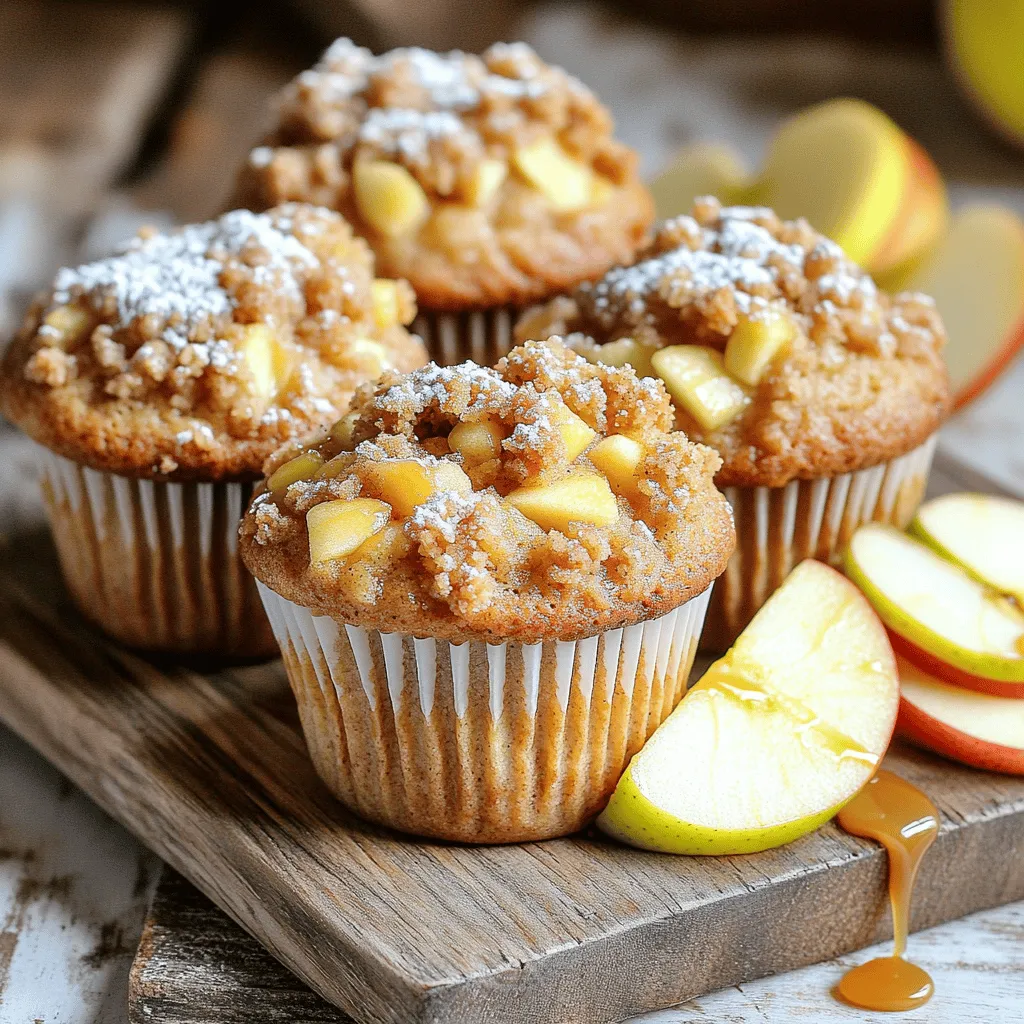 - 2 cups all-purpose flour - 1 cup granulated sugar - 1 tablespoon baking powder - ½ teaspoon baking soda - ½ teaspoon salt - 1 teaspoon ground cinnamon To make great muffins, start with the dry ingredients. All-purpose flour gives structure. Sugar adds sweetness. Baking powder helps them rise. Baking soda keeps them fluffy. Salt enhances flavor. Ground cinnamon brings warmth. - 2 large eggs - ½ cup unsalted butter, melted - 1 cup buttermilk - 1 teaspoon vanilla extract Next, gather the wet ingredients. Eggs bind everything together. Melted butter adds richness. Buttermilk keeps muffins moist and tender. Vanilla extract gives a lovely aroma. - 1 ½ cups apples, peeled and diced (about 2 medium apples) For the apples, choose firm varieties like Granny Smith or Honeycrisp. Peel and dice them into small pieces. This step ensures even distribution in muffins. Measuring tips: Use a dry measuring cup for accurate amounts. Fill the cup, then level it off with a knife. - ½ cup all-purpose flour - ½ cup brown sugar, packed - ½ teaspoon ground cinnamon - ¼ cup unsalted butter, cold and cubed - ¼ cup rolled oats The streusel topping adds crunch. Combine all-purpose flour and brown sugar for sweetness. Ground cinnamon adds flavor. Cold, cubed butter creates crumbs. Rolled oats give extra texture. These ingredients set you up for success. Enjoy crafting your Apple Streusel Muffins! First, preheat your oven to 350°F (175°C). This step is key. A hot oven helps the muffins rise well. Now, line your muffin tin with paper liners. If you don’t have liners, grease the tin with butter or oil. This keeps the muffins from sticking. In a large bowl, whisk together the following dry ingredients: - 2 cups all-purpose flour - 1 cup granulated sugar - 1 tablespoon baking powder - ½ teaspoon baking soda - ½ teaspoon salt - 1 teaspoon ground cinnamon Make sure the mixture is even. This helps the muffins rise and taste great. In another bowl, beat 2 large eggs. Then, mix in ½ cup melted butter. Add 1 cup buttermilk and 1 teaspoon vanilla extract. Stir until well combined. This mix adds moisture and flavor to your muffins. Now, pour the wet ingredients into the dry ones. Mix gently until just combined. Do not overmix; this keeps your muffins light. Next, fold in 1 ½ cups diced apples. Make sure the apples are evenly spread in the batter. For the streusel, mix together these dry ingredients in a bowl: - ½ cup all-purpose flour - ½ cup brown sugar - ½ teaspoon ground cinnamon Cut in ¼ cup cold, cubed butter. You can use a pastry cutter or your fingers. Mix until it looks like coarse crumbs. Finally, stir in ¼ cup rolled oats. This adds a nice crunch. Divide the muffin batter evenly in the prepared muffin cups. Fill each about 2/3 full. Next, sprinkle the streusel topping generously over each muffin. Bake them in the oven for 18-20 minutes. Check doneness by inserting a toothpick. If it comes out clean, your muffins are ready! Let them cool in the pan for 5 minutes. Then transfer them to a wire rack. Enjoy the sweet smell and flavor of your apple streusel muffins! To get the best muffin texture, do not overmix. Overmixing makes the muffins tough. Mix just until the dry and wet ingredients combine. This helps keep your muffins light and fluffy. Also, use room temperature ingredients. Cold butter or eggs can make it hard to mix. They can lead to uneven baking. You can make your muffins even better by adding spices or extracts. A pinch of nutmeg or some vanilla can boost the flavor. You might also want to try adding nuts or raisins. Chopped walnuts or pecans give a nice crunch. Raisins add sweetness and chewiness. Just fold them in with the apples for a tasty twist. To present your muffins well, serve them warm. A light dusting of powdered sugar looks great. Arranging them on a wooden board with apple slices adds charm. For extra sweetness, drizzle caramel or honey on top. Pair your muffins with a cup of tea or coffee. They also go well with a spread like butter or cream cheese. Enjoy! {{image_2}} You can swap apples for other fruits in this recipe. Pears work well and add a nice sweetness. You can also try berries like blueberries or raspberries. These fruits give a fresh twist to the muffins. Seasonal variations also work great. In fall, use pumpkin or squash. In summer, peaches or cherries can bring a juicy flavor. If you want a healthier muffin, try whole wheat flour instead of all-purpose flour. This change adds fiber and nutrients. You can also cut back on sugar. Use half the amount called for or try natural sweeteners like honey or maple syrup. These options keep your muffins tasty while making them better for you. For gluten-free muffins, choose flours like almond flour or coconut flour. These add unique flavors and textures. When using gluten-free flour, you may need to adjust the liquid. Add a bit more buttermilk or eggs to keep the batter moist. This way, you’ll still enjoy fluffy and delicious muffins. Store your Apple Streusel Muffins at room temperature for up to three days. Keep them in a tight container to stay fresh. If you want to store them longer, put them in the fridge. For best results, use a plastic or glass container with a lid. This helps prevent them from drying out. You can also wrap each muffin in plastic wrap. This keeps them moist and tasty. Freezing your muffins is a great way to save them for later. To freeze them properly, let the muffins cool completely first. Then, wrap each muffin in plastic wrap. Place them in a freezer-safe bag or container. Squeeze out as much air as you can before sealing. To thaw, take a muffin out of the freezer. Leave it at room temperature for about an hour. If you want to enjoy it warm, pop it in the microwave for about 15 seconds. This keeps the texture nice and soft. Enjoy your muffins anytime! To make Apple Streusel Muffins, follow these simple steps: 1. Gather Ingredients: You need flour, sugar, baking powder, baking soda, salt, cinnamon, eggs, butter, buttermilk, diced apples, and vanilla. 2. Preheat Oven: Set your oven to 350°F (175°C). Prepare a muffin tin with paper liners or grease it. 3. Mix Dry Ingredients: In a bowl, whisk together the flour, sugar, baking powder, baking soda, salt, and cinnamon. 4. Blend Wet Ingredients: In a separate bowl, beat the eggs, then mix in melted butter, buttermilk, and vanilla. 5. Combine Mixtures: Pour the wet mix into the dry ingredients. Stir gently until just combined. 6. Add Apples: Fold in the diced apples carefully. 7. Make Streusel: In another bowl, mix flour, brown sugar, and cinnamon. Cut in cold butter until crumbly. Stir in oats. 8. Fill Muffin Cups: Divide the batter among the muffin cups. Fill each about 2/3 full. Top with streusel. 9. Bake: Bake for 18 to 20 minutes. Check with a toothpick to ensure it comes out clean. 10. Cool: Let the muffins cool for 5 minutes in the pan, then move to a wire rack. Yes, you can use various apple types for this recipe. Some great choices include: - Granny Smith: They add a tart flavor. - Honeycrisp: They offer a sweet and crisp bite. - Fuji: These are very sweet and juicy. - Gala: They have a mild sweetness and tender texture. Mixing different apples can create a nice balance of tartness and sweetness. Apple Streusel Muffins can stay fresh for several days when stored correctly. Here are some tips: - Room Temperature: Keep them in an airtight container for up to 3 days. - Refrigerator: They can last up to a week in the fridge. - Freezing: If you want to store them longer, freeze them for up to 3 months. Wrap well in plastic wrap and foil before freezing. Yes, you can prepare the batter in advance. Here are some tips: - Refrigerate: You can mix the batter and keep it in the fridge for up to 24 hours. - Storing: Store the batter in an airtight container. - Baking: When ready to bake, just scoop into the muffin tin and add the streusel topping before baking. This way, you can enjoy fresh muffins with little effort! Making Apple Streusel Muffins is fun and rewarding. You learned about the right dry and wet ingredients, plus how to prepare apples. I shared tips for perfecting texture and offered variations for health and flavor. These muffins are a great treat for breakfast or snack time. Store them well to enjoy longer. I hope you feel excited to bake these muffins and share them with friends! Your kitchen will smell amazing, and the taste will be even better.