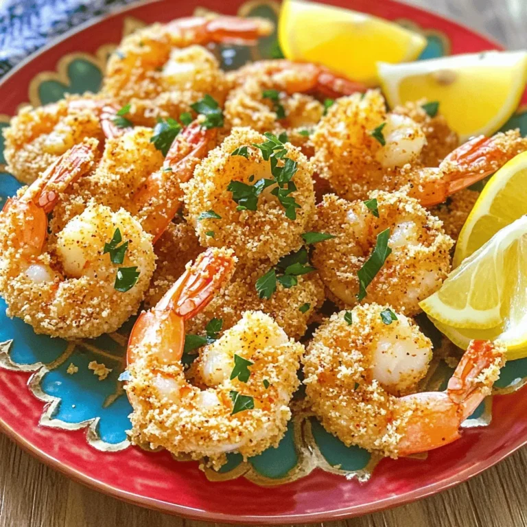 - 1 pound large shrimp, peeled and deveined - 1 tablespoon Cajun seasoning - 2 tablespoons olive oil - 1 tablespoon lemon juice - 1/2 teaspoon garlic powder - 1/2 teaspoon onion powder - 1/4 teaspoon paprika - 1/4 teaspoon black pepper - 1/2 cup breadcrumbs (panko for extra crispiness) - Fresh parsley, chopped (for garnish) - Lemon wedges (for serving) Gathering the right ingredients is key to making great crispy Cajun shrimp. Start with the shrimp. I prefer large shrimp, as they hold up well in the air fryer and have a nice bite. You want them peeled and deveined for easy cooking. Cajun seasoning brings bold flavor to this dish. It adds heat and depth, making the shrimp pop. Olive oil helps the seasoning stick and keeps the shrimp moist. Lemon juice brightens the flavors and adds a nice zing. For the extra crunch, I recommend using panko breadcrumbs. They create a delightful, crispy layer when cooked. Garlic powder and onion powder boost the flavor without overpowering the dish. Paprika adds a hint of smokiness, while black pepper gives it a little kick. Don't forget fresh parsley! It adds a pop of color and freshness when you serve the shrimp. Lemon wedges on the side are perfect for squeezing over the shrimp right before you eat. Enjoy the bold flavors and crispy texture in every bite! - In a mixing bowl, combine: - 1 tablespoon Cajun seasoning - 1/2 teaspoon garlic powder - 1/2 teaspoon onion powder - 1/4 teaspoon paprika - 1/4 teaspoon black pepper Mix these well to blend the flavors. Then, add the shrimp. Pour in: - 2 tablespoons olive oil - 1 tablespoon lemon juice Toss the shrimp until they are evenly coated with the seasoning. This step ensures that every bite bursts with flavor. Now that the shrimp are ready, sprinkle: - 1/2 cup breadcrumbs (panko for extra crispiness) Gently toss the shrimp again. The goal is to coat each one well. This helps to achieve that perfect crispy texture when cooked. Preheat your air fryer to 400°F (200°C). This usually takes about 5 minutes. Once it’s hot, arrange the shrimp in a single layer in the basket. Avoid overcrowding to keep them crispy. Cook the shrimp for 8-10 minutes. Halfway through, shake the basket to ensure even cooking. Look for a golden color and crispiness. Once done, remove the shrimp and place them on a serving plate. To get the best crispiness, you must place the shrimp in a single layer in the air fryer. This allows hot air to circulate all around each shrimp. If you pile them on top of one another, they won’t cook evenly. Using panko breadcrumbs is key for extra crunch. They are lighter and crispier than regular breadcrumbs. This makes a big difference in texture. You can easily make the Cajun seasoning milder. Just reduce the amount you use. You might try one teaspoon instead of one tablespoon. For more heat, add extra spices like cayenne pepper. Start with a pinch, and taste before adding more. This way, you control the spice to suit your taste. Serve your crispy Cajun shrimp with sides like rice or coleslaw. These pair well and balance the dish. You can also offer dips like ranch or garlic sauce. They add a nice touch and enhance the flavors. Don’t forget the lemon wedges; they add freshness and zest! {{image_2}} You can cook Cajun shrimp in many ways. The air fryer gives a great crispy texture, but you can also bake or fry them. Oven-baking option for Cajun shrimp: - Preheat your oven to 425°F (220°C). - Place the shrimp on a baking sheet lined with parchment. - Bake for 12-15 minutes. Flip halfway for even cooking. Stove-top frying for alternative texture: - Heat oil in a skillet over medium heat. - Add the shrimp and cook for 3-4 minutes on each side. - This will give you a nice, golden crust. You can change the flavor of your shrimp to suit your taste. Adding herbs like thyme or oregano: - Mix in fresh or dried herbs with your spices. - These herbs add depth and aroma to the dish. Experimenting with different seasoning blends: - Try curry powder or chili powder for a twist. - You can also use lemon pepper for a zesty kick. Cajun shrimp can fit many dietary needs. Gluten-free alternatives for breadcrumbs: - Use crushed cornflakes or almond flour instead of regular breadcrumbs. - These options provide crunch without gluten. Low-fat options by reducing oil: - Cut back on olive oil to lower fat content. - You can also use a spray oil for even less fat. To keep your crispy Cajun shrimp fresh, you should refrigerate them soon. Place the shrimp in an airtight container. Make sure the lid seals tightly to keep moisture out. This way, they stay crispy for a longer time. You can store them in the fridge for up to three days. When you want to enjoy leftovers, the air fryer is the best choice. Preheat your air fryer to 350°F (175°C). Place the shrimp in a single layer and heat them for about 5 minutes. This helps keep them crispy. Avoid the microwave, as it makes the shrimp soggy. If you want to freeze shrimp, you can do this before or after cooking. For uncooked shrimp, place them in a freezer-safe bag. Remove as much air as possible and seal it tight. For cooked shrimp, let them cool first. Then, use a similar bag for freezing. They can last up to three months in the freezer. For thawing, move the shrimp to the fridge overnight. If you need them faster, place the bag in cold water for about 30 minutes. This method helps keep the shrimp juicy. You cook shrimp in an air fryer for 8 to 10 minutes. Keep the temperature at 400°F (200°C). Check on them halfway through and shake the basket. This helps them cook evenly and get crispy. Yes, you can use frozen shrimp. Just make sure to thaw them first. Run them under cold water for a few minutes. Pat them dry before seasoning. This helps the spices stick better. Cajun shrimp pairs well with many dipping sauces. Here are a few great options: - Remoulade sauce: It adds a nice tang. - Garlic butter sauce: This brings a rich flavor. - Spicy mayo: It gives a nice kick. - Lemon aioli: This adds freshness and creaminess. These sauces enhance the shrimp’s flavor and make it even more delicious. Shrimp are fully cooked when they turn pink and opaque. They should curl into a "C" shape. If they stay straight, they might be overcooked. Use a food thermometer if you want to check. The safe internal temperature is 120°F (49°C). This blog post covers how to make crispy Cajun shrimp in an air fryer. We discussed the key ingredients, step-by-step instructions, and tips for the best results. You learned about different cooking methods and flavor variations to try. Proper storage and reheating techniques ensure you enjoy your shrimp later. Remember, you can tailor the spice levels to your taste and even explore gluten-free options. Enjoy your cooking adventure and the tasty shrimp you'll create!