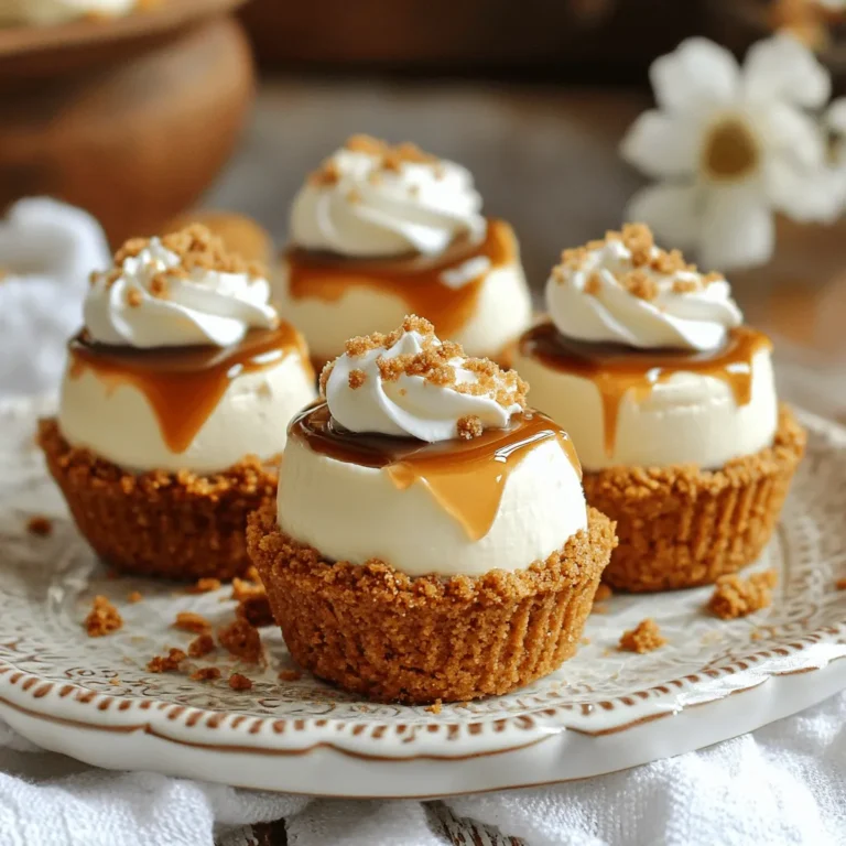 To make No-Bake Biscoff Cheesecake Cookie Cups, gather these simple items: - 12 Biscoff cookies, crushed - 3 tablespoons unsalted butter, melted - 8 oz cream cheese, softened - ½ cup powdered sugar - 1 teaspoon vanilla extract - ½ cup whipped cream - ¼ cup Biscoff spread, melted (for drizzling) - Extra Biscoff cookies, crushed (for topping) These ingredients combine to create a rich and creamy treat. You can add fun toppings to make your cookie cups even better. Here are some ideas: - A dollop of whipped cream on top - A sprinkle of cinnamon for warmth - Shaved chocolate for extra sweetness Feel free to get creative! Not all ingredients are set in stone. Here are some swaps you can try: - Use gluten-free cookies if you need a gluten-free option. - Swap cream cheese for Greek yogurt for a lighter version. - Try using whipped coconut cream instead of regular whipped cream for a dairy-free treat. These swaps keep the flavor while meeting dietary needs. To make the crust, start by crushing 12 Biscoff cookies. You can use a food processor or place them in a zip bag and crush them with a rolling pin. The goal is to have fine crumbs. Next, mix the crushed cookies with 3 tablespoons of melted unsalted butter. Combine them well in a medium bowl. This mixture should be moist but not too wet. Now, take your serving cups and divide the cookie mixture evenly among them. Press the crumbs down firmly in each cup to form a solid base. This crust will hold everything together and give a nice crunch. In another bowl, beat 8 ounces of softened cream cheese with ½ cup of powdered sugar and 1 teaspoon of vanilla extract. Use an electric mixer for a smooth and creamy texture. It should blend well without lumps. Once the cream cheese mixture is smooth, gently fold in ½ cup of whipped cream. This step is important for a light and airy filling. Use a spatula and mix carefully. You want to keep the fluffiness of the whipped cream. Now it’s time to assemble. Spoon the cheesecake filling over the cookie crusts in each cup. Use a spatula to smooth the tops, making them look nice. After that, drizzle ¼ cup of melted Biscoff spread on top of each cheesecake layer. This adds a delicious layer of flavor. For the finishing touch, sprinkle some crushed Biscoff cookies on top of the drizzle. They give a nice crunch and look great. Finally, place the cups in the fridge for at least 2 hours. This helps the cheesecake set properly. Enjoy your delicious no-bake Biscoff cheesecake cookie cups! To get a smooth cheesecake, start with soft cream cheese. I recommend leaving it out for about 30 minutes before you mix. Mix it with powdered sugar and vanilla until it’s creamy. Then, gently fold in the whipped cream. This adds air and keeps the texture light. If you mix too hard, it can get dense. These cookie cups need to chill for at least 2 hours. This helps them set. After chilling, keep them in the fridge. They stay fresh for up to 3 days. When you serve, use a fun platter. A scoop of whipped cream on top makes it look fancy. Drizzle leftover Biscoff spread around the cups for a pretty touch. One big mistake is not crushing the cookies finely enough. If the pieces are too big, the crust won’t hold. Make sure to press the crust firmly into the cups. Another mistake is skipping the chill time. Without it, the cheesecake won't set well. Finally, don’t skip the whipped cream. It makes the filling light and fluffy, which is key for a great cheesecake. {{image_2}} You can change the flavor of the filling to suit your taste. For a chocolate twist, add cocoa powder or melted chocolate to the cream cheese mix. You could also mix in peanut butter for a nutty flavor. If you love fruit, try adding pureed strawberries or raspberries. Each choice brings a new taste adventure. If you want to switch the cookie base, there are many choices. You can use graham crackers for a classic feel. Oreos work great for a chocolatey base. For a nutty taste, try crushed almond cookies. Each cookie adds a unique flavor and texture to the cheesecake cups. To make these cookie cups gluten-free, use gluten-free cookies. Many brands offer great options. For a vegan version, swap cream cheese for a plant-based alternative. Use coconut cream instead of whipped cream for a rich texture. Adjust the sweetener to suit your needs, and you can enjoy this treat without gluten or dairy! To keep your cookie cups fresh, place them in an airtight container. Use layers of parchment paper between the cups to avoid sticking. Store them in the fridge for best results. This method keeps the cheesecake creamy and the crust crunchy. You can freeze the cookie cups if you want to save some for later. Place them in a freezer-safe container. Make sure to cover them well to prevent freezer burn. When ready to enjoy, thaw them in the fridge for several hours before serving. These cookie cups last about 3 to 5 days in the fridge. If frozen, they can last up to 2 months. Always check for any signs of spoilage before eating. Enjoy your tasty treats while they are fresh! The cheesecake needs at least 2 hours in the fridge. This time lets it firm up. You can leave it longer if you want a firmer texture. Just make sure to cover the cups to keep them fresh. Yes, you can make these cookie cups a day ahead. Just store them in the fridge. They stay tasty and fresh, making them perfect for parties or gatherings. If you can't find Biscoff cookies, try graham crackers or digestive biscuits. They both offer a different flavor but still work well. You can also use chocolate cookies for a sweeter twist. Yes, you can make a vegan version! Use vegan cream cheese and plant-based whipped cream. Replace Biscoff spread with a vegan chocolate or nut spread. The cookie base can stay the same with vegan cookies. This blog post covered all you need for delicious cheesecake cookie cups. We explored ingredients, with options for toppings and swaps. I shared simple steps to prepare the crust and filling. We discussed tips for perfect texture and serving ideas. The section on variations helps you tailor this treat to your taste or needs. Now that you know how to store and freeze them, you'll keep these cups fresh longer. Enjoy every bite!