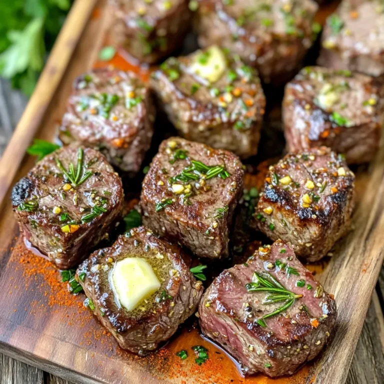 To make tasty Air Fryer Garlic Butter Steak Bites, you need simple ingredients. Here is the list: - 1 lb sirloin steak, cut into 1-inch cubes - 4 tablespoons unsalted butter, melted - 4 cloves garlic, minced - 1 teaspoon fresh rosemary, chopped - 1 teaspoon fresh thyme, chopped - 1 teaspoon paprika - Salt and pepper to taste - Fresh parsley, chopped (for garnish) Each ingredient plays a key role. The sirloin steak gives a rich flavor. Butter adds a smooth texture, while garlic brings a punch of taste. Fresh herbs like rosemary and thyme add brightness. Paprika gives a hint of warmth, and salt and pepper enhance all the flavors. Finally, parsley adds a fresh touch as a garnish. These ingredients combine to create a meal that is both hearty and delightful. Enjoy cooking! Start by melting the butter in a medium bowl. Add the minced garlic, chopped rosemary, chopped thyme, paprika, salt, and pepper. Whisk everything together until it is smooth. This garlic butter mixture will give your steak bites great flavor. Now, take your cubed sirloin steak and add it to the bowl with the garlic butter. Toss the steak bites well to coat them evenly. Allow the steak to marinate for at least 15 minutes. This step helps the steak absorb the rich flavors. While the steak marinates, preheat your air fryer to 400°F (200°C). This usually takes about 3-5 minutes. Preheating is important for even cooking and a nice sear on your steak bites. Once the air fryer is ready, spread the marinated steak bites in a single layer in the basket. Avoid overcrowding the basket; this ensures even cooking. Cook the steak bites for 8-10 minutes. Shake the basket halfway through for best results. Aim for medium-rare to medium doneness for juicy bites. After cooking, carefully remove the steak bites from the air fryer. Place them on a serving platter. Drizzle any leftover garlic butter over the steak. For a fresh touch, garnish with chopped parsley. Enjoy your delicious and flavorful steak bites! To get perfect steak bites, follow these steps. First, cut your sirloin steak into 1-inch cubes. This size helps them cook evenly. Always preheat your air fryer for 3-5 minutes. This step ensures that the steak bites sear well. Do not overcrowd the basket. Leave space for air to flow, so they cook evenly. Check doneness by using a meat thermometer. For medium-rare, aim for 135°F. For medium, go for 145°F. Remember that the steak will continue to cook a bit after you take it out. Resting the meat for a few minutes helps keep it juicy. These steak bites pair well with many sides. Try serving them with mashed potatoes for comfort. A fresh salad adds a nice crunch. Grilled vegetables can bring color and flavor. You can also enjoy them with rice or garlic bread. Don’t forget a dipping sauce like chimichurri for extra flavor! {{image_2}} You can change the flavor of your steak bites by adding herbs and spices. Try using basil or oregano for a fresh twist. A pinch of cayenne pepper can give it a spicy kick. If you like a smoky flavor, add smoked paprika instead of regular paprika. These small changes can make a big difference. While sirloin works great, other cuts can shine too. Ribeye adds more fat, making it richer. Filet mignon gives a tender bite, perfect for special meals. Flank steak or skirt steak brings a more robust flavor. Just remember, adjust the cooking time for different cuts. You can make this dish even better by adding vegetables. Bell peppers and onions add sweetness and crunch. Zucchini or mushrooms can soak up the garlic butter flavor. Toss in bite-sized pieces with the steak bites before cooking. This adds color and nutrition to your meal. To store your leftover steak bites, place them in an airtight container. Let them cool to room temperature first. This helps prevent condensation and keeps them fresh. Store the container in the fridge for up to three days. When you're ready to enjoy your steak bites again, the air fryer is your best friend. Preheat the air fryer to 350°F (175°C). Place the steak bites in the basket. Heat them for about 4-5 minutes. Shake the basket halfway to warm them evenly. This keeps them juicy and flavorful. You can freeze the steak bites for later use. Just make sure they are completely cooled. Place them in a freezer-safe bag or container. They can last up to three months in the freezer. When you're ready to eat, thaw them in the fridge overnight. Reheat them in the air fryer as mentioned above for the best taste and texture. Cook steak bites in the air fryer for 8-10 minutes. Shake the basket halfway through. This helps them cook evenly. For the best taste, aim for medium-rare to medium doneness. Using frozen steak is not ideal. It will not cook evenly and can be tough. Thaw the steak first for the best results. This ensures the garlic butter flavor seeps in well. These steak bites pair well with many sides. Try mashed potatoes, rice, or a fresh salad. You can also serve them with crusty bread to soak up the garlic butter. You can change the flavors easily. Add spices like cayenne for heat or cumin for warmth. Try different herbs like oregano or basil for a unique twist. Steak bites can be part of a healthy diet. Sirloin is lean and packed with protein. Just watch the butter amount to keep the calories lower. Add veggies for extra nutrients. You now know how to make garlic butter steak bites using an air fryer. We covered ingredients, preparation steps, and tasty tips. I shared variations to fit your tastes and how to store leftovers. These steak bites are quick, tasty, and perfect for almost any meal. By trying different herbs or spices, you can make a new dish every time. Use these ideas to impress your family or friends with a simple, delicious meal. Enjoy the process and happy cooking!