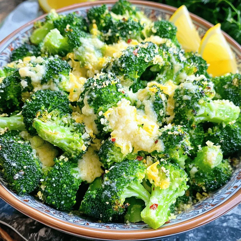 - 1 pound broccoli florets - 3 tablespoons olive oil - 4 cloves garlic, minced - 1 teaspoon onion powder - 1/2 teaspoon red pepper flakes (optional) - 1/2 teaspoon salt - 1/2 teaspoon black pepper - 1/2 cup grated Parmesan cheese - Zest and juice of 1 lemon Gathering fresh ingredients is key for great taste. I love using vibrant broccoli florets. They should look bright and firm. The olive oil adds richness and helps the broccoli get crispy. Fresh garlic brings a strong flavor that pairs well with Parmesan. Next, I add onion powder for a sweet kick. If you like heat, add the red pepper flakes. Salt and pepper balance the flavors. For the finishing touches, grated Parmesan cheese adds a savory note. Lastly, lemon zest and juice brighten the dish and bring a fresh taste. This combination creates a delicious side dish that everyone will love. Rinse the broccoli florets under cold water. This step is key for cleaning. After rinsing, dry them well with a kitchen towel. Make sure they are dry to help them crisp up in the air fryer. In a large bowl, combine the broccoli florets with olive oil, minced garlic, onion powder, red pepper flakes (if you want heat), salt, and black pepper. Toss everything well. You want each floret covered in the seasoning. This mixture adds great flavor. Preheat your air fryer to 400°F (200°C). Place the seasoned broccoli in the basket. Keep them in a single layer. This helps them cook evenly. If you have a small air fryer, you might need to cook in batches. Cook the broccoli for 8-10 minutes. Shake the basket halfway through. This ensures even cooking. The broccoli should be bright green and crisp-tender with some charred edges. Once the broccoli is done, take it out of the air fryer. Sprinkle the grated Parmesan cheese over the hot broccoli right away. Toss quickly to coat. The heat will make the cheese melt slightly. Next, add lemon zest and juice. Toss gently to mix everything. Taste it to see if it needs more salt or pepper. To get that perfect crispy texture, you must dry the broccoli well. After rinsing, pat it dry with a towel. This step helps the broccoli crisp up nicely in the air fryer. Avoid overcrowding the basket; give each floret space to breathe. If there are too many pieces, they may steam rather than fry. Cook in batches if needed. Feel free to adjust the seasonings to your taste. If you like heat, add more red pepper flakes. For a different kick, try cayenne pepper or smoked paprika. You can also play with other herbs like thyme or rosemary for extra flavor. Presentation matters! Serve the garlic Parmesan broccoli in a nice bowl. Garnish with extra lemon zest and a sprinkle of Parmesan for a bright look. Pair it with grilled chicken or fish for a complete meal. You can also enjoy it as a side to pasta dishes, giving a fresh touch to your plate. {{image_2}} You can make this dish even better by adding different cheese options. Cheddar brings a sharp taste. Feta cheese adds a nice tang. You might also try goat cheese for creaminess. Each cheese gives its own unique flavor. Just sprinkle it on after air frying, like you did with Parmesan. Broccoli is great, but other vegetables work well too. Cauliflower florets air fry just like broccoli. Brussels sprouts can also shine with this recipe. Carrots add sweetness and color. Just remember to cut them into similar sizes for even cooking. This way, you can mix and match for more variety. This recipe is easy to adapt. For a vegetarian option, just keep using the same ingredients. To make it gluten-free, check the cheese label to ensure no gluten is present. You can also use dairy-free cheese if you like. These changes let everyone enjoy this tasty dish! To keep your Air Fryer Garlic Parmesan Broccoli fresh, store it in an airtight container. Place the container in the fridge. It will stay good for about 3-4 days. Make sure the broccoli is cool before sealing it. This prevents moisture buildup and keeps it crisp. To reheat, use your air fryer for the best texture. Preheat it to 350°F (175°C). Place the broccoli in the basket and heat for about 3-5 minutes. This will help restore its crispiness. You can also use the microwave, but it may make the broccoli soft. If using the microwave, heat in short bursts and check often. You can freeze Air Fryer Garlic Parmesan Broccoli, but it may change texture. First, let it cool completely. Then, place it in a freezer-safe bag. Remove as much air as possible before sealing. It can last up to 3 months in the freezer. When ready to eat, thaw in the fridge overnight. Reheat in the air fryer for the best result. Yes, you can use frozen broccoli. However, it will change the texture. Frozen broccoli tends to be softer after cooking. This means it may not get as crispy as fresh broccoli. If you choose frozen, cook it for a few extra minutes. Make sure to shake the basket often for even cooking. To make this dish ahead, cook the broccoli and let it cool. Store it in an airtight container in the fridge. For reheating, place it back in the air fryer for about 5 minutes at 350°F. This brings back some crispiness. You can also reheat in the oven for best results. The best air fryer temperature for vegetables is 400°F (200°C). This high heat helps to cook them quickly while keeping them crisp. For softer veggies, you can lower the heat to around 350°F. Always adjust based on your air fryer model and the vegetable type. This blog post covered how to make crispy air-fried broccoli. We explored essential ingredients like broccoli, garlic, and Parmesan. I gave you detailed steps for preparation, air frying, and serving. You learned tips for achieving perfect crispiness and variations to try. In the end, air-fried broccoli is both tasty and simple. Enjoy this healthy side dish regularly! It pairs well with many meals and can be customized easily. Happy cooking!