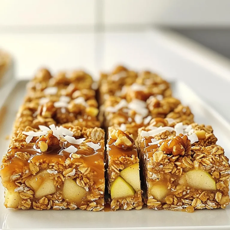 To make these tasty caramel apple granola bars, gather the following ingredients: - 2 cups rolled oats - 1 cup almond butter (or other nut butter) - 1/2 cup honey or maple syrup - 1 cup diced apples (preferably Granny Smith for tartness) - 1/2 cup shredded coconut - 1/4 cup chopped walnuts or pecans - 1 teaspoon ground cinnamon - 1/4 teaspoon salt - 1/2 cup caramel sauce (store-bought or homemade) - Optional: 1/4 cup raisins or dried cranberries These ingredients create a perfect mix of flavors and textures. The oats form the base, giving it a hearty feel. Almond butter or nut butter adds creaminess. Apples bring a fresh crunch, while coconut and nuts add delightful bites. Ground cinnamon and salt enhance the taste. The caramel sauce ties it all together with sweetness. You can customize this recipe with dried fruits if you like. This simple list of ingredients makes it easy and fun to create your own no-bake snacks. Enjoy the process and the delicious results! - Line an 8x8-inch baking dish with parchment paper. - Leave some overhang on the sides for easy removal later. - In a large bowl, combine: - 2 cups rolled oats - 1/2 cup shredded coconut - 1/4 cup chopped walnuts or pecans - 1 teaspoon ground cinnamon - 1/4 teaspoon salt - In another bowl, mix together: - 1 cup almond butter - 1/2 cup honey or maple syrup - If the almond butter is thick, microwave it for 10-15 seconds. This makes it easier to mix. - Pour the wet mixture into the bowl of dry ingredients. - Stir until everything is well coated. - Gently fold in 1 cup diced apples and any optional dried fruits. - Drizzle half of the 1/2 cup caramel sauce into the mixture. - Stir gently to mix it in. - Transfer the mixture to the prepared baking dish. - Press it down firmly and evenly with a spatula or hands. - Chill in the refrigerator for at least 2 hours. - Once set, lift the granola from the dish using the parchment overhang. - Cut into bars. - Drizzle with the remaining caramel sauce before serving. For the best flavor, use Granny Smith apples. They bring a nice tartness that balances the sweet caramel. You can also try Honeycrisp or Fuji apples for a sweeter taste. When it comes to texture, diced apples work better than sliced ones. Diced apples mix into the bars well, while slices may not blend evenly. You can adjust the sweetness by changing the honey or maple syrup amount. If you want less sugar, use less syrup. For extra sweetness, add more caramel sauce or dried fruits like raisins or cranberries. You might also try mashed bananas or applesauce for a natural sweetener. Make your bars ahead of time for a quick snack. Store them in an airtight container in the fridge for up to a week. You can also freeze them for longer storage. Just wrap each bar in plastic wrap and place them in a freezer bag. When ready, let them thaw in the fridge overnight. {{image_2}} If you want to make these bars nut-free, try using sunflower seed butter instead of almond butter. Sunflower seed butter gives a creamy texture and a mild flavor. It also adds a nice dose of protein. Just blend it with honey or maple syrup like you would with nut butter. You can enhance the flavor by adding a splash of vanilla extract. This small addition brings a warm note to your bars. You might also try adding a pinch of nutmeg or ground ginger. These spices add depth and make your bars taste even better. Don’t be afraid to experiment with different spices. Adding mix-ins can make these bars even more exciting. Consider dried fruits like raisins, cranberries, or apricots. These fruits add sweetness and chewiness. You can also toss in seeds like pumpkin or sunflower seeds for a crunch. For chocolate lovers, add chocolate chips for a sweet touch. They melt slightly into the bars, making them even more delicious. To keep your caramel apple granola bars fresh, use an airtight container. Glass containers work best. You can also use plastic containers, but ensure they seal well. Store the bars in the fridge for maximum freshness. This way, they stay firm and tasty. These granola bars last about one week in the fridge. If you notice any weird smells or changes in texture, it's time to toss them. Look for signs like stickiness or an off taste. If they seem dry or crumbly, they may not be as enjoyable. For longer storage, freeze the granola bars. Wrap each bar tightly in plastic wrap, then place them in a freezer bag. This keeps them fresh for up to three months. When you're ready to enjoy, take out a bar and let it thaw in the fridge overnight. You can also thaw them at room temperature for an hour or two. Yes, you can use different nut butters. Peanut butter works well for a nutty flavor. Cashew butter offers a creamy texture. You can even try sunflower seed butter if you want a nut-free option. Each nut butter gives a unique taste to the bars. Yes, these granola bars can be gluten-free. Rolled oats are naturally gluten-free. Just make sure to check that your oats are certified gluten-free. Some oats may have cross-contact with gluten. Always read the package to be safe. Absolutely! You can replace honey with maple syrup for a vegan option. Agave syrup is another great substitute. Both will keep the bars sweet and sticky. You can also use brown rice syrup for a different flavor. You can change the texture by adjusting the oats. For crunchier bars, add more nuts or seeds. You can also bake them for a short time if you want a firmer texture. For chewier bars, use less oats or add more nut butter. If you need a substitute for caramel sauce, try making your own. Combine brown sugar, butter, and cream for a quick version. You can also use date syrup for a healthier twist. Nut butter mixed with a touch of maple syrup makes a great spread, too. You learned how to make tasty granola bars with simple ingredients. From choosing the right apples to mixing in flavors, every step matters. You can even adjust sweetness or add new flavors. Remember, these bars are easy to prepare and store well. Try different nut butters or toppings to make your own version. Be bold and get creative! Your homemade granola bars will satisfy any snack attack. Enjoy the process and the delicious results.