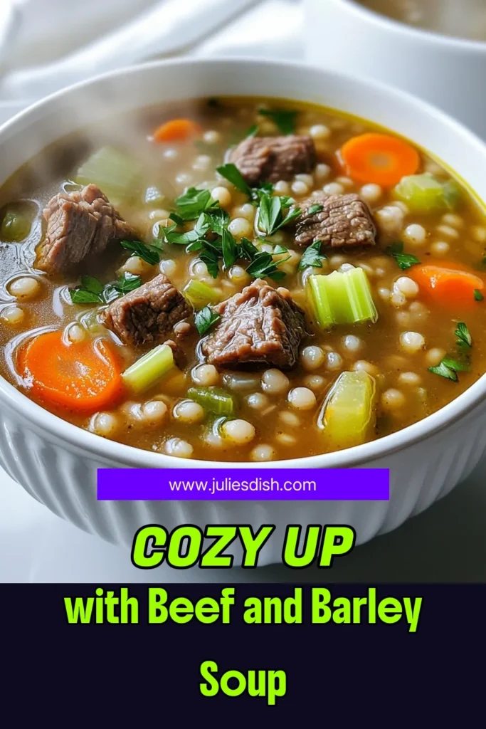 Warm up with this comforting beef and barley soup that's perfect for chilly days! Made with tender beef, hearty barley, and a blend of flavorful veggies, this slow-cooked delight is not just delicious but easy to prepare. Enjoy it with crusty bread for a wholesome meal your family will love. Ready to cozy up with a bowl? Click through for the full recipe and savor the warmth! #BeefAndBarleySoup #ComfortFood #HealthyRecipes #SlowCookerMagic