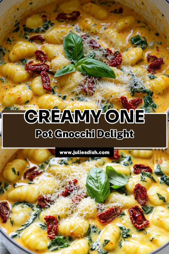 Savor the rich flavors of this Creamy Sun-Dried Tomato Gnocchi One Pot recipe that's quick and delightful! With just a handful of simple ingredients like potato gnocchi, sun-dried tomatoes, and fresh spinach, you can whip up a creamy dish in under 30 minutes. Perfect for any night of the week, this recipe is sure to impress. Click through to explore the full recipe and indulge in this comforting meal today! #GnocchiRecipe #OnePotMeal #CreamyPasta #QuickDinner