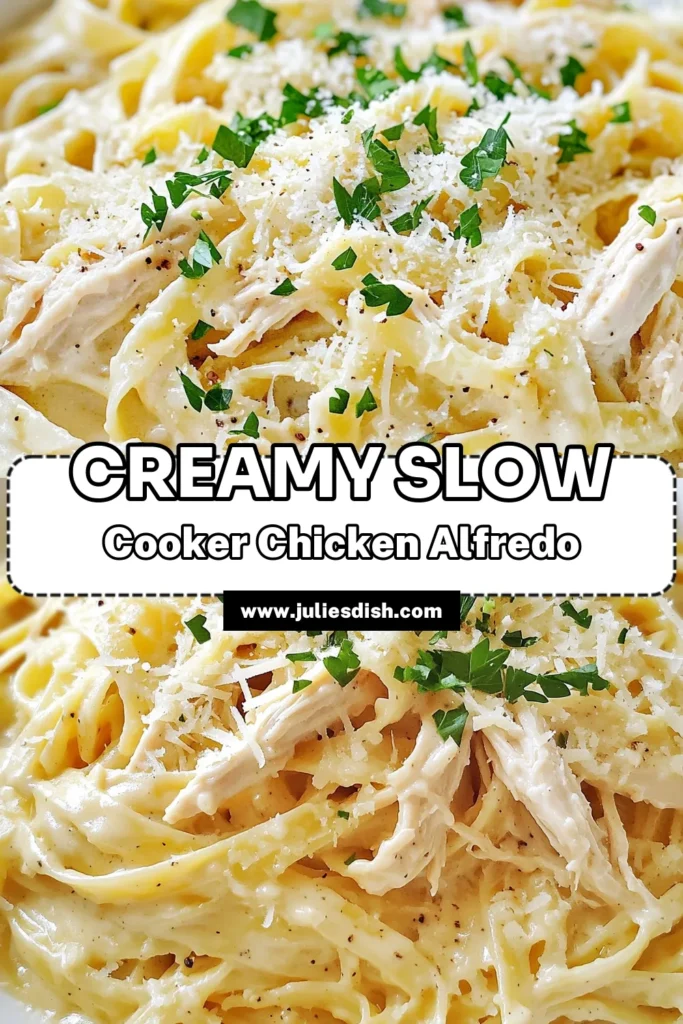 Indulge in a delightful meal with this Slow Cooker Creamy Chicken Alfredo Pasta! This simple recipe combines tender chicken, fettuccine, and rich Parmesan cheese for a creamy dish that’s perfect for busy nights. With just a few ingredients and minimal prep, you can treat your family to a delicious dinner. Click through for the full recipe and create a comforting meal they'll love! #SlowCookerRecipes #CreamyChickenAlfredo #PastaLovers #DinnerIdeas
