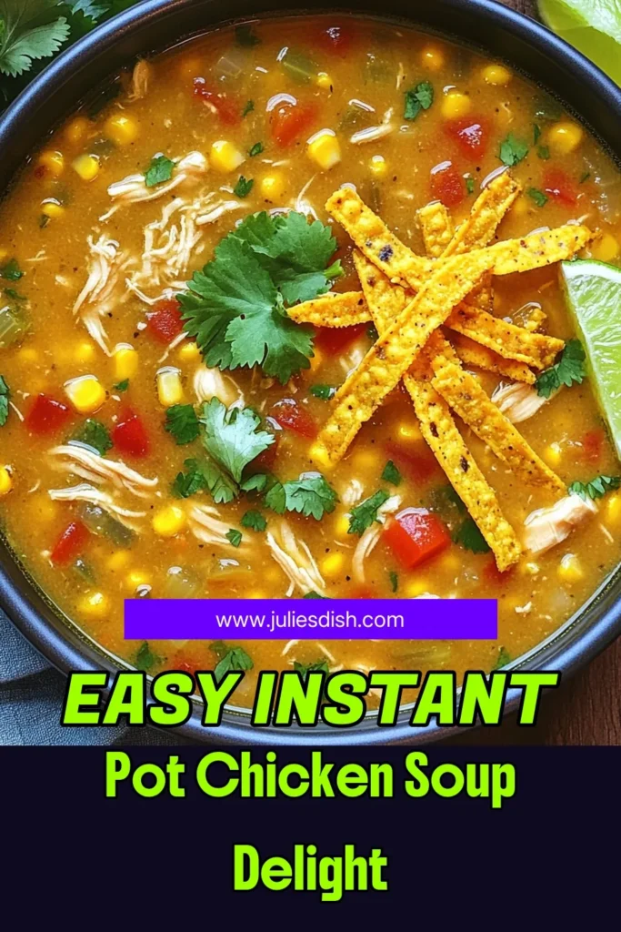Savor the flavors of this Instant Pot Chicken Tortilla Soup that's both easy and delicious! Perfect for busy weeknights, this hearty recipe combines tender chicken, vibrant veggies, and a blend of spices to create a comforting soup in just 35 minutes. Garnish with fresh cilantro and crispy tortilla strips for a delightful finish. Click through to discover the full recipe and enjoy a cozy bowl tonight! #InstantPot #ChickenTortillaSoup #CookingAtHome #QuickRecipes
