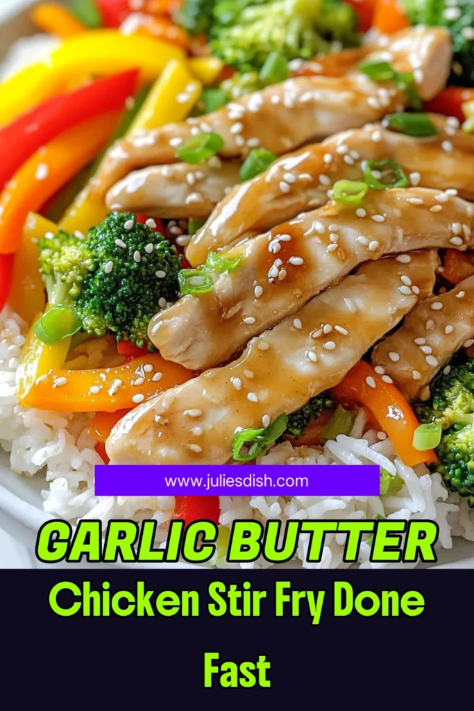 Whip up a delicious Garlic Butter Chicken Stir Fry in just 20 minutes! This mouthwatering dish features tender chicken, vibrant veggies, and a savory garlic butter sauce that pairs perfectly with jasmine rice. Perfect for busy weeknights, this recipe is simple and packed with flavor. Click through to discover the full recipe and impress your family with this tasty meal! #ChickenStirFry #EasyRecipes #DinnerIdeas #HealthyEating